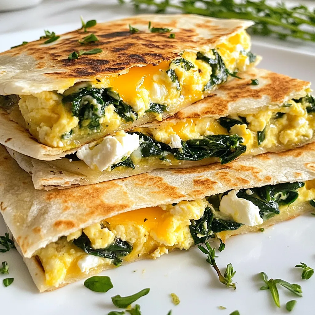 - 4 flour tortillas (8-inch size) - 2 cups fresh spinach, chopped - 1 cup feta cheese, crumbled - 1 cup shredded mozzarella cheese - 4 large eggs - 1 tablespoon olive oil - 1/4 teaspoon red pepper flakes - Fresh herbs (like parsley or cilantro) - Salt and pepper For a tasty Spinach Feta Breakfast Quesadilla, gather these main ingredients. You need flour tortillas, fresh spinach, feta cheese, mozzarella cheese, and eggs. Each ingredient adds flavor and texture to your meal. You can also add optional ingredients for extra flavor. Olive oil helps cook the spinach. Red pepper flakes give a spicy kick. Fresh herbs add a burst of freshness. Use salt and pepper to enhance flavors. When you have all your ingredients ready, you can make this dish in no time. It’s simple, quick, and perfect for breakfast or a snack. {{ingredient_image_1}} - Sautéing the spinach: Start by heating olive oil in a large skillet over medium heat. Once hot, add chopped spinach. Sauté it for 2-3 minutes until it wilts. This step brings out the flavor and makes the spinach tender. - Whisking the eggs: In a separate bowl, crack the eggs and add salt and pepper. If you want some heat, add red pepper flakes. Whisk until everything is mixed well. This mixture will create a creamy filling in your quesadilla. - Cooking the egg mixture: Pour the egg mixture into the skillet with the wilted spinach. Stir gently as it cooks. This should take about 3-4 minutes. Cook until the eggs are just set but still soft. Remove from heat to avoid overcooking. - Assembling the quesadillas: Take a tortilla and lay it flat. On one half, sprinkle shredded mozzarella cheese. Next, spoon a portion of the spinach and egg mix on top. Finish by adding crumbled feta cheese for rich flavor. - Folding and cooking: Fold the tortilla in half to make a semi-circle. Clean the skillet and place it back on low heat. Cook the quesadilla for about 3-4 minutes on each side. You want it golden brown and the cheese melted. - Slicing and garnishing: Once cooked, remove the quesadilla from the skillet. Use a sharp knife to slice it into wedges. This makes it easier to serve and eat. - Presentation tips: Serve your quesadillas on a colorful plate. Add avocado slices or a small bowl of salsa for dipping. This adds color and flavor to your meal, making it even more appealing. To make the best quesadilla, focus on even cooking. Heat the skillet on low. This helps the cheese melt well without burning the tortillas. Flip them gently. Check for a golden-brown color. This means they are ready to eat. Adjusting seasoning is key to great flavor. Start with a pinch of salt and pepper. Taste as you go. If you like spice, add red pepper flakes. This will give your quesadilla a nice kick. You can make your quesadilla unique by adding more vegetables. Try bell peppers, mushrooms, or onions. These add flavor and color to your dish. Cheese variations can also change your quesadilla. While feta and mozzarella are tasty, you might enjoy cheddar or pepper jack as well. These options can add a different twist to your meal. Pro Tips Use Fresh Spinach: Fresh spinach not only adds vibrant color but also enhances the flavor and nutrition of your quesadilla. Opt for organic spinach if possible for the best results. Customize Your Cheese: While feta and mozzarella are delicious, you can experiment with other cheeses like goat cheese or pepper jack for a different flavor profile. Perfectly Cooked Eggs: To ensure your eggs are fluffy and not overcooked, keep the heat low and stir gently. Remove them from the heat while they’re still slightly runny, as they will continue to cook off the heat. Serving Suggestions: Pair these quesadillas with a side of guacamole or a fresh salad to balance the richness of the cheese and add more nutrients to your meal. {{image_2}} You can add mushrooms or bell peppers for more flavor. Sauté sliced mushrooms with spinach for a rich taste. Bell peppers add crunch and color. Use any color you like: red, yellow, or green. This adds good nutrients and makes your quesadilla even better. If you want more protein, try adding cooked chicken or bacon. Cooked chicken adds a nice texture. Just chop it and mix it in. Bacon gives a smoky flavor. Cook it crispy, then crumble it over the eggs. Both options make your breakfast even more filling. For a spicy kick, add jalapeños or hot sauce. Slice fresh jalapeños and mix them in with the eggs. You could also drizzle hot sauce on top. This gives your quesadilla a nice heat. Adjust the spice level to suit your taste. You can store leftover quesadillas in the fridge. Place them in an airtight container. They stay fresh for about 3 days. Before covering, let them cool to room temperature. This helps prevent sogginess. When you are ready to eat, check for any signs of spoilage. Freezing quesadillas is easy and great for quick meals. Stack the quesadillas with parchment paper between each one. This keeps them from sticking together. Then, place them in a freezer bag or container. They can last for up to 2 months in the freezer. When you're ready, thaw them in the fridge overnight before reheating. To reheat, use a skillet for the best results. Heat the skillet over low to medium heat. Cook each quesadilla for about 4 minutes on each side. This keeps the tortilla crispy. You can also use an oven. Preheat the oven to 350°F and bake for about 10 minutes. Enjoy your quesadilla warm and melty! Yes, you can make these quesadillas ahead of time. To store them, let the quesadillas cool first. Then, wrap them in plastic wrap or aluminum foil. Keep them in the fridge for up to 2 days. You can also freeze them for up to a month. Just be sure to separate layers with parchment paper to prevent sticking. You can serve many tasty sides with your quesadilla. Here are some ideas: - Fresh avocado slices - Salsa for dipping - A light salad with lemon dressing - Sliced tomatoes with a sprinkle of salt - Greek yogurt for a creamy touch Making a gluten-free version is easy! Simply swap the flour tortillas for gluten-free tortillas. Many stores offer these options now. Look for brands made from rice, corn, or other gluten-free grains. Always check the label to make sure they fit your dietary needs. This article explored how to make delicious Spinach Feta Quesadillas. We covered the main and optional ingredients, step-by-step cooking instructions, and tips for perfecting this dish. You can customize it with different veggies or proteins. Consider storing leftovers properly for later enjoyment. Whether you enjoy it for breakfast or lunch, these quesadillas are quick and tasty. Now, get cooking and enjoy your flavorful creation!