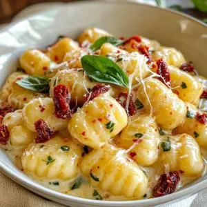 - 1 pound potato gnocchi - 1 cup sun-dried tomatoes, chopped (in oil) - 1 cup heavy cream - 1/2 cup grated Parmesan cheese - 2 tablespoons olive oil - 2 cloves garlic, minced - 1 teaspoon dried basil - Salt and pepper to taste - Fresh basil leaves for garnish To make creamy sun-dried tomato gnocchi, gather all these ingredients. The gnocchi will be the base of this dish. Use fresh or store-bought gnocchi for ease. Sun-dried tomatoes add a rich flavor and a nice texture. Make sure they are chopped and ready to use. Heavy cream brings that creamy goodness we love. Grated Parmesan cheese adds depth and a savory touch. Olive oil is key for sautéing and adds healthy fats. Garlic gives the dish a wonderful aroma and taste. Dried basil enhances the flavor profile, making it aromatic. Don’t forget salt and pepper to taste. Lastly, fresh basil leaves are perfect for garnishing. They add color and a burst of freshness. This combination of ingredients makes a delicious and satisfying meal. {{ingredient_image_1}} 1. Boil Water: Start by filling a large pot with salted water. Bring it to a rolling boil. 2. Cook Gnocchi: Add the potato gnocchi. Cook them until they float, which should take about 2-3 minutes. This means they are done! 3. Drain and Set Aside: Carefully drain the gnocchi in a colander. Set them aside while you make the sauce. 1. Heat Olive Oil: In a large skillet, pour in 2 tablespoons of olive oil. Heat it over medium heat. 2. Sauté Garlic: Add 2 minced garlic cloves to the hot oil. Sauté for about 1 minute until you smell the garlic. 3. Add Sun-Dried Tomatoes: Stir in 1 cup of chopped sun-dried tomatoes. Cook for another 2-3 minutes, letting the flavors mix well. 4. Mix in Heavy Cream: Lower the heat and pour in 1 cup of heavy cream. Stir gently to combine everything. 5. Add Cheese: Sprinkle in 1/2 cup of grated Parmesan cheese and 1 teaspoon of dried basil. Keep stirring until the cheese melts, making the sauce creamy and smooth. 1. Toss Cooked Gnocchi: Add the drained gnocchi into the skillet. Toss them in the sauce until they are well coated. 2. Simmer to Heat Through: Let the gnocchi simmer in the sauce for 2-3 minutes. Stir occasionally to ensure they heat evenly. Now, you have a delicious dish ready to serve! To avoid curdling cream, always heat it slowly. Pour the cream in after you lower the heat. Stir gently as the cream warms. This keeps the sauce smooth. For melting cheese smoothly, use grated cheese. Grating helps it melt faster. Add the cheese slowly while stirring. This way, it blends into the sauce without clumping. Look for gnocchi that floats. This means they are done. If they stick together, toss them gently in olive oil after draining. This keeps them separate and ready for the sauce. You can add spices like red pepper flakes for heat. Garlic powder also gives a nice touch. For more variety, try adding cooked chicken or spinach. These options boost both flavor and nutrition. Pro Tips Use Fresh Gnocchi: For the best texture, try to use fresh gnocchi instead of dried. Fresh gnocchi will have a lighter, fluffier texture that pairs perfectly with the creamy sauce. Customize Your Sauce: Feel free to add vegetables like spinach or mushrooms to the sauce for extra flavor and nutrition. Just sauté them with the garlic before adding the sun-dried tomatoes. Adjust the Creaminess: If you prefer a lighter sauce, substitute half of the heavy cream with chicken or vegetable broth. This will still provide great flavor without being overly rich. Garnish for Flavor: Don't skip the fresh basil garnish! It adds a burst of freshness that complements the richness of the dish beautifully. {{image_2}} You can switch things up with different cheeses. For a sharp taste, try feta or goat cheese. If you want a milder flavor, use mozzarella. Each cheese gives a new twist to your dish. If you don’t have sun-dried tomatoes, fresh tomatoes work, too. Just chop them up and cook them a bit longer. You could also use pesto for an herby touch. It adds a nice depth to the sauce. For a vegan version, use plant-based cream. Almond or coconut cream works well. They keep the creaminess while being dairy-free. You can also find vegan cheese at many stores. Look for one that melts well. This way, you still get that cheesy taste without dairy. Pair your gnocchi with a fresh side salad. A mix of greens and vinaigrette complements the dish nicely. For presentation, sprinkle some extra cheese on top. Add fresh basil leaves for color. This makes your dish look as good as it tastes. After you enjoy your creamy sun-dried tomato gnocchi, store leftovers in an airtight container. Place them in the fridge right away. This keeps them fresh and safe to eat. The gnocchi can last for about 3 days in the fridge. Just make sure to check for any signs of spoilage before you eat. To freeze the gnocchi and sauce, do it separately. Cool both down first. Then, place the gnocchi in a freezer bag. Make sure to squeeze out all the air. For the sauce, use a different container. Label both with the date. You can freeze them for up to 3 months. When you're ready to eat, thaw in the fridge overnight. Reheat the gnocchi and sauce on the stove. Use medium heat and add a splash of cream or water. This helps keep the sauce creamy. Stir often to avoid overcooking. You want the gnocchi hot, but not mushy. Enjoy your dish just like the first time you made it! Yes, you can prepare this dish in advance. Cook the gnocchi and store it separately from the sauce. To store, let the gnocchi cool completely. Place it in an airtight container. Store the sauce in another container. Both will last about three days in the fridge. When ready to serve, reheat the sauce in a pan. Add the gnocchi and heat until warm. If you need a different option, consider using other pasta types. Penne or farfalle work great. You can even use gluten-free pasta if needed. Cook it according to package instructions. The creamy sauce pairs well with many pasta shapes. Scaling up is simple! Just double or triple the ingredients. For four servings, use two pounds of gnocchi. Increase the sun-dried tomatoes and cream too. Keep the other ingredients in proportion. This way, you keep the taste rich and creamy. Adjust your cooking time slightly, if needed, to ensure even heating. In this blog post, we explored a delicious creamy sun-dried tomato gnocchi recipe. You learned about the key ingredients, step-by-step cooking instructions, and handy tips for a perfect dish. I shared variants that suit different diets and how to store leftovers for later enjoyment. Cooking gnocchi is fun and rewarding, making it a great choice for any meal. Try it out, and enjoy the creamy goodness!