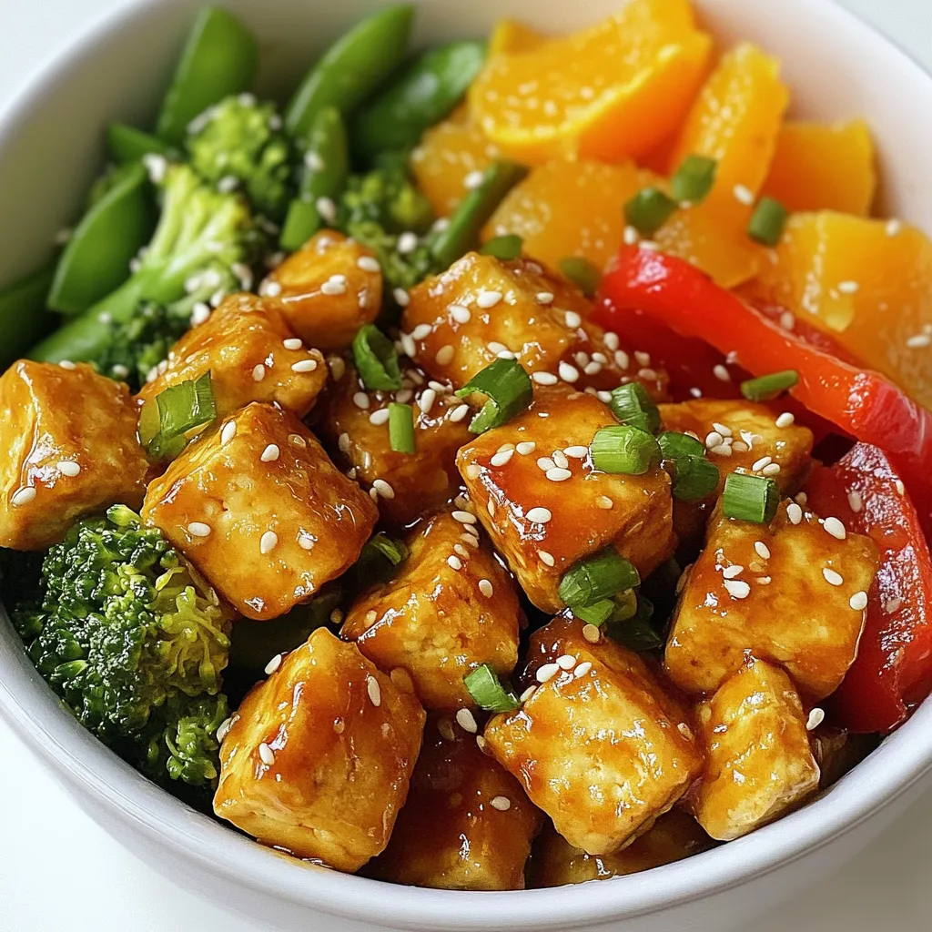 To make a delicious Sesame Orange Tofu Stir Fry, gather these ingredients: - 1 block (14 oz) firm tofu, pressed and cubed - 1 tablespoon cornstarch - 2 tablespoons sesame oil - 1 red bell pepper, sliced - 1 cup broccoli florets - 1 cup snap peas - 3 green onions, chopped - 2 cloves garlic, minced - 1 tablespoon ginger, minced - 1/2 cup fresh orange juice (about 2-3 oranges) - Zest of 1 orange - 2 tablespoons soy sauce - 1 tablespoon sesame seeds - Salt and pepper to taste The main star of this dish is the tofu. Firm tofu gives the dish texture and protein. Pressing it removes water, helping it fry better. The sesame oil adds a rich, nutty flavor that complements the orange. Fresh orange juice and zest bring a bright, citrusy taste. The bell pepper, broccoli, and snap peas add color and crunch. Garlic and ginger provide warmth and depth. If you don’t have firm tofu, try extra-firm or tempeh. You can swap sesame oil for olive oil if needed. Any colorful veggies work well; zucchini or carrots are great choices. For a soy-free option, use coconut aminos in place of soy sauce. If you're out of fresh oranges, bottled orange juice can be a quick fix, but fresh is best for flavor. {{ingredient_image_1}} First, press the tofu to remove extra water. This helps it get crispy. Cut the pressed tofu into small cubes. In a bowl, toss the cubes with cornstarch. Make sure each piece is coated well. This step gives the tofu a nice crunch when cooked. Heat a large skillet or wok over medium-high heat. Add one tablespoon of sesame oil. Once hot, add the coated tofu. Sauté the tofu for about 8 to 10 minutes. Cook until it turns golden brown on all sides. Remove the tofu and set it aside. In the same skillet, pour in the other tablespoon of sesame oil. Add the sliced red bell pepper, broccoli florets, and snap peas. Stir-fry these veggies for about 5 minutes. You want them tender but still crisp. Next, add the minced garlic and ginger. Cook for 1 to 2 minutes, until you smell their great aroma. Now, pour in the fresh orange juice and orange zest. Add the soy sauce, too. Bring this mixture to a gentle simmer. Return the tofu to the skillet. Toss everything together for 3 to 5 minutes. This helps the sauce thicken and coat all the ingredients. Season your stir fry with salt and pepper to taste. Finally, sprinkle sesame seeds on top. Remove the dish from heat and garnish with chopped green onions before serving. Enjoy your colorful and tasty meal! Pressing tofu helps remove extra water. This step is key. It makes your tofu crispier. To press tofu, wrap it in a clean towel. Place a heavy pan on top for about 15 minutes. After pressing, cut the tofu into small cubes. Toss the cubes in cornstarch. This helps to create a nice crust during cooking. To boost the orange flavor, use fresh oranges. Fresh juice tastes better than bottled juice. Zest the orange before juicing. The zest adds a strong citrus aroma. You can also add a splash of orange liqueur. This adds depth and richness to the dish. Use a hot skillet or wok for cooking. This helps brown the tofu well. Don’t overcrowd the pan; it can steam the food. Cook in batches if needed. Stir-fry the veggies quickly to keep them crisp. Add garlic and ginger last for the best flavor. Pour in the orange sauce and stir everything together. This way, every piece gets coated in that delicious sauce. Pro Tips Press Tofu Thoroughly: Make sure to press the tofu for at least 15-30 minutes to remove excess moisture, ensuring it absorbs the flavors better and achieves a crispier texture. Vegetable Crunch: For the best texture, avoid overcooking the vegetables. They should be tender yet still crisp, retaining their vibrant color and nutrients. Adjust Sweetness: Depending on the sweetness of your oranges, feel free to adjust the amount of soy sauce or add a pinch of sugar if you desire a sweeter sauce. Garnish for Flavor: Adding fresh herbs like cilantro or basil just before serving can enhance the flavor profile of the dish, giving it a fresh and aromatic finish. {{image_2}} To make your Sesame Orange Tofu Stir Fry even tastier, consider some fun add-ins. You can use: - Carrots: Shredded or sliced for crunch. - Mushrooms: Add a rich umami flavor. - Baby corn: For a sweet bite. - Cashews: They add a nice crunch and flavor. Feel free to mix and match these options. Each one brings a new taste to the dish. This recipe is already vegan, but you can enhance it. Try using coconut aminos instead of soy sauce. This adds a hint of sweetness. You can also add a splash of rice vinegar for tanginess. This will balance the orange flavor well. If you're looking for gluten-free options, swap soy sauce for tamari. It has a similar taste but works for those avoiding gluten. Ensure your tofu is labeled gluten-free too. You can also use cornstarch as a thickener, which is naturally gluten-free. This will keep your dish safe and delicious! To keep your Sesame Orange Tofu Stir Fry fresh, place it in an airtight container. Make sure the stir fry cools down before sealing it. Store it in the fridge for up to three days. If you want to keep it longer, consider freezing it. To reheat your leftovers, use a skillet over medium heat. Add a splash of water or oil to keep it moist. Stir frequently until it is hot. You can also use the microwave. Heat in short bursts, stirring in between, until warm. To freeze the stir fry, let it cool completely. Place it in a freezer-safe container or bag. Be sure to remove as much air as possible. It can stay in the freezer for up to three months. When ready to eat, thaw it in the fridge overnight before reheating. Yes, you can use many types of vegetables. Broccoli, bell peppers, and snap peas work well. You can also try carrots, zucchini, or mushrooms. Just cut them into small pieces for even cooking. Mix and match based on what you have at home! To add heat, try adding red pepper flakes or sriracha. You can stir in a teaspoon or two of your favorite hot sauce. If you like fresh heat, consider adding sliced jalapeños. Start small, then taste as you go to find your perfect spice level. This stir fry pairs well with rice or quinoa. You can also serve it with noodles if you prefer. For a light option, try it with a side salad. Adding some fresh fruit can also brighten the meal. Enjoy mixing flavors and textures! This blog post covered all you need for a tasty Sesame Orange Tofu Stir Fry. We explored key ingredients, cooking steps, and ways to enhance flavors. I shared tips for pressing tofu and cooking like a pro. Variations allow for creative tweaks, catering to different diets. Finally, we discussed how to store leftovers for future meals. Enjoy experimenting with this dish. It’s simple, fun, and packed with flavor. You’ll love making it your own.
