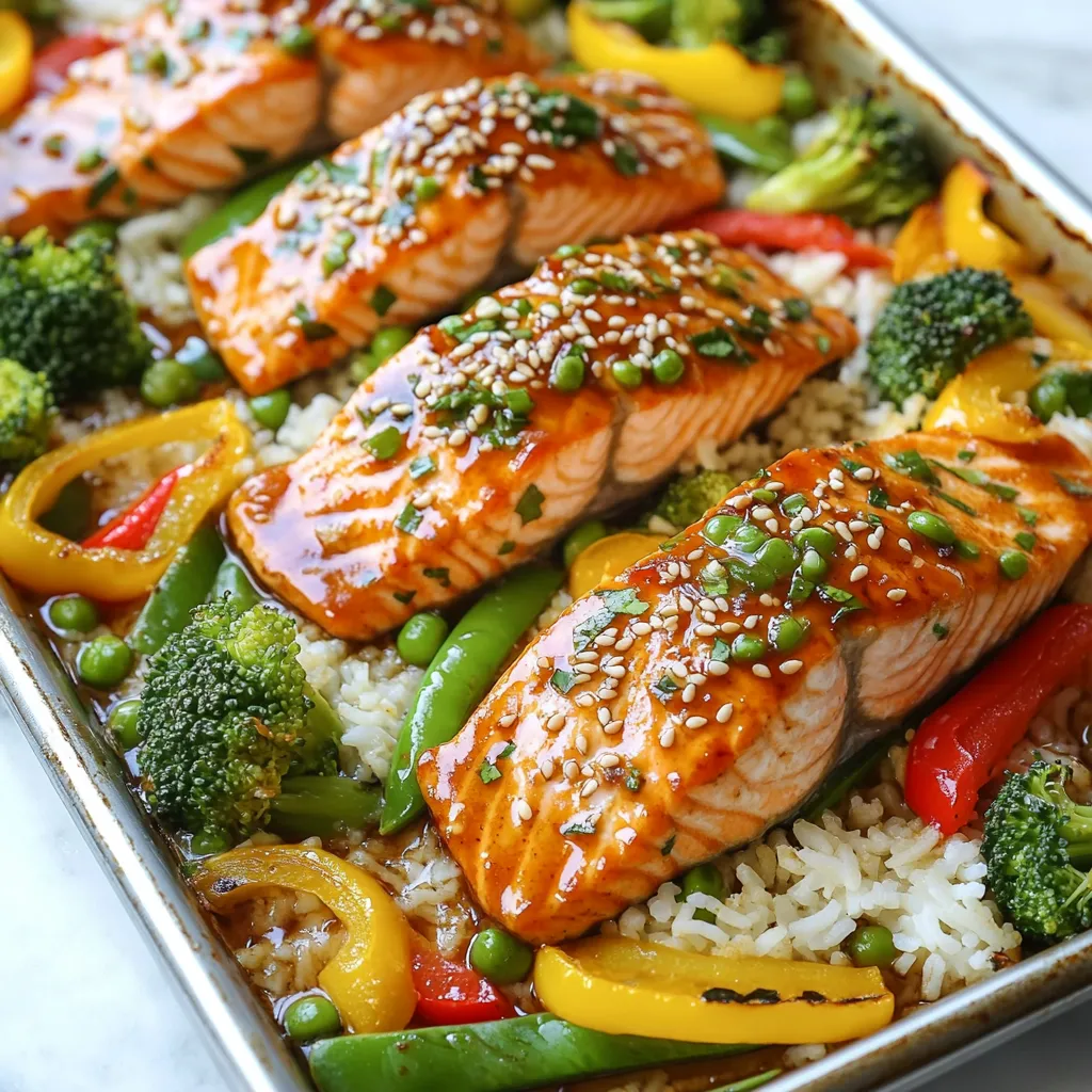 - 4 salmon fillets - 1 cup broccoli florets - 1 cup bell peppers, sliced (red and yellow) - 1 cup snap peas - 1/4 cup soy sauce (low sodium) - 2 tablespoons honey - 2 tablespoons rice vinegar - 1 tablespoon sesame oil - 2 cloves garlic, minced - 1 teaspoon ginger, grated - 1 tablespoon sesame seeds - Salt and pepper to taste - Cooked jasmine rice, for serving To make this dish shine, I use fresh salmon fillets. They bring a rich flavor that pairs well with the teriyaki sauce. I love adding bright veggies like broccoli, bell peppers, and snap peas. They not only taste great but also make the plate look colorful. The teriyaki marinade is simple yet powerful. It combines soy sauce, honey, rice vinegar, sesame oil, minced garlic, and grated ginger. Each ingredient adds a unique flavor that makes the salmon taste amazing. Don’t forget the sesame seeds! They add a nice crunch and look great on the dish. Sprinkling salt and pepper enhances all the flavors. Finally, serve the salmon over jasmine rice. This way, the rice soaks up the delicious sauce. Enjoy! {{ingredient_image_1}} - Preheat the oven to 400°F (200°C). - Line a large baking sheet with parchment paper. This makes cleanup easy. - In a small bowl, whisk together: - 1/4 cup soy sauce (low sodium) - 2 tablespoons honey - 2 tablespoons rice vinegar - 1 tablespoon sesame oil - 2 cloves garlic, minced - 1 teaspoon ginger, grated This marinade adds a sweet and savory touch to the salmon. - Place 4 salmon fillets on one side of the baking sheet. - Season them with salt and pepper to taste. - Pour half the teriyaki marinade over the salmon. Make sure they are well coated. - In another bowl, toss: - 1 cup broccoli florets - 1 cup sliced bell peppers (red and yellow) - 1 cup snap peas - Coat the veggies with the remaining marinade. Arrange them on the other side of the baking sheet. - Sprinkle 1 tablespoon sesame seeds over the salmon and vegetables. - Bake in the preheated oven for 15-20 minutes. - Check for doneness. The salmon should flake easily with a fork, and the veggies should be tender yet crisp. This simple process leads to a delicious meal! - Use fresh salmon for the best flavor. Fresh salmon tastes better and cooks well. - A meat thermometer helps check doneness. Salmon is perfect at 145°F (63°C). - You can customize the marinade. Add spices like red pepper flakes for heat. - Marinate the salmon for extra flavor. If you have time, let it sit for 30 minutes. - Serve the salmon with jasmine rice to soak up the sauce. - Add colorful veggies to the plate for a nice look. - Drizzle extra marinade over the dish for more flavor. Pro Tips Marinade Time: For enhanced flavor, let the salmon marinate for at least 30 minutes, or up to 2 hours in the refrigerator before baking. Vegetable Variations: Feel free to mix and match your favorite veggies, such as carrots, zucchini, or asparagus, to add variety and nutrition to the dish. Perfectly Cooked Salmon: Use a meat thermometer to ensure the salmon reaches an internal temperature of 145°F (63°C) for optimal doneness. Serving Suggestions: Add a sprinkle of chopped green onions or a squeeze of lime juice right before serving for an extra burst of flavor. {{image_2}} You can switch the broccoli, bell peppers, and snap peas with other tasty veggies. Try using zucchini, carrots, or asparagus for a new flavor. Seasonal veggies like green beans in spring or squash in fall add freshness. Mixing colors makes your dish more appealing and fun. If you prefer chicken or tofu, you can easily swap them for salmon. For chicken, use boneless, skinless breasts. Cook them for about 20-25 minutes. If you choose tofu, press it to remove extra water. Cut it into cubes and bake for 15-20 minutes. Adjust the marinade to soak in more flavor. To heat things up, add spices or chili flakes to the marinade. You can also toss in fresh herbs like cilantro or basil for a bright taste. A squeeze of lime or lemon juice adds a zesty punch. These small changes can make your meal feel completely new. To store leftovers, first let the salmon and veggies cool. Place them in an airtight container. Keep it in the fridge for up to three days. When you reheat salmon, use low heat to keep it moist. A microwave works well; just cover it with a damp paper towel. You can also use an oven at 300°F (150°C) for about ten minutes. This helps keep the fish flaky. You can freeze leftover teriyaki salmon. Wrap each piece tightly in plastic wrap, then place it in a freezer bag. This helps prevent freezer burn. For the veggies, store them in a separate bag. They freeze well for up to three months. To thaw, move the salmon to the fridge overnight. You can reheat it in the oven or microwave, just like before. Stored salmon and vegetables last about three days in the fridge. After that, the quality may drop. Check for off smells or slimy textures. If you see any of these signs, it's best to throw it away. Proper storage keeps your meal fresh and safe to eat. Cooking teriyaki salmon takes about 15 to 20 minutes. The oven should be set to 400°F (200°C). Factors like thickness of the salmon and oven type can change the time slightly. Always check if the salmon flakes easily with a fork. This shows it is done. Yes, you can prep this meal ahead. Marinade the salmon in the teriyaki sauce for extra flavor. You can chop the veggies and store them in the fridge. This way, you save time on busy days. Just bake everything when you are ready to eat. If you need a rice substitute, try brown rice or quinoa. Both add a nutty taste and are healthy. You could also use cauliflower rice for a low-carb option. Each of these sides pairs well with the teriyaki flavors. This recipe offers a simple way to enjoy teriyaki salmon with fresh veggies. We covered main ingredients, step-by-step cooking, and tips for perfect results. Remember, you can customize the dish with different proteins and veggies. With proper storage, leftovers can be just as tasty. So, get ready to impress family and friends with this healthy and flavorful meal. Enjoy your cooking journey, and savor every bite!