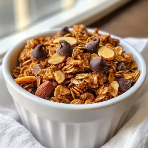- 2 cups rolled oats - 1/2 cup natural peanut butter - 1/4 cup honey or maple syrup - 1/4 cup cocoa powder - 1/2 cup chopped almonds - 1/2 cup dark chocolate chips - 1/2 teaspoon vanilla extract - 1/4 teaspoon salt What can I use instead of peanut butter? You can try almond butter or sunflower seed butter. Both options give a great taste and texture. Can I use something else instead of honey? Yes! Maple syrup works well too. It adds a nice sweetness without the strong flavor of honey. How do I choose the right cocoa powder? Look for unsweetened cocoa powder. It gives the best chocolate taste. You can also use Dutch-processed cocoa for a smoother flavor. {{ingredient_image_1}} - Preheat your oven to 350°F (175°C) and line a baking sheet with parchment paper. This step gets your oven ready and helps the granola not stick. - In a large mixing bowl, combine 2 cups of rolled oats, 1/2 cup of chopped almonds, 1/4 cup of cocoa powder, and 1/4 teaspoon of salt. This dry mix forms the base of your granola and adds great texture. - In a small saucepan over low heat, melt 1/2 cup of natural peanut butter and 1/4 cup of honey or maple syrup together until smooth. Stir continuously to blend well. Once melted, remove from heat and add 1/2 teaspoon of vanilla extract for flavor. - Pour the warm peanut butter mixture over the oat mixture. Mix it thoroughly until all the oats are well-coated. This binds everything and gives your granola that delicious peanut butter flavor. - Spread the mixture evenly on the baking sheet in a thin layer. This helps it cook evenly and become crispy. - Bake in the preheated oven for 20-25 minutes, stirring halfway through. This step ensures even cooking and helps prevent burning. Watch for a golden brown color, which means it is done. - Remove the granola from the oven and let it cool completely on the baking sheet. Once cooled, mix in 1/2 cup of dark chocolate chips. They will melt slightly and create pockets of chocolate goodness. To get that perfect crunch, stirring during baking is key. When you stir the granola halfway through baking, it helps the mixture cook evenly. This way, every piece gets golden brown and crispy. After baking, let the granola cool completely on the baking sheet. This step is crucial. As it cools, it becomes even crunchier. If you rush this step, you may end up with soft granola. You can take your granola to the next level with optional add-ins. Try adding dried fruits like cranberries or raisins for more sweetness. You can also mix in seeds like chia or pumpkin for texture. Balancing sweetness is important too. If you like it sweeter, add a bit more honey or maple syrup. If you prefer a less sweet taste, reduce the sweetener. Taste as you mix to find your perfect balance. Peanut Butter Chocolate Granola is great with yogurt or milk. Just scoop some granola on top for a tasty breakfast or snack. You can also use it in smoothies. Just blend a handful into your smoothie for an extra crunch. If you want a grab-and-go snack, press the mixture into a pan and cut it into bars. These make perfect snacks for busy days! Pro Tips Use Fresh Ingredients: Ensure your oats, nuts, and chocolate chips are fresh for the best flavor and texture. Control the Sweetness: Adjust the amount of honey or maple syrup according to your sweetness preference. Customize Your Nuts: Feel free to substitute almonds with your favorite nuts like walnuts or pecans for a different flavor profile. Storage Matters: Keep the granola in an airtight container to maintain its crunchiness for a longer period. {{image_2}} You can make your peanut butter chocolate granola even better. One way is to add different nuts or seeds. Think about using walnuts, pecans, or even pumpkin seeds. Each nut offers a unique taste and crunch. Try to mix and match to find your favorite combo. You can also switch up the chocolate type. Dark chocolate is rich and bold. But milk chocolate gives a sweeter, creamier taste. Decide what you like best and use that chocolate. This will give your granola a personal touch. If you need gluten-free options, don’t worry! Just choose certified gluten-free oats. This way, you can enjoy the granola without any gluten concerns. It tastes just as great as the regular version. For vegan variations, swap honey with maple syrup. This keeps the recipe plant-based but still sweet. You can enjoy this yummy snack while sticking to your diet. Seasons bring new flavors, so let’s use that! In summer, add fresh fruits like berries or bananas. They mix well with the granola and add a tasty twist. During the holidays, think about adding spices like cinnamon or nutmeg. You can also use festive ingredients like dried cranberries or pumpkin seeds. This makes your granola perfect for any season or celebration. Store your peanut butter chocolate granola in an airtight container. Glass jars work well, but plastic containers are fine too. Make sure the lid seals tightly to keep air out. This helps the granola stay fresh and crispy. Keep the container in a cool, dry place, away from sunlight. Avoid storing it near the stove or oven, as heat can make it go stale. When stored correctly, your granola can last up to two weeks. After that, it may lose its crunch. Signs of spoilage include a soft texture or an odd smell. If you notice these signs, it’s best to toss the granola. Always trust your senses when checking for freshness. Freezing granola is a great way to save it for later. To freeze, place the granola in a freezer-safe bag. Squeeze out as much air as you can before sealing. You can store it in the freezer for up to three months. When you're ready to eat, take it out and let it thaw at room temperature. You can also use the microwave for quick thawing. Just heat it for a few seconds in a bowl. Enjoy your crunchy snack whenever you want! To make your granola crispy, follow these tips: - Bake at 350°F for 20-25 minutes. - Stir halfway through baking. - Spread the mixture in a thin layer on the pan. - Let it cool completely after baking. When you cool the granola, it firms up. This step is key to keeping a crunchy texture. Yes, you can swap peanut butter with almond or cashew butter. Each nut butter offers a unique flavor. Almond butter adds a mild, nutty taste. Cashew butter brings a creamy texture. Keep in mind that these butters may change the granola’s final taste. You may need to adjust sweetness too. Peanut Butter Chocolate Granola has many health benefits. Here’s a quick breakdown: - Rolled oats provide fiber, which aids digestion. - Peanut butter offers healthy fats and protein. - Honey or maple syrup gives natural sweetness. - Cocoa powder contains antioxidants. This granola can be a nutritious snack or breakfast. It’s full of energy and keeps you full longer. Enjoy it with yogurt or on its own! In this blog post, we explored how to make delicious Peanut Butter Chocolate Granola. We covered the key ingredients, step-by-step instructions, and tips for perfecting the crunch. You can customize the flavor and fit dietary needs too. Remember, storing it right keeps your granola fresh longer. As you create your own version, enjoy experimenting with flavors and combinations. This treat is not just tasty but also a great source of energy! Happy cooking!