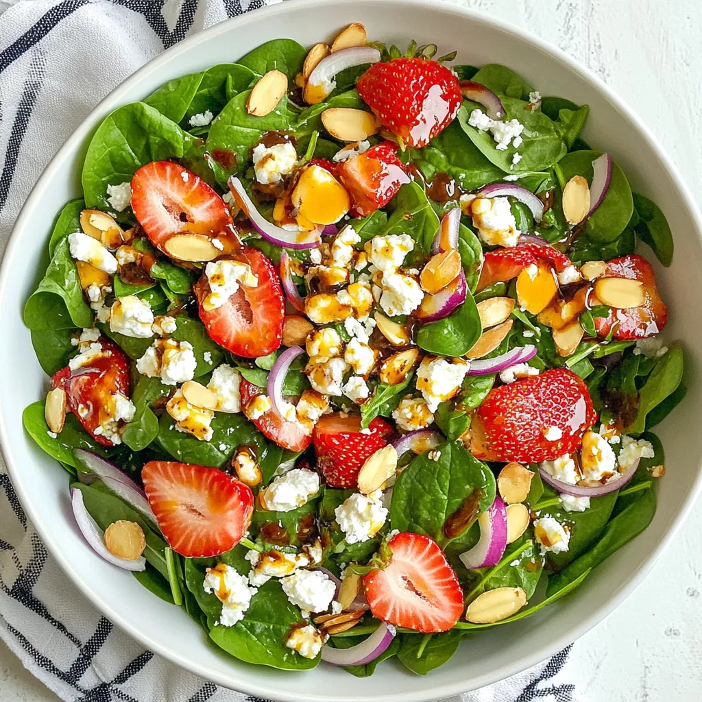 - 4 cups fresh spinach leaves, washed and dried - 2 cups strawberries, hulled and sliced - 1/4 cup feta cheese, crumbled - 1/4 red onion, thinly sliced I love using fresh spinach leaves for this salad. They are crisp and full of vitamins. Strawberries add a sweet touch. You can slice them to fit well with the salad. Feta cheese brings a creamy texture and salty taste. The red onion gives a nice crunch and flavor balance. - 1/4 cup almonds, sliced or slivered - 1/4 cup balsamic vinegar - 2 tablespoons honey - 1/4 cup olive oil Sliced almonds add a nutty crunch. They also give healthy fats that are good for you. Balsamic vinegar adds a tangy zing to the dressing. Honey sweetens the dressing naturally. Olive oil helps blend all flavors together smoothly. - Salt - Pepper Season with salt and pepper to taste. These simple spices enhance all the fresh flavors. Use them wisely to boost the taste of your salad. {{ingredient_image_1}} First, grab a small bowl. In this bowl, whisk together the balsamic vinegar, honey, and olive oil. Mix until everything blends well. This step is key for great flavor. Next, taste the dressing. Add salt and pepper as needed. Adjust it to fit your taste buds. Now, take a large salad bowl. Combine the fresh spinach leaves, sliced strawberries, crumbled feta cheese, sliced almonds, and thinly sliced red onion. Gently mix these ingredients together. You want to see all the colors in your salad. After that, drizzle your prepared dressing over the salad. Toss everything gently until all the ingredients are coated. This helps the flavors mix well. For a great look, serve the salad in a large bowl for family-style sharing. You can also plate it individually. For an elegant touch, sprinkle extra feta and almonds on top. Add a few whole strawberries for a pop of color. Serve the salad right away to enjoy the fresh taste. If you want, you can refrigerate it for up to 30 minutes. This allows the flavors to meld nicely, but it’s best enjoyed fresh. - Alternatives for feta cheese: You can use goat cheese if you want a similar taste. Another option is ricotta for a creamier texture. For a dairy-free choice, try crumbled tofu, which soaks up flavors well. - Different nuts to consider: If you want a crunch without almonds, try walnuts or pecans. Both add unique flavors and textures. Sunflower seeds are a great nut-free option, too. - Adjusting sweetness or acidity: You can make the salad sweeter by adding more honey. If you want it tangier, add more balsamic vinegar. Balance is key! - Adding herbs for extra freshness: Fresh mint or basil can liven up the salad. Just a few leaves can add a burst of flavor. Cilantro also works well if you enjoy its taste. - Best practices for prep ahead: You can wash and slice strawberries a few hours before serving. Keep them in the fridge to stay fresh. Prepare the dressing in advance, too. Store it in a jar and shake before using. Mix all the salad ingredients just before serving for the best texture. Pro Tips Use Fresh Ingredients: Always opt for fresh spinach and ripe strawberries for the best flavor and texture in your salad. Customize Your Nuts: Feel free to substitute almonds with walnuts or pecans for a different crunch and flavor profile. Chill Your Salad: Let the salad sit in the refrigerator for 30 minutes before serving to enhance the flavors as they meld together. Presentation Matters: For an elegant touch, serve individual portions with extra feta and strawberries on top as a garnish. {{image_2}} You can add other fruits to your strawberry spinach salad. Blueberries, raspberries, or sliced peaches work well. These fruits bring a burst of flavor. You can also use seasonal fruits. In summer, try fresh peaches or nectarines. In fall, consider apples or pears. Each fruit adds its own sweetness and texture. Mixing fruits keeps the salad exciting. Adding protein makes the salad more filling. Grilled chicken or shrimp is a great choice. They add a nice texture and flavor. If you prefer vegetarian options, quinoa is a smart choice. It’s packed with protein and has a nutty taste. You can also add beans for extra fiber. These proteins make your salad a full meal. You can experiment with different dressings for your salad. A honey mustard dressing gives a sweet touch. A lemon vinaigrette adds a fresh zing. Store-bought dressings are quick but check the labels. Homemade dressings are often healthier and tastier. You can whisk together olive oil, vinegar, and your favorite herbs. This way, you control the flavors and ingredients. Store your salad in a clean, dry container. I recommend using an airtight container. This helps keep the salad fresh. Place it in the fridge right away. The salad stays fresh for about 2 days. However, the spinach may wilt over time. To keep it crisp, store the dressing separately. Add it just before you eat. You can freeze this salad, but I do not suggest it. Freezing changes the texture of fresh ingredients. If you must freeze it, do this: store the spinach and strawberries separately. Place them in freezer-safe bags. When ready to use, thaw them in the fridge overnight. After thawing, enjoy them in smoothies or as a topping, not as a salad. Spinach is rich in vitamins A and C. It also has iron, which helps your blood. Strawberries are full of antioxidants and fiber. They can aid digestion and improve heart health. Together, they create a tasty and healthy salad. You can prepare the salad ahead. Just mix the spinach, strawberries, and other ingredients. However, keep the dressing separate until you are ready to eat. This keeps the salad fresh and crisp. If you want a change from feta, use goat cheese. It has a similar texture but a creamier taste. You can also try ricotta or a vegan cheese for a different flavor. Yes, you can make this salad vegan easily. Just leave out the feta cheese. Use a vegan cheese or skip the cheese entirely. The salad will still taste great! To keep the salad fresh, store it in an airtight container. Keep the dressing in a separate container. This way, the salad won’t get soggy and can last longer in the fridge. This blog post outlined the key ingredients, instructions, tips, and variations for a fresh and delicious salad. You learned how to prepare a tasty dressing and assemble your salad with vibrant produce and nuts. I shared how to enhance flavors and suggested delicious mix-ins. Remember to store leftovers properly for the best taste. With these steps and tips, you can enjoy a healthy meal that's simple and satisfying. Embrace your creativity and have fun with this salad!