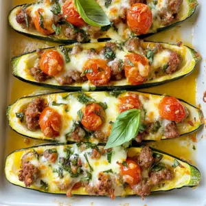 - 4 medium zucchinis - 1 lb Italian sausage (mild or spicy based on preference) - 1 cup cherry tomatoes, halved - 1/2 cup red onion, finely chopped - 2 cloves garlic, minced - 1 teaspoon dried oregano - 1 teaspoon dried basil - 1/2 teaspoon crushed red pepper flakes (optional) - 1 cup shredded mozzarella cheese - Salt and pepper to taste - 2 tablespoons olive oil - Fresh basil leaves, for garnish You can swap the Italian sausage for ground turkey or chicken. This option makes it lighter. If you want a vegetarian dish, try using lentils or black beans instead. For the cheese, you can use cheddar or a dairy-free alternative. If you don't have cherry tomatoes, you can use diced regular tomatoes. Fresh herbs can replace dried ones if you have them. Just use three times the amount of fresh herbs. Each serving of Italian sausage stuffed zucchini boats has about 400 calories. You get around 25 grams of protein from the sausage and cheese. The zucchini adds vitamins A and C. This dish is also a good source of fiber, thanks to the zucchini and tomatoes. It is low in carbs, making it a great option for many diets. {{ingredient_image_1}} Start by preheating your oven to 375°F (190°C). This ensures even cooking for your zucchini boats. Next, take the zucchinis and cut them in half lengthwise. Use a spoon to scoop out the center of each half, making them look like little boats. Keep the scooped-out flesh. We will use it later. Chop the red onion and mince the garlic. You want small pieces to blend well in the filling. Halve the cherry tomatoes. This adds a sweet flavor and juicy texture to the dish. Heat 2 tablespoons of olive oil in a skillet over medium heat. Add the chopped red onion and minced garlic. Sauté them for about 2-3 minutes. You want the onion to be soft and slightly see-through. Next, add 1 pound of Italian sausage to the skillet. Break it apart with a spatula as it cooks. Let it brown for about 5-7 minutes. Stir often to cook it evenly. Once the sausage is browned, stir in the halved cherry tomatoes and the reserved zucchini flesh, which you chopped earlier. Add 1 teaspoon of dried oregano, 1 teaspoon of dried basil, and salt and pepper to taste. If you like some heat, add 1/2 teaspoon of crushed red pepper flakes. Cook this mixture for an additional 5 minutes until the tomatoes soften. After that, turn off the heat. Mix in half of the shredded mozzarella cheese. This will help bind the filling together. Take a baking dish and place the zucchini boats cut side up. Fill each boat generously with the sausage mixture. Be sure to pack it in well. Sprinkle the remaining mozzarella cheese on top of each stuffed zucchini. This will create a tasty, cheesy crust when baked. Cover the dish with foil and place it in the oven. Bake for 20 minutes. After that, remove the foil and bake for another 10-15 minutes. Look for bubbly, golden cheese on top. Once done, carefully take the dish out of the oven. Let the zucchini boats cool for a few minutes. Garnish with fresh basil leaves for a touch of color and flavor before serving. Enjoy your tasty meal! To get the best flavor from Italian sausage, choose a good brand. You can use mild or spicy sausage based on your taste. I like to break it apart in the skillet as it cooks. This helps the meat brown evenly. Don’t rush this step. Take your time to cook it well. Adding garlic and onions early boosts the flavor too. Sauté them until soft and fragrant before adding the sausage. For perfect zucchini boats, pick medium zucchinis. They hold the filling well without being too large. Cut them in half lengthwise and scoop out the center gently. Leave some flesh to keep them sturdy. Preheat your oven to 375°F before you start. This helps the boats cook evenly. Bake them covered with foil first. This keeps them moist. Remove the foil later to let the cheese brown nicely. To achieve that gooey, melted cheese we all love, use fresh mozzarella. Shredded cheese melts better but fresh adds great flavor. Mix half of the cheese into the sausage filling. This ensures it blends well. Sprinkle the remaining cheese on top for that bubbly finish. Bake until golden and bubbly, about 10-15 minutes after removing the foil. For extra flavor, broil them for a minute at the end. Just watch closely to avoid burning! Pro Tips Choose Your Sausage Wisely: Use high-quality Italian sausage for the best flavor. If you prefer a milder taste, go for the mild sausage, but if you like a kick, opt for the spicy variety. Don’t Waste the Zucchini Flesh: Incorporate the scooped-out zucchini flesh into the sausage mixture for added moisture and flavor. It reduces waste and enhances the dish. Experiment with Cheese: While mozzarella is classic, feel free to mix in other cheeses such as parmesan or provolone for a more complex flavor profile. Make Ahead: Prepare the stuffed zucchini boats in advance and refrigerate them. Bake them just before serving for a quick and delicious meal. {{image_2}} You can change the meat in this recipe for a new taste. Try ground turkey or chicken. These meats are leaner but still tasty. If you want more spice, use hot Italian sausage. For a milder flavor, go for sweet sausage. You can also mix meats for added depth. If you want a vegetarian meal, swap the sausage for lentils or mushrooms. Cook the lentils as you would the sausage. If using mushrooms, sauté them until soft. Add more veggies like bell peppers or spinach for extra flavor. This keeps the dish hearty and satisfying. Toppings can change the whole dish. For a crunchy texture, add breadcrumbs on top before baking. You can also use different cheeses like Parmesan or feta. A sprinkle of fresh herbs like parsley or thyme can add brightness. These tweaks let you customize each bite just how you like. After making Italian sausage stuffed zucchini boats, store any leftovers in a sealed container. Keep them in the fridge for up to three days. This meal stays tasty and safe to eat as long as you store it properly. When you want to eat it again, just take it out and enjoy! If you want to save some for later, freezing is a great option. First, let the zucchini boats cool completely. Then, wrap each boat in plastic wrap and place them in a freezer-safe bag. They can last up to three months in the freezer. When you’re ready to eat, just thaw them in the fridge overnight. To reheat your zucchini boats, you have a few options. The oven is best for keeping the cheese nice and gooey. Preheat your oven to 350°F (175°C). Place the boats on a baking sheet and cover with foil. Heat for about 15-20 minutes. You can also use the microwave for a quicker option. Heat for 1-2 minutes, checking every 30 seconds. Enjoy your delicious meal again! Yes, you can use other vegetables. Bell peppers, eggplant, or mushrooms all work well. Just hollow them out like zucchinis. Each veggie brings its own taste and texture. Experiment to find your favorite. Zucchinis are done when they are tender and the cheese is golden. You can poke them with a fork to test for softness. If they yield easily, they are ready. Look for a nice, bubbly cheese on top too. Yes, you can make it ahead. Prepare the stuffed zucchinis and store them in the fridge. Cover them tightly with foil or plastic wrap. Bake them when you’re ready to eat. Just add a few extra minutes to the baking time if they are cold. This blog post covered all you need to know about making zucchini boats. We looked at ingredients, cooking steps, and tips for great flavor. You learned about meat options and how to store your dish. I hope the cooking tricks help you enjoy every bite. Now, you can make tasty zucchini boats anytime. Enjoy experimenting with different flavors and ingredients!