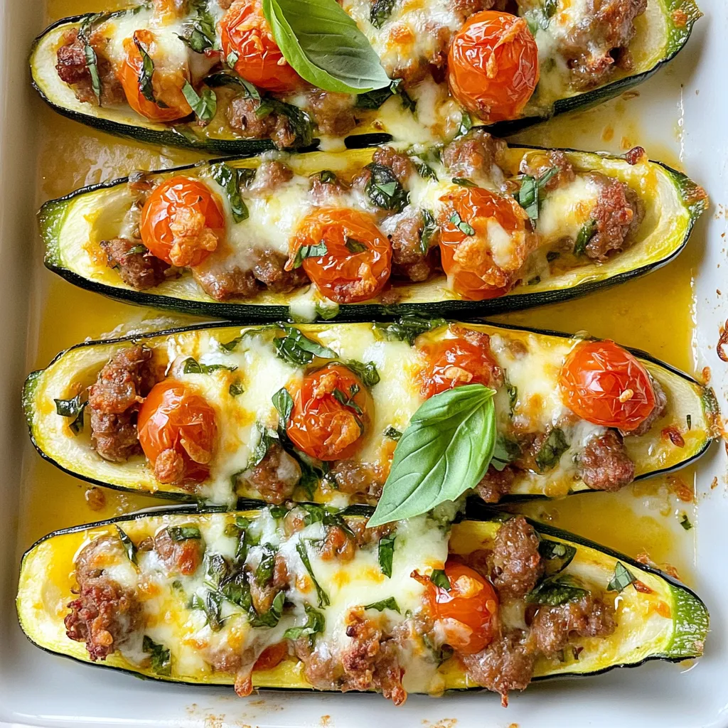 - 4 medium zucchinis - 1 lb Italian sausage (mild or spicy based on preference) - 1 cup cherry tomatoes, halved - 1/2 cup red onion, finely chopped - 2 cloves garlic, minced - 1 teaspoon dried oregano - 1 teaspoon dried basil - 1/2 teaspoon crushed red pepper flakes (optional) - 1 cup shredded mozzarella cheese - Salt and pepper to taste - 2 tablespoons olive oil - Fresh basil leaves, for garnish You can swap the Italian sausage for ground turkey or chicken. This option makes it lighter. If you want a vegetarian dish, try using lentils or black beans instead. For the cheese, you can use cheddar or a dairy-free alternative. If you don't have cherry tomatoes, you can use diced regular tomatoes. Fresh herbs can replace dried ones if you have them. Just use three times the amount of fresh herbs. Each serving of Italian sausage stuffed zucchini boats has about 400 calories. You get around 25 grams of protein from the sausage and cheese. The zucchini adds vitamins A and C. This dish is also a good source of fiber, thanks to the zucchini and tomatoes. It is low in carbs, making it a great option for many diets. {{ingredient_image_1}} Start by preheating your oven to 375°F (190°C). This ensures even cooking for your zucchini boats. Next, take the zucchinis and cut them in half lengthwise. Use a spoon to scoop out the center of each half, making them look like little boats. Keep the scooped-out flesh. We will use it later. Chop the red onion and mince the garlic. You want small pieces to blend well in the filling. Halve the cherry tomatoes. This adds a sweet flavor and juicy texture to the dish. Heat 2 tablespoons of olive oil in a skillet over medium heat. Add the chopped red onion and minced garlic. Sauté them for about 2-3 minutes. You want the onion to be soft and slightly see-through. Next, add 1 pound of Italian sausage to the skillet. Break it apart with a spatula as it cooks. Let it brown for about 5-7 minutes. Stir often to cook it evenly. Once the sausage is browned, stir in the halved cherry tomatoes and the reserved zucchini flesh, which you chopped earlier. Add 1 teaspoon of dried oregano, 1 teaspoon of dried basil, and salt and pepper to taste. If you like some heat, add 1/2 teaspoon of crushed red pepper flakes. Cook this mixture for an additional 5 minutes until the tomatoes soften. After that, turn off the heat. Mix in half of the shredded mozzarella cheese. This will help bind the filling together. Take a baking dish and place the zucchini boats cut side up. Fill each boat generously with the sausage mixture. Be sure to pack it in well. Sprinkle the remaining mozzarella cheese on top of each stuffed zucchini. This will create a tasty, cheesy crust when baked. Cover the dish with foil and place it in the oven. Bake for 20 minutes. After that, remove the foil and bake for another 10-15 minutes. Look for bubbly, golden cheese on top. Once done, carefully take the dish out of the oven. Let the zucchini boats cool for a few minutes. Garnish with fresh basil leaves for a touch of color and flavor before serving. Enjoy your tasty meal! To get the best flavor from Italian sausage, choose a good brand. You can use mild or spicy sausage based on your taste. I like to break it apart in the skillet as it cooks. This helps the meat brown evenly. Don’t rush this step. Take your time to cook it well. Adding garlic and onions early boosts the flavor too. Sauté them until soft and fragrant before adding the sausage. For perfect zucchini boats, pick medium zucchinis. They hold the filling well without being too large. Cut them in half lengthwise and scoop out the center gently. Leave some flesh to keep them sturdy. Preheat your oven to 375°F before you start. This helps the boats cook evenly. Bake them covered with foil first. This keeps them moist. Remove the foil later to let the cheese brown nicely. To achieve that gooey, melted cheese we all love, use fresh mozzarella. Shredded cheese melts better but fresh adds great flavor. Mix half of the cheese into the sausage filling. This ensures it blends well. Sprinkle the remaining cheese on top for that bubbly finish. Bake until golden and bubbly, about 10-15 minutes after removing the foil. For extra flavor, broil them for a minute at the end. Just watch closely to avoid burning! Pro Tips Choose Your Sausage Wisely: Use high-quality Italian sausage for the best flavor. If you prefer a milder taste, go for the mild sausage, but if you like a kick, opt for the spicy variety. Don’t Waste the Zucchini Flesh: Incorporate the scooped-out zucchini flesh into the sausage mixture for added moisture and flavor. It reduces waste and enhances the dish. Experiment with Cheese: While mozzarella is classic, feel free to mix in other cheeses such as parmesan or provolone for a more complex flavor profile. Make Ahead: Prepare the stuffed zucchini boats in advance and refrigerate them. Bake them just before serving for a quick and delicious meal. {{image_2}} You can change the meat in this recipe for a new taste. Try ground turkey or chicken. These meats are leaner but still tasty. If you want more spice, use hot Italian sausage. For a milder flavor, go for sweet sausage. You can also mix meats for added depth. If you want a vegetarian meal, swap the sausage for lentils or mushrooms. Cook the lentils as you would the sausage. If using mushrooms, sauté them until soft. Add more veggies like bell peppers or spinach for extra flavor. This keeps the dish hearty and satisfying. Toppings can change the whole dish. For a crunchy texture, add breadcrumbs on top before baking. You can also use different cheeses like Parmesan or feta. A sprinkle of fresh herbs like parsley or thyme can add brightness. These tweaks let you customize each bite just how you like. After making Italian sausage stuffed zucchini boats, store any leftovers in a sealed container. Keep them in the fridge for up to three days. This meal stays tasty and safe to eat as long as you store it properly. When you want to eat it again, just take it out and enjoy! If you want to save some for later, freezing is a great option. First, let the zucchini boats cool completely. Then, wrap each boat in plastic wrap and place them in a freezer-safe bag. They can last up to three months in the freezer. When you’re ready to eat, just thaw them in the fridge overnight. To reheat your zucchini boats, you have a few options. The oven is best for keeping the cheese nice and gooey. Preheat your oven to 350°F (175°C). Place the boats on a baking sheet and cover with foil. Heat for about 15-20 minutes. You can also use the microwave for a quicker option. Heat for 1-2 minutes, checking every 30 seconds. Enjoy your delicious meal again! Yes, you can use other vegetables. Bell peppers, eggplant, or mushrooms all work well. Just hollow them out like zucchinis. Each veggie brings its own taste and texture. Experiment to find your favorite. Zucchinis are done when they are tender and the cheese is golden. You can poke them with a fork to test for softness. If they yield easily, they are ready. Look for a nice, bubbly cheese on top too. Yes, you can make it ahead. Prepare the stuffed zucchinis and store them in the fridge. Cover them tightly with foil or plastic wrap. Bake them when you’re ready to eat. Just add a few extra minutes to the baking time if they are cold. This blog post covered all you need to know about making zucchini boats. We looked at ingredients, cooking steps, and tips for great flavor. You learned about meat options and how to store your dish. I hope the cooking tricks help you enjoy every bite. Now, you can make tasty zucchini boats anytime. Enjoy experimenting with different flavors and ingredients!