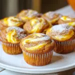 To make Pumpkin Cheesecake Swirl Muffins, you need a mix of key ingredients. Here’s what you’ll gather: - For the muffin batter: - 1 cup all-purpose flour - 1 teaspoon baking powder - 1 teaspoon baking soda - 1 teaspoon pumpkin pie spice - ½ teaspoon salt - 1 cup canned pumpkin puree - ½ cup granulated sugar - ½ cup brown sugar, packed - ½ cup vegetable oil - 2 large eggs - 1 teaspoon vanilla extract - For the cheesecake batter: - 4 ounces cream cheese, softened - 1 egg - ¼ cup powdered sugar - 1 teaspoon vanilla extract Each ingredient plays a role in creating a flavorful muffin. The canned pumpkin gives moisture and a warm flavor. The spices add depth, while the sugars balance sweetness. Cream cheese adds a delicious swirl that makes these muffins special. Using fresh ingredients helps improve taste. I always recommend checking the expiration dates on your baking supplies. When you use quality ingredients, you create a better dish. First, preheat the oven to 350°F (175°C). This step warms your oven for even baking. While the oven heats, prepare your muffin tin by lining it with paper liners or greasing it. Next, mix the dry ingredients. In a medium bowl, whisk together: - 1 cup all-purpose flour - 1 teaspoon baking powder - 1 teaspoon baking soda - 1 teaspoon pumpkin pie spice - ½ teaspoon salt Set this bowl aside. Now, in a large bowl, combine the wet ingredients. Mix together: - 1 cup canned pumpkin puree - ½ cup granulated sugar - ½ cup brown sugar - ½ cup vegetable oil - 2 large eggs - 1 teaspoon vanilla extract Stir until this mixture is smooth. Gradually add the dry ingredients to the wet mix. Stir gently until just combined. Be careful not to overmix; lumps are fine. In another bowl, make the cheesecake batter. Beat 4 ounces of softened cream cheese until smooth. Then, add: - 1 egg - ¼ cup powdered sugar - 1 teaspoon vanilla extract Mix everything until creamy and well combined. Now, it’s time to fill the muffin liners. Pour the pumpkin muffin batter into each liner, filling them halfway. Next, add a dollop of cheesecake batter on top of the pumpkin batter. Use a toothpick to swirl the cheesecake into the pumpkin batter. This creates a beautiful marbled effect. Finally, bake the muffins in the preheated oven for 20–25 minutes. To check for doneness, insert a toothpick in the center. If it comes out clean, the muffins are done. Let the muffins cool in the pan for 5 minutes before moving them to a wire rack. Enjoy the warm, delicious smell as they cool! - Ensuring even baking with muffin tin positioning Place your muffin tin in the center of the oven. This helps heat circulate evenly. If your oven has hot spots, rotate the tin halfway through baking for best results. - Checking for doneness with toothpick test Insert a toothpick into the center of a muffin. If it comes out clean, your muffins are done. For extra moist muffins, a few crumbs on the toothpick are fine. - Cooling and transferring muffins properly After baking, cool the muffins in the pan for five minutes. This helps them set. Then, move them to a wire rack to cool completely. This prevents sogginess. - Adjusting spice levels for personalized taste Feel free to tweak the pumpkin pie spice. If you like more warmth, add extra cinnamon or nutmeg. For less spice, reduce the amount slightly. - Using fresh pumpkin vs. canned pumpkin Fresh pumpkin adds a unique flavor, but canned pumpkin is quick and easy. If using fresh, roast it before mashing. Both options will still yield delicious muffins. {{image_2}} If you want to make these muffins fit your diet, here are some easy swaps: - Gluten-free flour options: You can use a gluten-free all-purpose flour blend. Brands like Bob's Red Mill or King Arthur Flour work well. Just make sure it has a binding agent like xanthan gum. - Sugar substitutes: To cut calories, try using coconut sugar or a sugar alternative like stevia. This can keep the sweetness while lowering the calories. - Dairy-free options: For a dairy-free version, use vegan cream cheese instead of regular cream cheese. This keeps the cheesecake flavor and is perfect for those who avoid dairy. Swirling can be fun and creative! Here are some ways to change up the look and taste: - Alternative swirling methods: Instead of a toothpick, use a knife for a different swirl pattern. You can also try layering the batter for a unique look. - Incorporating flavors: Want to mix it up? Add chocolate chips or chopped nuts to the cheesecake batter. This adds extra flavor and texture. You can also try a hint of mint or orange zest for a fresh twist. To keep your Pumpkin Cheesecake Swirl Muffins tasty, you must store them right. You can store muffins at room temperature or in the fridge. - Room Temperature: Place muffins in an airtight container. They can stay fresh for up to three days. Just keep them away from heat and sunlight. - Refrigerator: If you live in a hot area, storing muffins in the fridge helps them last longer. Use the same airtight container. They can last up to a week. Freezing muffins is also smart for future enjoyment. Here’s how: - Allow muffins to cool completely. - Wrap each muffin tightly in plastic wrap. - Place the wrapped muffins in a freezer bag or container. - Label with the date. They can last for up to three months. When you want to enjoy your muffins again, reheating is key. Here are the best methods: - Oven: Preheat your oven to 350°F (175°C). Place muffins on a baking sheet for about 10 minutes. This keeps them soft and warm. - Microwave: For a quick fix, place a muffin on a microwave-safe plate. Heat for about 15 seconds. This warms them nicely but may make them a bit soggy. If you have leftover cheesecake batter, store it properly: - Place it in an airtight container. - Keep it in the fridge for up to three days. You can use it later for a new batch of muffins or even in pancakes. To keep your muffins tall, avoid overmixing. Stir the batter just until wet and dry ingredients mix. This helps keep air pockets for height. Also, make sure your baking powder and baking soda are fresh. Expired leavening agents can cause sinking. Finally, fill the muffin cups to about two-thirds full. This gives them room to rise without spilling over. Yes, you can prepare the batter a few hours in advance. Keep the pumpkin and cheesecake batters in separate bowls. Cover them tightly and store in the fridge. When ready to bake, just mix and swirl them. If you need more time, you can store the batters overnight. This saves time on busy mornings. Absolutely! These muffins freeze well. After they cool, wrap each muffin tightly in plastic wrap. Then, place them in a freezer-safe bag. They can last up to three months in the freezer. To enjoy, thaw the muffins in the fridge overnight. You can also warm them in the microwave for a quick treat. This blog post covered how to make delicious pumpkin cheesecake muffins. We talked about the necessary ingredients, step-by-step instructions, and useful tips for baking. You learned about variations, storage methods, and answers to common questions. These muffins are sure to impress with their flavor and texture. Enjoy sharing them with friends or savoring them yourself. Baking can be fun and easy, so try it out and make these tasty treats!
