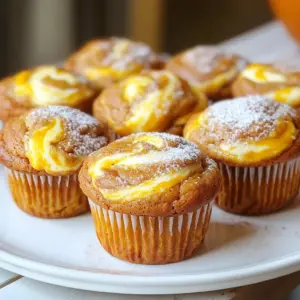 To make Pumpkin Cheesecake Swirl Muffins, you need a mix of key ingredients. Here’s what you’ll gather: - For the muffin batter: - 1 cup all-purpose flour - 1 teaspoon baking powder - 1 teaspoon baking soda - 1 teaspoon pumpkin pie spice - ½ teaspoon salt - 1 cup canned pumpkin puree - ½ cup granulated sugar - ½ cup brown sugar, packed - ½ cup vegetable oil - 2 large eggs - 1 teaspoon vanilla extract - For the cheesecake batter: - 4 ounces cream cheese, softened - 1 egg - ¼ cup powdered sugar - 1 teaspoon vanilla extract Each ingredient plays a role in creating a flavorful muffin. The canned pumpkin gives moisture and a warm flavor. The spices add depth, while the sugars balance sweetness. Cream cheese adds a delicious swirl that makes these muffins special. Using fresh ingredients helps improve taste. I always recommend checking the expiration dates on your baking supplies. When you use quality ingredients, you create a better dish. First, preheat the oven to 350°F (175°C). This step warms your oven for even baking. While the oven heats, prepare your muffin tin by lining it with paper liners or greasing it. Next, mix the dry ingredients. In a medium bowl, whisk together: - 1 cup all-purpose flour - 1 teaspoon baking powder - 1 teaspoon baking soda - 1 teaspoon pumpkin pie spice - ½ teaspoon salt Set this bowl aside. Now, in a large bowl, combine the wet ingredients. Mix together: - 1 cup canned pumpkin puree - ½ cup granulated sugar - ½ cup brown sugar - ½ cup vegetable oil - 2 large eggs - 1 teaspoon vanilla extract Stir until this mixture is smooth. Gradually add the dry ingredients to the wet mix. Stir gently until just combined. Be careful not to overmix; lumps are fine. In another bowl, make the cheesecake batter. Beat 4 ounces of softened cream cheese until smooth. Then, add: - 1 egg - ¼ cup powdered sugar - 1 teaspoon vanilla extract Mix everything until creamy and well combined. Now, it’s time to fill the muffin liners. Pour the pumpkin muffin batter into each liner, filling them halfway. Next, add a dollop of cheesecake batter on top of the pumpkin batter. Use a toothpick to swirl the cheesecake into the pumpkin batter. This creates a beautiful marbled effect. Finally, bake the muffins in the preheated oven for 20–25 minutes. To check for doneness, insert a toothpick in the center. If it comes out clean, the muffins are done. Let the muffins cool in the pan for 5 minutes before moving them to a wire rack. Enjoy the warm, delicious smell as they cool! - Ensuring even baking with muffin tin positioning Place your muffin tin in the center of the oven. This helps heat circulate evenly. If your oven has hot spots, rotate the tin halfway through baking for best results. - Checking for doneness with toothpick test Insert a toothpick into the center of a muffin. If it comes out clean, your muffins are done. For extra moist muffins, a few crumbs on the toothpick are fine. - Cooling and transferring muffins properly After baking, cool the muffins in the pan for five minutes. This helps them set. Then, move them to a wire rack to cool completely. This prevents sogginess. - Adjusting spice levels for personalized taste Feel free to tweak the pumpkin pie spice. If you like more warmth, add extra cinnamon or nutmeg. For less spice, reduce the amount slightly. - Using fresh pumpkin vs. canned pumpkin Fresh pumpkin adds a unique flavor, but canned pumpkin is quick and easy. If using fresh, roast it before mashing. Both options will still yield delicious muffins. {{image_2}} If you want to make these muffins fit your diet, here are some easy swaps: - Gluten-free flour options: You can use a gluten-free all-purpose flour blend. Brands like Bob's Red Mill or King Arthur Flour work well. Just make sure it has a binding agent like xanthan gum. - Sugar substitutes: To cut calories, try using coconut sugar or a sugar alternative like stevia. This can keep the sweetness while lowering the calories. - Dairy-free options: For a dairy-free version, use vegan cream cheese instead of regular cream cheese. This keeps the cheesecake flavor and is perfect for those who avoid dairy. Swirling can be fun and creative! Here are some ways to change up the look and taste: - Alternative swirling methods: Instead of a toothpick, use a knife for a different swirl pattern. You can also try layering the batter for a unique look. - Incorporating flavors: Want to mix it up? Add chocolate chips or chopped nuts to the cheesecake batter. This adds extra flavor and texture. You can also try a hint of mint or orange zest for a fresh twist. To keep your Pumpkin Cheesecake Swirl Muffins tasty, you must store them right. You can store muffins at room temperature or in the fridge. - Room Temperature: Place muffins in an airtight container. They can stay fresh for up to three days. Just keep them away from heat and sunlight. - Refrigerator: If you live in a hot area, storing muffins in the fridge helps them last longer. Use the same airtight container. They can last up to a week. Freezing muffins is also smart for future enjoyment. Here’s how: - Allow muffins to cool completely. - Wrap each muffin tightly in plastic wrap. - Place the wrapped muffins in a freezer bag or container. - Label with the date. They can last for up to three months. When you want to enjoy your muffins again, reheating is key. Here are the best methods: - Oven: Preheat your oven to 350°F (175°C). Place muffins on a baking sheet for about 10 minutes. This keeps them soft and warm. - Microwave: For a quick fix, place a muffin on a microwave-safe plate. Heat for about 15 seconds. This warms them nicely but may make them a bit soggy. If you have leftover cheesecake batter, store it properly: - Place it in an airtight container. - Keep it in the fridge for up to three days. You can use it later for a new batch of muffins or even in pancakes. To keep your muffins tall, avoid overmixing. Stir the batter just until wet and dry ingredients mix. This helps keep air pockets for height. Also, make sure your baking powder and baking soda are fresh. Expired leavening agents can cause sinking. Finally, fill the muffin cups to about two-thirds full. This gives them room to rise without spilling over. Yes, you can prepare the batter a few hours in advance. Keep the pumpkin and cheesecake batters in separate bowls. Cover them tightly and store in the fridge. When ready to bake, just mix and swirl them. If you need more time, you can store the batters overnight. This saves time on busy mornings. Absolutely! These muffins freeze well. After they cool, wrap each muffin tightly in plastic wrap. Then, place them in a freezer-safe bag. They can last up to three months in the freezer. To enjoy, thaw the muffins in the fridge overnight. You can also warm them in the microwave for a quick treat. This blog post covered how to make delicious pumpkin cheesecake muffins. We talked about the necessary ingredients, step-by-step instructions, and useful tips for baking. You learned about variations, storage methods, and answers to common questions. These muffins are sure to impress with their flavor and texture. Enjoy sharing them with friends or savoring them yourself. Baking can be fun and easy, so try it out and make these tasty treats!