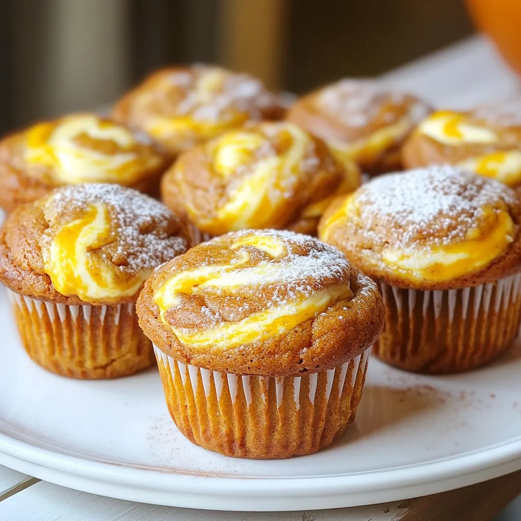 To make Pumpkin Cheesecake Swirl Muffins, you need a mix of key ingredients. Here’s what you’ll gather: - For the muffin batter: - 1 cup all-purpose flour - 1 teaspoon baking powder - 1 teaspoon baking soda - 1 teaspoon pumpkin pie spice - ½ teaspoon salt - 1 cup canned pumpkin puree - ½ cup granulated sugar - ½ cup brown sugar, packed - ½ cup vegetable oil - 2 large eggs - 1 teaspoon vanilla extract - For the cheesecake batter: - 4 ounces cream cheese, softened - 1 egg - ¼ cup powdered sugar - 1 teaspoon vanilla extract Each ingredient plays a role in creating a flavorful muffin. The canned pumpkin gives moisture and a warm flavor. The spices add depth, while the sugars balance sweetness. Cream cheese adds a delicious swirl that makes these muffins special. Using fresh ingredients helps improve taste. I always recommend checking the expiration dates on your baking supplies. When you use quality ingredients, you create a better dish. First, preheat the oven to 350°F (175°C). This step warms your oven for even baking. While the oven heats, prepare your muffin tin by lining it with paper liners or greasing it. Next, mix the dry ingredients. In a medium bowl, whisk together: - 1 cup all-purpose flour - 1 teaspoon baking powder - 1 teaspoon baking soda - 1 teaspoon pumpkin pie spice - ½ teaspoon salt Set this bowl aside. Now, in a large bowl, combine the wet ingredients. Mix together: - 1 cup canned pumpkin puree - ½ cup granulated sugar - ½ cup brown sugar - ½ cup vegetable oil - 2 large eggs - 1 teaspoon vanilla extract Stir until this mixture is smooth. Gradually add the dry ingredients to the wet mix. Stir gently until just combined. Be careful not to overmix; lumps are fine. In another bowl, make the cheesecake batter. Beat 4 ounces of softened cream cheese until smooth. Then, add: - 1 egg - ¼ cup powdered sugar - 1 teaspoon vanilla extract Mix everything until creamy and well combined. Now, it’s time to fill the muffin liners. Pour the pumpkin muffin batter into each liner, filling them halfway. Next, add a dollop of cheesecake batter on top of the pumpkin batter. Use a toothpick to swirl the cheesecake into the pumpkin batter. This creates a beautiful marbled effect. Finally, bake the muffins in the preheated oven for 20–25 minutes. To check for doneness, insert a toothpick in the center. If it comes out clean, the muffins are done. Let the muffins cool in the pan for 5 minutes before moving them to a wire rack. Enjoy the warm, delicious smell as they cool! - Ensuring even baking with muffin tin positioning Place your muffin tin in the center of the oven. This helps heat circulate evenly. If your oven has hot spots, rotate the tin halfway through baking for best results. - Checking for doneness with toothpick test Insert a toothpick into the center of a muffin. If it comes out clean, your muffins are done. For extra moist muffins, a few crumbs on the toothpick are fine. - Cooling and transferring muffins properly After baking, cool the muffins in the pan for five minutes. This helps them set. Then, move them to a wire rack to cool completely. This prevents sogginess. - Adjusting spice levels for personalized taste Feel free to tweak the pumpkin pie spice. If you like more warmth, add extra cinnamon or nutmeg. For less spice, reduce the amount slightly. - Using fresh pumpkin vs. canned pumpkin Fresh pumpkin adds a unique flavor, but canned pumpkin is quick and easy. If using fresh, roast it before mashing. Both options will still yield delicious muffins. {{image_2}} If you want to make these muffins fit your diet, here are some easy swaps: - Gluten-free flour options: You can use a gluten-free all-purpose flour blend. Brands like Bob's Red Mill or King Arthur Flour work well. Just make sure it has a binding agent like xanthan gum. - Sugar substitutes: To cut calories, try using coconut sugar or a sugar alternative like stevia. This can keep the sweetness while lowering the calories. - Dairy-free options: For a dairy-free version, use vegan cream cheese instead of regular cream cheese. This keeps the cheesecake flavor and is perfect for those who avoid dairy. Swirling can be fun and creative! Here are some ways to change up the look and taste: - Alternative swirling methods: Instead of a toothpick, use a knife for a different swirl pattern. You can also try layering the batter for a unique look. - Incorporating flavors: Want to mix it up? Add chocolate chips or chopped nuts to the cheesecake batter. This adds extra flavor and texture. You can also try a hint of mint or orange zest for a fresh twist. To keep your Pumpkin Cheesecake Swirl Muffins tasty, you must store them right. You can store muffins at room temperature or in the fridge. - Room Temperature: Place muffins in an airtight container. They can stay fresh for up to three days. Just keep them away from heat and sunlight. - Refrigerator: If you live in a hot area, storing muffins in the fridge helps them last longer. Use the same airtight container. They can last up to a week. Freezing muffins is also smart for future enjoyment. Here’s how: - Allow muffins to cool completely. - Wrap each muffin tightly in plastic wrap. - Place the wrapped muffins in a freezer bag or container. - Label with the date. They can last for up to three months. When you want to enjoy your muffins again, reheating is key. Here are the best methods: - Oven: Preheat your oven to 350°F (175°C). Place muffins on a baking sheet for about 10 minutes. This keeps them soft and warm. - Microwave: For a quick fix, place a muffin on a microwave-safe plate. Heat for about 15 seconds. This warms them nicely but may make them a bit soggy. If you have leftover cheesecake batter, store it properly: - Place it in an airtight container. - Keep it in the fridge for up to three days. You can use it later for a new batch of muffins or even in pancakes. To keep your muffins tall, avoid overmixing. Stir the batter just until wet and dry ingredients mix. This helps keep air pockets for height. Also, make sure your baking powder and baking soda are fresh. Expired leavening agents can cause sinking. Finally, fill the muffin cups to about two-thirds full. This gives them room to rise without spilling over. Yes, you can prepare the batter a few hours in advance. Keep the pumpkin and cheesecake batters in separate bowls. Cover them tightly and store in the fridge. When ready to bake, just mix and swirl them. If you need more time, you can store the batters overnight. This saves time on busy mornings. Absolutely! These muffins freeze well. After they cool, wrap each muffin tightly in plastic wrap. Then, place them in a freezer-safe bag. They can last up to three months in the freezer. To enjoy, thaw the muffins in the fridge overnight. You can also warm them in the microwave for a quick treat. This blog post covered how to make delicious pumpkin cheesecake muffins. We talked about the necessary ingredients, step-by-step instructions, and useful tips for baking. You learned about variations, storage methods, and answers to common questions. These muffins are sure to impress with their flavor and texture. Enjoy sharing them with friends or savoring them yourself. Baking can be fun and easy, so try it out and make these tasty treats!