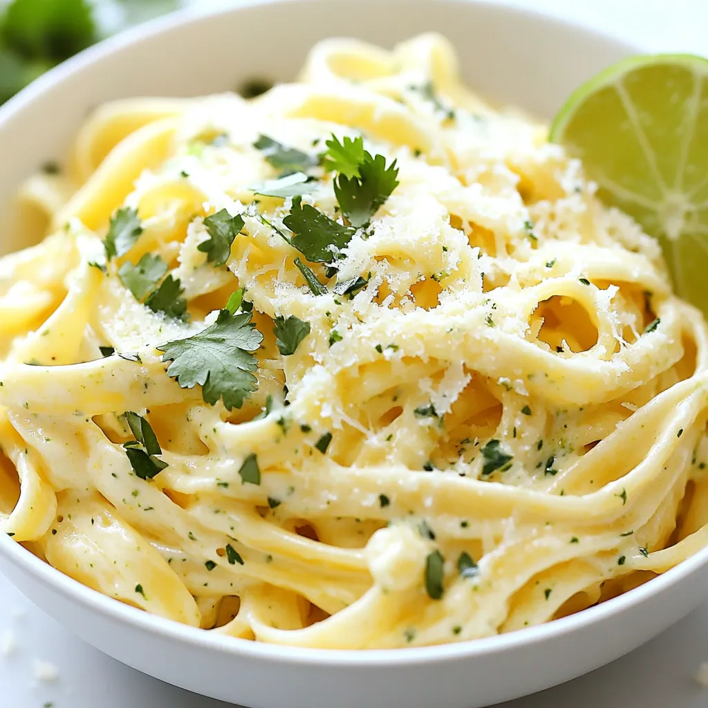 For creamy cilantro lime pasta, I recommend using fettuccine or linguine. These types of pasta hold the sauce well. They create a lovely balance with the creamy texture. You need 12 ounces, which is about 340 grams. Make sure to cook it al dente for the best bite. This helps the pasta stay firm and not mushy. The sauce is what makes this dish special. Start with 1 cup of heavy cream. This gives the pasta its rich and creamy base. You’ll also need 1/2 cup of grated Parmesan cheese. This cheese adds depth and a nice salty flavor. Use 1 clove of minced garlic for a hint of warmth. Add 2 tablespoons of fresh lime juice for that zesty kick. Finally, a splash of olive oil helps sauté the garlic and adds richness. Fresh herbs brighten this dish. You need 1/4 cup of finely chopped cilantro. This herb adds a fresh, vibrant taste. Don't forget the zest of 1 lime! The zest gives an extra burst of lime flavor. Season your dish with salt and pepper to taste. Garnish with extra cilantro and lime slices for a beautiful finish. These fresh touches elevate the dish and make it visually appealing. {{ingredient_image_1}} Start by boiling water in a large pot. Add salt to the water; this adds flavor. Once the water boils, add 12 ounces of fettuccine or linguine. Cook it according to the package instructions until it is al dente. Al dente means the pasta is firm but not hard. After cooking, reserve 1 cup of the starchy pasta water. This water helps thicken the sauce later. Drain the pasta and set it aside while you make the sauce. In a large skillet, heat 1 tablespoon of olive oil over medium-low heat. Add 1 clove of minced garlic. Sauté it for about 1 minute until it smells good. Be careful not to burn the garlic. Next, pour in 1 cup of heavy cream. Stir it as you bring the cream to a gentle simmer. Add 1/2 cup of grated Parmesan cheese. Stir continuously until the cheese melts and the sauce thickens. Now, add 2 tablespoons of lime juice and the zest of 1 lime. Mix in 1/4 cup of finely chopped cilantro. Season with salt and pepper to taste. If your sauce is thick, add a bit of the reserved pasta water to thin it out. Once the sauce is ready, add the drained pasta to the skillet. Toss the pasta in the sauce until it is well coated. This step is key to ensuring every bite is creamy and flavorful. Allow the pasta and sauce to cook together for 2-3 minutes on low heat. This helps the flavors combine fully. Finally, serve the creamy cilantro lime pasta in bowls. Garnish with extra cilantro and lime slices for a bright finish. Enjoy your delicious meal! To get the sauce just right, you need to know how to adjust it. If it feels too thick, add a bit of the reserved pasta water. Start with a tablespoon and stir well. This water helps to loosen the sauce without losing flavor. If it's too thin, let it simmer longer. This will help it thickens up naturally. You want a creamy texture that coats the pasta nicely. Using fresh ingredients makes a big difference in this dish. Start with fresh cilantro for a bright taste. It adds a burst of flavor that dried herbs just can’t match. The lime juice and zest is also key. They bring a refreshing tang that lifts the whole dish. Always taste as you go. Adjust salt and pepper to make sure every bite is full of flavor. Cooking pasta to al dente means it should be firm but not hard. Follow the package instructions but start checking a minute early. You want it to have a slight bite. This helps the pasta hold its shape and texture when mixed with the sauce. Remember to salt your boiling water well. This will boost the pasta's flavor. Always reserve some pasta water before draining. It’s a handy trick for adjusting your sauce later. Pro Tips Use Fresh Ingredients: For the best flavor, use fresh cilantro and freshly squeezed lime juice. This will elevate the taste of your creamy sauce. Choose the Right Pasta: Fettuccine or linguine works well with this sauce, but feel free to experiment with your favorite pasta type for a personal touch. Adjust Creaminess: If you prefer a lighter sauce, substitute half of the heavy cream with chicken or vegetable broth for a delicious twist. Perfectly Cooked Pasta: To achieve al dente pasta, follow the package instructions carefully and taste test a minute before the time is up. {{image_2}} You can easily boost the protein in your creamy cilantro lime pasta. Chicken, shrimp, or even tofu work great. For chicken, grill or sauté it until golden. Then, slice it and mix it into the pasta. For shrimp, sauté them in olive oil until they turn pink. Add them to the creamy sauce. If you prefer tofu, press it to remove water, cube it, and sauté it until crispy. Toss it in at the end. This dish is perfect for vegetarians. Just skip the meat and enjoy the creamy sauce. For a vegan version, use coconut cream instead of heavy cream. Nutritional yeast can replace Parmesan cheese. This gives a cheesy flavor without dairy. Also, use a plant-based pasta. Make sure to check the labels to avoid eggs. You can change the taste of this dish by adding different herbs or spices. Try adding basil or parsley for a fresh twist. A pinch of red pepper flakes can add heat. If you love citrus, mix in orange juice or zest. This adds a sweet, tangy flavor. Experimenting with different flavors can make each meal special. After enjoying your creamy cilantro lime pasta, store leftovers in an airtight container. Let the pasta cool down first. Place it in your fridge. It will stay fresh for up to three days. If you notice any changes in color or smell, it’s best to toss it. When it’s time to eat leftovers, heat them gently. Use a skillet over low heat. Add a splash of water or cream to help revive the sauce. Stir often to ensure even heating. You can also microwave in short bursts. Cover the bowl to keep moisture in. Want to save some for later? You can freeze creamy cilantro lime pasta. Portion it into freezer-safe bags or containers. Make sure to remove excess air. It can last up to three months in the freezer. When ready to eat, thaw it in the fridge overnight. Reheat as mentioned above for the best taste. Yes, you can use other pasta types. Penne or spaghetti works well too. Just keep an eye on the cooking time. You want it to be al dente. This means firm but not hard. Feel free to experiment with shapes and textures you love. To thicken your sauce, add more Parmesan cheese. This cheese melts and helps create a creamy texture. If your sauce is too thick, add reserved pasta water. Start with a small amount, then mix well. Keep adding until you reach your desired creaminess. This pasta pairs great with many sides. A crisp green salad adds freshness. Grilled chicken or shrimp boosts protein. You can also serve it with warm bread for dipping. Don’t forget to offer lime wedges for extra zing! This blog post covered how to make delicious Creamy Cilantro Lime Pasta. You learned about pasta choices, key sauce elements, and using fresh flavors. I shared simple steps for cooking, making sauce, and combining them. You found tips for perfect sauce texture and ideas for fun variations. Lastly, we discussed storing leftovers and reheating. Now, you can create your own tasty meals. Enjoy your cooking adventure!