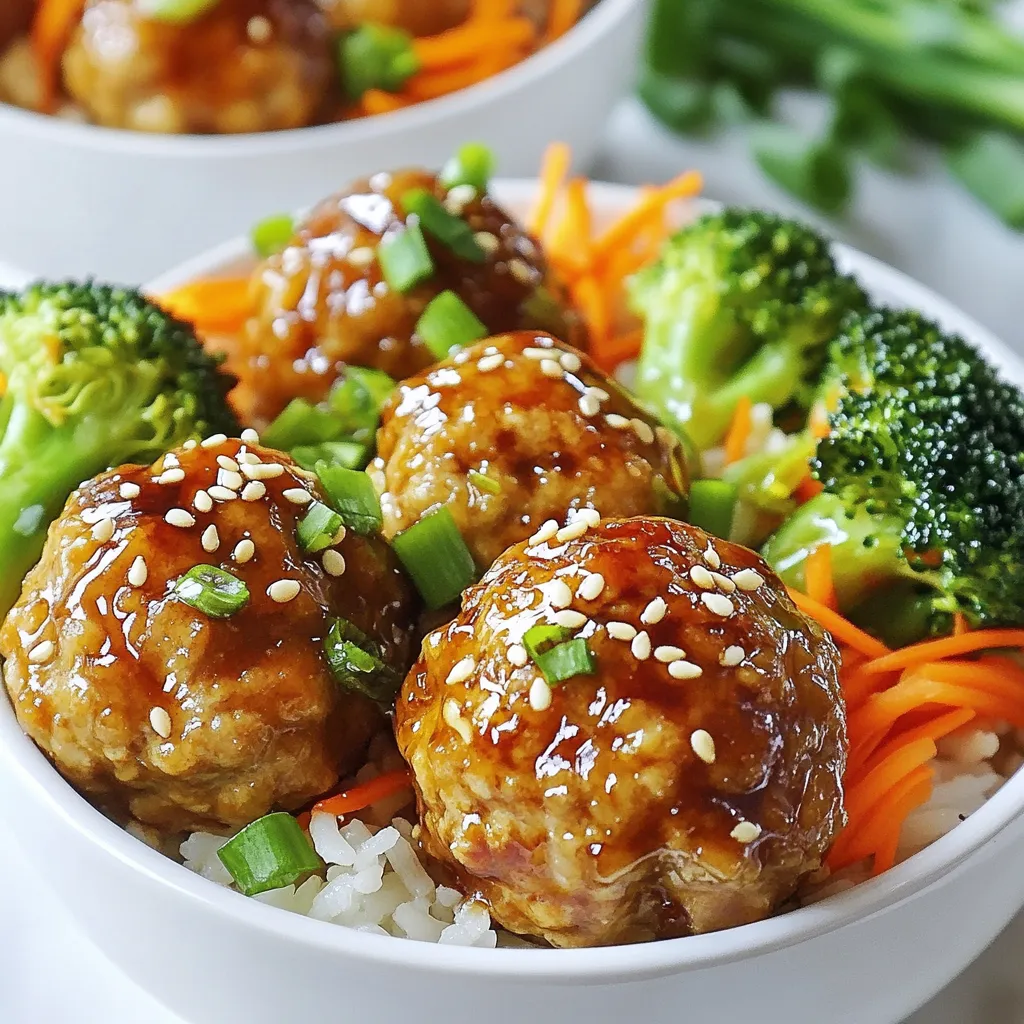For the teriyaki meatballs, you will need: - 1 pound ground chicken or turkey - 1/2 cup breadcrumbs - 1/4 cup finely chopped green onions - 1 garlic clove, minced - 1 tablespoon soy sauce - 1 tablespoon sesame oil - 1 teaspoon ginger, grated - 1/4 teaspoon black pepper - 1/2 cup teriyaki sauce These ingredients work together to create the soft and flavorful meatballs. The ground chicken or turkey gives a light texture. Breadcrumbs add body, while green onions and garlic boost the taste. Soy sauce and sesame oil bring umami notes, and ginger adds a nice zing. For the rice bowl, use: - 2 cups cooked jasmine rice - 1 cup steamed broccoli florets - 1 cup shredded carrots Jasmine rice is perfect for this dish. It is fragrant and pairs well with teriyaki sauce. Steamed broccoli adds color and crunch. Shredded carrots bring sweetness and a bright look. To finish your dish, consider: - Sesame seeds for garnish - Additional green onions, sliced for garnish These garnishes not only enhance the look but also add texture and flavor. The sesame seeds provide a nutty taste, while extra green onions give freshness. You can also serve the bowls with chopsticks and a lime wedge for a burst of flavor. {{ingredient_image_1}} Start by gathering your ingredients. You need ground chicken or turkey, breadcrumbs, green onions, garlic, soy sauce, sesame oil, ginger, and black pepper. In a large mixing bowl, combine these items. Use your hands to mix them well. Make sure every part is blended together. This helps the meatballs hold their shape and taste great. Next, preheat your oven to 400°F (200°C). Line a baking sheet with parchment paper to avoid sticking. Now, form the meat mixture into small meatballs, about 1-inch wide. Place them on the baking sheet, leaving space between each one. Bake the meatballs for 15-20 minutes. They should be cooked through and slightly browned. While the meatballs bake, heat your teriyaki sauce in a small pot over medium heat. Once the meatballs are done, take them out of the oven. Toss them in the warm teriyaki sauce until they are coated. Now, it’s time to assemble your rice bowls! Divide the cooked jasmine rice into four bowls. Top each bowl with the teriyaki-coated meatballs, steamed broccoli, and shredded carrots. Drizzle any extra teriyaki sauce over the top. For a finishing touch, sprinkle sesame seeds and sliced green onions as a garnish. Enjoy your vibrant and tasty meal! To keep meatballs moist, use ground chicken or turkey. Their fat content adds flavor. Mix in breadcrumbs and chopped green onions. These ingredients help hold moisture. Adding a bit of soy sauce and sesame oil also enhances taste. Don’t overmix! This can make meatballs tough. Form them gently, about one inch wide. Bake them at 400°F (200°C) until they are golden brown and cooked through. Jasmine rice is perfect for these bowls. Rinse the rice under cold water before cooking. This removes excess starch and prevents it from being sticky. Use a 1:1.5 rice-to-water ratio for fluffy rice. Let the rice rest covered for 10 minutes after cooking. This helps the grains firm up. Fluff the rice with a fork for the best texture. Serve in colorful bowls for a fun look. Arrange the cooked rice as a base. Next, add your teriyaki meatballs on top. Layer steamed broccoli and shredded carrots around them. For a pop of color, use a rainbow pattern. Garnish with sesame seeds and sliced green onions. Add a lime wedge for a fresh touch. Serve with chopsticks to create an authentic dining experience. Pro Tips Use Fresh Ingredients: Fresh ground chicken or turkey will give your meatballs a better flavor and texture compared to frozen or pre-packaged options. Experiment with Spices: Feel free to add spices like chili flakes or five-spice powder to the meatball mixture for an extra kick. Customize Your Toppings: Switch up the veggies based on what you have on hand; bell peppers, snap peas, or edamame can make great additions. Serve with Lime: A squeeze of fresh lime juice over the finished bowls adds a bright, zesty flavor that complements the teriyaki sauce beautifully. {{image_2}} You can switch proteins in this recipe. Ground beef works great for a richer taste. If you prefer a meatless option, try using lentils or chickpeas. Just mash them and mix with the other ingredients. This way, you keep the flavor but change the texture! Teriyaki sauce is a classic, but you can explore other flavors. Hoisin sauce adds a sweet and spicy kick. You could also use a peanut sauce for a nutty twist. Experiment with soy sauce and honey for a simple mix. Each sauce adds a unique flair to your meatballs! Feel free to change up the veggies in your rice bowl. Bell peppers add crunch and color. Snap peas bring a sweet flavor and crispness. You can also use zucchini or asparagus for a fresh taste. Mix and match your favorite vegetables for a fun and healthy meal! Store your Teriyaki meatball rice bowls in an airtight container. Make sure to let them cool first. This helps keep the meatballs tasty and fresh. Place the container in the fridge. Use leftovers within three days for the best flavor. When you’re ready to eat, reheat the rice bowls gently. You can use the microwave or a pan. If using the microwave, cover the bowl with a damp paper towel. This keeps the rice from drying out. Heat in short bursts, stirring in between. If using a pan, add a splash of water and stir often. To freeze meatballs, let them cool completely first. Line a baking sheet with parchment paper and place the meatballs in a single layer. Freeze them for about an hour. After that, transfer them to a freezer bag. They can last up to three months. When you're ready, thaw in the fridge before reheating. To make these meatballs gluten-free, swap regular breadcrumbs for gluten-free ones. You can also use crushed rice crackers. Ensure your soy sauce is gluten-free. Many brands offer this option. Always check labels for hidden gluten in sauces. Yes, you can use frozen vegetables. They are quick and easy. Just make sure to steam them before adding them to your bowls. Frozen broccoli and carrots work well. They save time and still taste great. You can serve a simple salad with sesame dressing. A side of edamame is also tasty. For something warm, try miso soup. These sides add variety and balance to your meal. Enjoy mixing flavors and textures! You now have all the steps to make tasty teriyaki meatballs and rice bowls. We discussed key ingredients, preparation, cooking methods, and tips for great flavor. Plus, you learned how to store leftovers and explore different variations. Feel free to mix up the ingredients or try new sauces. This dish is simple, fun, and customizable. Enjoy making your teriyaki meatballs and impress your family and friends!