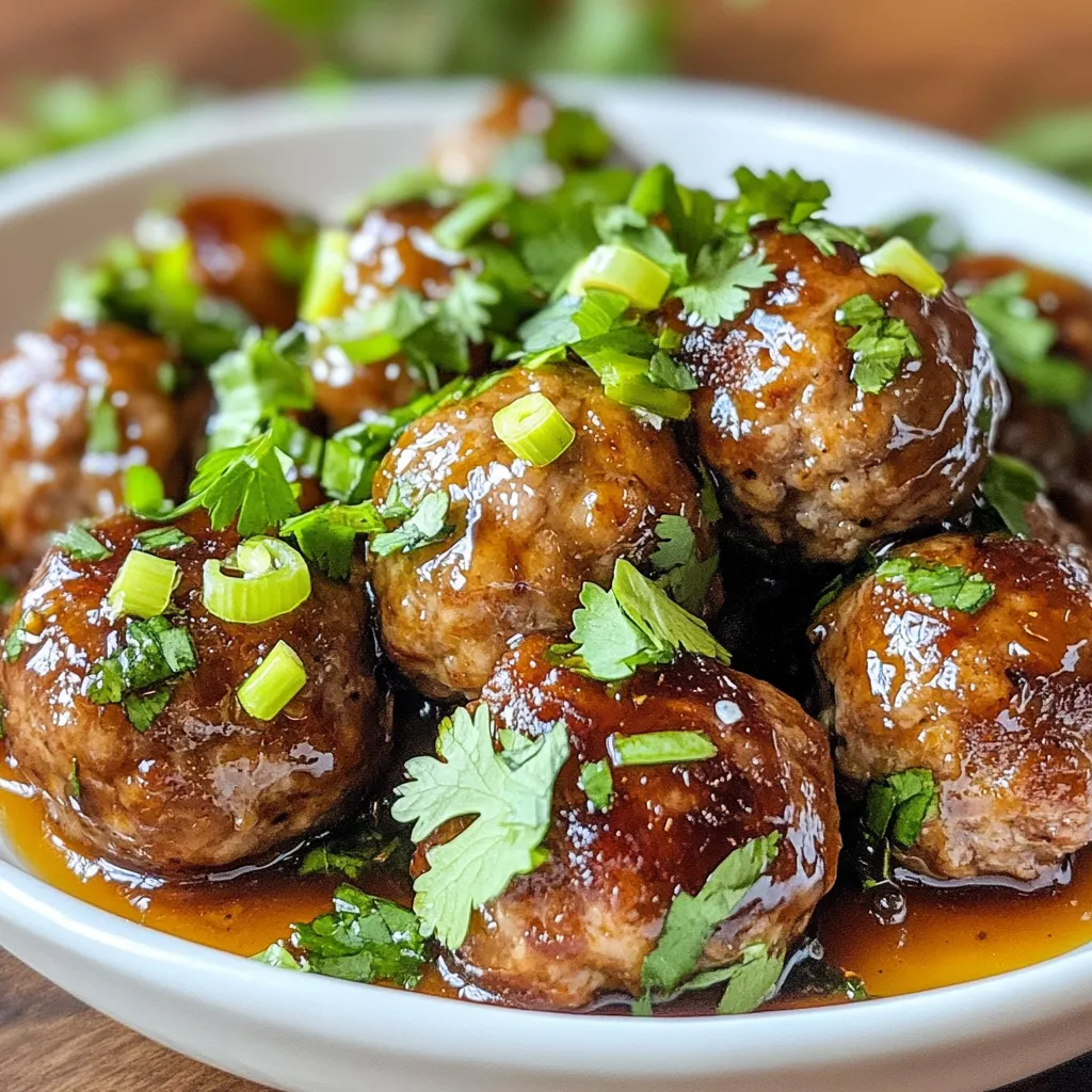 To make teriyaki glazed meatballs, you need some key ingredients. Here’s what you’ll need: - 1 lb ground chicken or turkey - 1/2 cup breadcrumbs (preferably panko) - 1/4 cup green onions, finely chopped - 1/4 cup fresh cilantro, chopped - 1 egg - 2 cloves garlic, minced - 1 teaspoon fresh ginger, grated - Salt and pepper to taste These ingredients help create a tasty and juicy meatball. Ground chicken or turkey keeps them light. Panko breadcrumbs ensure a nice texture. Fresh herbs add flavor, while garlic and ginger give a fragrant touch. For the teriyaki glaze, you will need: - 1/2 cup soy sauce (low sodium) - 1/4 cup honey or maple syrup - 1 tablespoon rice vinegar - 1 tablespoon sesame oil - 1 teaspoon cornstarch mixed with 1 tablespoon water (for thickening) This glaze is sweet and savory. The soy sauce gives it a rich umami flavor. Honey or maple syrup adds sweetness. Rice vinegar brings a nice tang, while sesame oil adds a touch of nuttiness. To enhance your meatballs, consider these seasonings: - Additional green onions for garnish - Sesame seeds for garnish - A pinch of red pepper flakes for heat These extras add a nice finish to your dish. Green onions and sesame seeds give a fresh look. If you like some spice, red pepper flakes can give that extra kick. {{ingredient_image_1}} Start by gathering your ingredients. You will need ground chicken or turkey, breadcrumbs, green onions, cilantro, an egg, garlic, ginger, salt, and pepper. In a large bowl, mix these ingredients well. Use your hands to blend them evenly. The mixture should feel slightly sticky but hold together. This step is crucial for a great texture in your meatballs. Next, preheat your oven to 400°F (200°C). While the oven heats, form the meat mixture into small balls, about one inch wide. Place the meatballs on a baking sheet lined with parchment paper. This helps prevent sticking and makes cleanup easy. Bake them for 20 to 25 minutes. Look for a golden-brown color to know they are done. While the meatballs bake, it's time to make the teriyaki glaze. In a small saucepan, combine low-sodium soy sauce, honey or maple syrup, rice vinegar, and sesame oil. Heat this mixture over medium heat while stirring. When it starts to simmer, add a cornstarch mixture. This will help thicken the glaze. Stir for about 2 to 3 minutes until it gets nice and thick. When the meatballs are ready, drizzle the teriyaki glaze over them. Gently toss to coat each meatball evenly. For a little extra flavor, you can pop them back in the oven for 5 more minutes. This will caramelize the glaze. Serve them warm and enjoy! You can garnish with extra green onions or sesame seeds if you like. To get soft and juicy meatballs, use ground chicken or turkey. These meats keep moisture better. Add breadcrumbs for lightness. I like panko for its crisp texture. Mix well but do not overmix the meat. Overmixing makes the meatballs tough. Aim for about 1-inch size for even cooking. One common mistake is not seasoning enough. Salt and pepper boost flavor. Another mistake is baking at too high a temperature. Stick to 400°F (200°C) for even cooking. Avoid opening the oven door too often. This lets heat escape and can dry out your meatballs. To amp up the flavor, add more herbs. Fresh cilantro and green onions work great. You can also try adding chili flakes for heat. If you love garlic, add more cloves. For a sweet twist, use maple syrup in the glaze. Experiment and find what you like best! Pro Tips Use Panko Breadcrumbs: Panko breadcrumbs provide a light and crispy texture, enhancing the meatballs' overall crunchiness. Let the Glaze Cool: Allow the teriyaki glaze to cool slightly before drizzling over the meatballs for better adhesion and a shinier finish. Experiment with Proteins: Feel free to substitute ground chicken or turkey with beef, pork, or even plant-based alternatives for a different flavor profile. Garnish Creatively: Top your meatballs with toasted sesame seeds or chopped nuts for added texture and a gourmet touch. {{image_2}} You can swap the ground chicken or turkey for other meats. Try using ground beef, pork, or lamb for richer flavors. For a lighter option, ground fish, like salmon, works well too. Each choice brings a unique taste that pairs nicely with teriyaki glaze. If you need gluten-free meatballs, use gluten-free breadcrumbs. You can also grind oats into a fine powder as a substitute. Look for tamari instead of soy sauce for the glaze to keep it gluten-free. These swaps ensure everyone can enjoy this dish. You can spice things up by adding red pepper flakes to the teriyaki glaze. For a fruitier twist, mix in some orange or pineapple juice. This adds a sweet and tangy touch. You can also try a sesame ginger glaze by adding more ginger and sesame oil. Each variation lets you explore new flavors while keeping the fun of teriyaki meatballs. To store leftover meatballs, let them cool first. Place them in an airtight container. Keep them in the fridge for up to four days. If you have extra teriyaki glaze, store that separately. This way, your meatballs stay moist and tasty. When you are ready to eat the leftovers, reheating is easy. Preheat your oven to 350°F (175°C). Place the meatballs on a baking sheet. Cover them with foil to keep them moist. Heat for about 10-15 minutes. If using a microwave, pop them in for 1-2 minutes. Make sure they are hot all the way through. For longer storage, you can freeze the meatballs. After they cool, lay them on a baking sheet in a single layer. Freeze them for about an hour. Then, transfer them to a freezer bag. They will last up to three months in the freezer. When you’re ready to use them, just thaw overnight in the fridge. Reheat as mentioned above, and enjoy! You have many choices for sides! Rice is a classic option. White rice or brown rice works well. You can also serve these meatballs with steamed veggies. Broccoli, snap peas, or carrots add great color and crunch. For a fun twist, try them in a lettuce wrap. The crisp lettuce adds a nice touch. You can also pair them with a simple salad for freshness. Yes, you can make these meatballs ahead of time! Prepare the meatballs and bake them as directed. Let them cool, then store in an airtight container. They can stay in the fridge for up to three days. You can also freeze them for longer storage. Just make sure to separate them with parchment paper to avoid sticking. When you are ready, thaw and reheat them in the oven or microwave. To thicken the teriyaki glaze, use cornstarch. Mix one teaspoon of cornstarch with one tablespoon of water. Stir this mixture into the sauce while it simmers. Keep stirring for two to three minutes. The glaze will thicken nicely. If it is too thin, repeat the process. Adjust to your preferred thickness for a perfect sauce. In this blog post, we covered how to make teriyaki glazed meatballs. We talked about main ingredients and how to prepare both the meatballs and glaze. I shared tips for texture and common mistakes to avoid. You can try different proteins or sauces for unique flavors. Proper storage keeps leftovers fresh for later. Remember, cooking is fun, so enjoy every step. Get creative with your own twists on this dish!