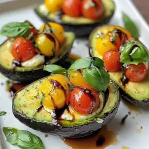 - 2 ripe avocados - 1 cup cherry tomatoes, halved - 1 cup fresh mozzarella balls, halved or diced - 1/4 cup fresh basil leaves, chopped - 2 tablespoons balsamic glaze - 1 tablespoon olive oil - Salt and pepper to taste If you can't find fresh mozzarella, you can use feta cheese. It adds a different flavor but still tastes great. For a dairy-free option, try using avocado or cashew cheese. If you want a bit more crunch, add some diced cucumber or bell pepper. You can switch cherry tomatoes for regular tomatoes, just chop them up smaller. If you love spicy food, add some red pepper flakes to kick up the heat. You need a sharp knife to cut the avocados and tomatoes. A mixing bowl helps to combine the filling. Use a spoon to scoop out the avocado and fill it. A small measuring spoon makes it easy to drizzle olive oil and balsamic glaze. Lastly, having a cutting board is useful for chopping the ingredients. {{ingredient_image_1}} Start by cutting the avocados in half lengthwise. Be careful with the knife. Remove the pit with a spoon or knife safely. If you want more filling space, scoop out a bit of the flesh. This makes room for the tasty Caprese filling. Place the avocado halves on a plate, cut side up. This helps keep them steady. In a mixing bowl, combine the halved cherry tomatoes and fresh mozzarella. You can use diced mozzarella if you prefer. Add in the chopped basil leaves. This gives the filling a fresh taste. Drizzle the mixture with olive oil and balsamic glaze. The glaze adds a sweet touch. Sprinkle with salt and pepper to taste. Gently toss everything together until well mixed. Be careful not to mash the tomatoes. Now, it's time to fill the avocados. Spoon the Caprese mixture into each half. Fill them generously for a hearty bite. After that, drizzle a little more balsamic glaze on top. This adds extra flavor and a pretty look. If you have more basil leaves, use them to garnish. This gives your dish a fresh pop of color. Enjoy your creation; it looks and tastes amazing! Choosing the right avocado is key. Look for avocados that feel slightly soft when you press them. If they feel hard, they are not ripe yet. If they feel very mushy, they might be overripe. Dark skin often means ripeness, but check for softness too. A ripe avocado should have a slight give but not feel squishy. If you find one that is not ripe, place it in a paper bag. This helps it ripen faster. Presentation matters when serving Caprese stuffed avocados. First, use a colorful plate. It makes the dish pop! Place the stuffed avocados on the plate with room between them. Add fresh basil leaves around them for a green touch. Drizzle extra balsamic glaze over the plate for flair. This creates a nice contrast with the green and red from the tomatoes. If you want, you can sprinkle a bit of salt on top for a finishing touch. There are a few mistakes to watch out for. First, don’t use avocados that are too hard or too soft. This affects the taste and texture. Second, be careful not to overfill the avocado halves. They can spill over and make a mess. Third, don’t skip seasoning! Salt and pepper enhance the flavors of the dish. Lastly, avoid cutting the avocados too early. They can brown quickly once cut. Prepare them just before serving for the best look and taste. Pro Tips Choosing Ripe Avocados: Ensure your avocados are ripe by gently pressing them; they should yield slightly to pressure. This will give a creamy texture to your stuffed avocados. Balsamic Glaze Alternatives: If you don't have balsamic glaze, you can reduce balsamic vinegar over low heat until it thickens or use a store-bought version for convenience. Add Extra Flavor: For an additional flavor kick, consider adding a pinch of garlic powder or red pepper flakes to the Caprese mixture. Serving Suggestions: Pair your stuffed avocados with a side of crusty bread or tortilla chips for a delightful appetizer or light meal. {{image_2}} You can easily add protein to your Caprese stuffed avocados. Cooked chicken or shrimp works great. If you use chicken, shred it and mix it with your Caprese filling. For shrimp, cook them until they are pink, then chop and add them. This change makes the dish heartier. Plus, it adds more flavor and nutrition. If you want a vegan option, swap out the mozzarella. Use vegan cheese or leave it out. You can also add cooked quinoa or chickpeas for protein. These ingredients help keep the dish filling and tasty. Don't forget to use balsamic glaze that is vegan-friendly. You can enhance the flavors in your stuffed avocados with spices and nuts. Add a pinch of garlic powder or red pepper flakes for heat. Chopped nuts like pine nuts or walnuts add crunch and richness. You can also add a squeeze of lemon juice for brightness. These small changes can make a big difference in taste. To keep your Caprese stuffed avocados fresh, wrap them tightly in plastic wrap. This helps stop air from getting in and turning them brown. Place the wrapped avocados in an airtight container. This extra layer keeps them safe and fresh for your next meal. Freezing stuffed avocados isn’t the best idea. The texture will change, and they may become mushy. However, you can freeze the filling. Store it in a sealed bag or container. When ready to eat, thaw it in the fridge overnight and fill fresh avocados later. In the fridge, your Caprese stuffed avocados can last about one day. They taste best when fresh, so try to eat them soon. If you only have leftover filling, it can last up to three days. Always check for any signs of spoilage before eating. Yes, you can prepare some parts ahead. You can chop the tomatoes, mozzarella, and basil. Mix them with olive oil and balsamic glaze. Store this mix in the fridge. Cut the avocados just before serving to keep them fresh. If you prep ahead, the flavors meld nicely, but the avocados should stay bright and green. Caprese stuffed avocados are great on their own. You can pair them with a simple green salad or garlic bread. They also work well as a side with grilled chicken or fish. For a fun twist, serve them with tortilla chips for crunch. You can even add a light soup for a full meal. Absolutely! Avocados are full of healthy fats that are good for your heart. They also provide fiber and nutrients. The tomatoes and basil add vitamins and antioxidants. Fresh mozzarella gives you protein and calcium. Overall, this dish is a tasty and healthy choice for a snack or meal. In this blog post, we explored how to make delicious Caprese Stuffed Avocados. We covered key ingredients, their alternatives, and tools you need. I shared steps for preparing, filling, and assembling the avocados. You learned tips for choosing ripe avocados and how to present your dish nicely. I also suggested variations, storage tips, and answered common questions. Enjoy this dish's fresh flavors, and don't hesitate to experiment. With a few tweaks, you can make it your own.