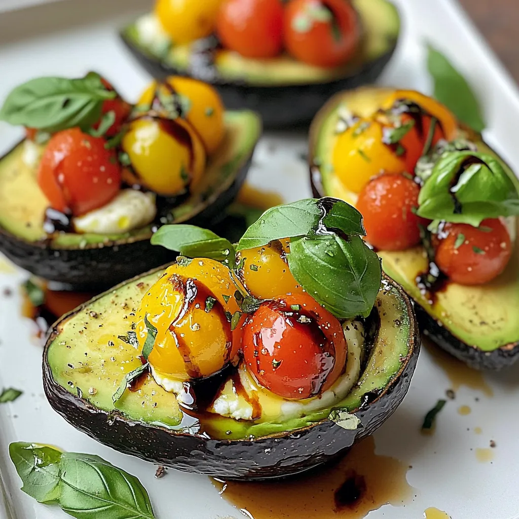 - 2 ripe avocados - 1 cup cherry tomatoes, halved - 1 cup fresh mozzarella balls, halved or diced - 1/4 cup fresh basil leaves, chopped - 2 tablespoons balsamic glaze - 1 tablespoon olive oil - Salt and pepper to taste If you can't find fresh mozzarella, you can use feta cheese. It adds a different flavor but still tastes great. For a dairy-free option, try using avocado or cashew cheese. If you want a bit more crunch, add some diced cucumber or bell pepper. You can switch cherry tomatoes for regular tomatoes, just chop them up smaller. If you love spicy food, add some red pepper flakes to kick up the heat. You need a sharp knife to cut the avocados and tomatoes. A mixing bowl helps to combine the filling. Use a spoon to scoop out the avocado and fill it. A small measuring spoon makes it easy to drizzle olive oil and balsamic glaze. Lastly, having a cutting board is useful for chopping the ingredients. {{ingredient_image_1}} Start by cutting the avocados in half lengthwise. Be careful with the knife. Remove the pit with a spoon or knife safely. If you want more filling space, scoop out a bit of the flesh. This makes room for the tasty Caprese filling. Place the avocado halves on a plate, cut side up. This helps keep them steady. In a mixing bowl, combine the halved cherry tomatoes and fresh mozzarella. You can use diced mozzarella if you prefer. Add in the chopped basil leaves. This gives the filling a fresh taste. Drizzle the mixture with olive oil and balsamic glaze. The glaze adds a sweet touch. Sprinkle with salt and pepper to taste. Gently toss everything together until well mixed. Be careful not to mash the tomatoes. Now, it's time to fill the avocados. Spoon the Caprese mixture into each half. Fill them generously for a hearty bite. After that, drizzle a little more balsamic glaze on top. This adds extra flavor and a pretty look. If you have more basil leaves, use them to garnish. This gives your dish a fresh pop of color. Enjoy your creation; it looks and tastes amazing! Choosing the right avocado is key. Look for avocados that feel slightly soft when you press them. If they feel hard, they are not ripe yet. If they feel very mushy, they might be overripe. Dark skin often means ripeness, but check for softness too. A ripe avocado should have a slight give but not feel squishy. If you find one that is not ripe, place it in a paper bag. This helps it ripen faster. Presentation matters when serving Caprese stuffed avocados. First, use a colorful plate. It makes the dish pop! Place the stuffed avocados on the plate with room between them. Add fresh basil leaves around them for a green touch. Drizzle extra balsamic glaze over the plate for flair. This creates a nice contrast with the green and red from the tomatoes. If you want, you can sprinkle a bit of salt on top for a finishing touch. There are a few mistakes to watch out for. First, don’t use avocados that are too hard or too soft. This affects the taste and texture. Second, be careful not to overfill the avocado halves. They can spill over and make a mess. Third, don’t skip seasoning! Salt and pepper enhance the flavors of the dish. Lastly, avoid cutting the avocados too early. They can brown quickly once cut. Prepare them just before serving for the best look and taste. Pro Tips Choosing Ripe Avocados: Ensure your avocados are ripe by gently pressing them; they should yield slightly to pressure. This will give a creamy texture to your stuffed avocados. Balsamic Glaze Alternatives: If you don't have balsamic glaze, you can reduce balsamic vinegar over low heat until it thickens or use a store-bought version for convenience. Add Extra Flavor: For an additional flavor kick, consider adding a pinch of garlic powder or red pepper flakes to the Caprese mixture. Serving Suggestions: Pair your stuffed avocados with a side of crusty bread or tortilla chips for a delightful appetizer or light meal. {{image_2}} You can easily add protein to your Caprese stuffed avocados. Cooked chicken or shrimp works great. If you use chicken, shred it and mix it with your Caprese filling. For shrimp, cook them until they are pink, then chop and add them. This change makes the dish heartier. Plus, it adds more flavor and nutrition. If you want a vegan option, swap out the mozzarella. Use vegan cheese or leave it out. You can also add cooked quinoa or chickpeas for protein. These ingredients help keep the dish filling and tasty. Don't forget to use balsamic glaze that is vegan-friendly. You can enhance the flavors in your stuffed avocados with spices and nuts. Add a pinch of garlic powder or red pepper flakes for heat. Chopped nuts like pine nuts or walnuts add crunch and richness. You can also add a squeeze of lemon juice for brightness. These small changes can make a big difference in taste. To keep your Caprese stuffed avocados fresh, wrap them tightly in plastic wrap. This helps stop air from getting in and turning them brown. Place the wrapped avocados in an airtight container. This extra layer keeps them safe and fresh for your next meal. Freezing stuffed avocados isn’t the best idea. The texture will change, and they may become mushy. However, you can freeze the filling. Store it in a sealed bag or container. When ready to eat, thaw it in the fridge overnight and fill fresh avocados later. In the fridge, your Caprese stuffed avocados can last about one day. They taste best when fresh, so try to eat them soon. If you only have leftover filling, it can last up to three days. Always check for any signs of spoilage before eating. Yes, you can prepare some parts ahead. You can chop the tomatoes, mozzarella, and basil. Mix them with olive oil and balsamic glaze. Store this mix in the fridge. Cut the avocados just before serving to keep them fresh. If you prep ahead, the flavors meld nicely, but the avocados should stay bright and green. Caprese stuffed avocados are great on their own. You can pair them with a simple green salad or garlic bread. They also work well as a side with grilled chicken or fish. For a fun twist, serve them with tortilla chips for crunch. You can even add a light soup for a full meal. Absolutely! Avocados are full of healthy fats that are good for your heart. They also provide fiber and nutrients. The tomatoes and basil add vitamins and antioxidants. Fresh mozzarella gives you protein and calcium. Overall, this dish is a tasty and healthy choice for a snack or meal. In this blog post, we explored how to make delicious Caprese Stuffed Avocados. We covered key ingredients, their alternatives, and tools you need. I shared steps for preparing, filling, and assembling the avocados. You learned tips for choosing ripe avocados and how to present your dish nicely. I also suggested variations, storage tips, and answered common questions. Enjoy this dish's fresh flavors, and don't hesitate to experiment. With a few tweaks, you can make it your own.