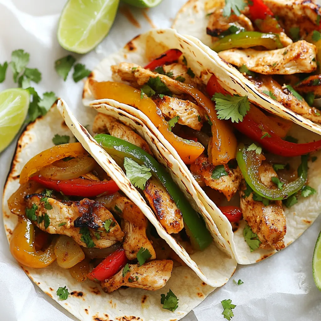 For these tasty fajitas, you need: - 1 pound boneless, skinless chicken breasts, sliced into thin strips - 1 red bell pepper, sliced - 1 green bell pepper, sliced - 1 medium onion, sliced - Flour or corn tortillas, for serving - Fresh cilantro for garnish - Lime wedges for serving The marinade gives this dish its zing. You will need: - 2 tablespoons honey - 3 tablespoons fresh lime juice - 2 tablespoons olive oil - 1 teaspoon ground cumin - 1 teaspoon smoked paprika - 1 teaspoon garlic powder - Salt and pepper to taste Toppings make your fajitas fun! Here are some ideas: - Sour cream - Guacamole - Salsa - Shredded cheese - Chopped tomatoes - Jalapeños Use these ingredients and toppings to create a delicious meal. Each bite bursts with flavor and freshness. Enjoy customizing your dish with your favorite toppings! {{ingredient_image_1}} Start by making the marinade. In a medium bowl, mix together the honey, lime juice, olive oil, cumin, smoked paprika, garlic powder, salt, and pepper. Whisk until everything blends well. The honey adds sweetness, while lime juice gives a nice tang. This mix will coat the chicken and add great flavor. Take one pound of sliced chicken breasts and place them in a resealable plastic bag or a shallow dish. Pour the marinade over the chicken, ensuring every piece gets coated. Seal the bag or cover the dish. Let it sit in the fridge for at least 30 minutes. For even better taste, marinate for up to 2 hours. Heat a large skillet over medium-high heat. Add the sliced red and green bell peppers along with the onion. Cook these veggies for about 5 minutes. They should soften but still hold their shape. Once they are ready, remove them from the pan and set aside. Now, add the marinated chicken and the leftover marinade to the same pan. Cook for 5 to 7 minutes. Stir often until the chicken turns golden brown and is no longer pink inside. After the chicken is cooked, add the sautéed peppers and onion back to the pan. Stir everything together and cook for another 1 to 2 minutes to warm it up. Now, it’s time to serve! Use warm flour or corn tortillas to wrap the chicken and veggies. Top them with fresh cilantro and serve with lime wedges for a zesty kick. Enjoy your tasty honey lime chicken fajitas! To get the most flavor from your Honey Lime Chicken Fajitas, marinate the chicken well. Use fresh lime juice and good quality honey. I suggest marinating for at least 30 minutes. If you have time, let it sit for two hours. This longer marination lets the flavors soak in deeply. Always whisk the marinade well to combine the ingredients fully. When cooking the chicken, use medium-high heat. This helps to brown the chicken nicely. Make sure your pan is hot before adding the chicken. This way, you get a great sear. Stir the chicken often to cook it evenly. It should take about 5 to 7 minutes to cook through. Ensure there’s no pink left inside, as this means it’s safe to eat. For a great presentation, serve the chicken fajitas in warm tortillas. Lay out the tortillas on a platter. Let guests build their own fajitas. This makes it fun and interactive. Offer toppings like fresh cilantro and lime wedges. You can also add salsa or sour cream for extra flavor. Keep everything colorful and fresh for a tasty meal! Pro Tips Marinate for Maximum Flavor: Allow the chicken to marinate for at least 2 hours, or overnight if possible, to enhance the flavor and tenderness. Customize Your Veggies: Feel free to add other vegetables like zucchini or mushrooms to the fajita mix for extra color and nutrition. Use Fresh Lime Juice: Freshly squeezed lime juice will provide a brighter and more vibrant flavor than bottled juice. Serve with Toppings: Offer a variety of toppings such as sour cream, guacamole, or salsa to allow guests to customize their fajitas. {{image_2}} You can easily make these fajitas vegetarian or vegan. Replace chicken with hearty veggies like mushrooms or jackfruit. Both options soak up the marinade well. You can also use tofu or tempeh for a protein boost. Just marinate them the same way as chicken. They will absorb all those great honey and lime flavors. Feel free to switch proteins in this recipe. Shrimp is a tasty option; just reduce cooking time. Steak or pork can also work well. Use the same marinade for these meats. Adjust cooking times so each protein is cooked perfectly. This gives you fun ways to enjoy these fajitas. You can change up the spices to suit your taste. Try adding chili powder for heat or oregano for a different flavor. For a fresh twist, mix in some chopped cilantro into the marinade. You can also add corn, black beans, or diced tomatoes while cooking. These add color and texture, making your dish even more exciting. To store leftover fajitas, let them cool first. Place the chicken and veggies in an airtight container. You can keep them in the fridge for up to three days. If you have tortillas left, store them separately to avoid sogginess. When you're ready to enjoy leftovers, you can reheat them easily. Use a skillet over medium heat for the best results. Cook until the chicken is hot again. You can also use a microwave, but it may make the tortillas chewy. Add a splash of lime juice for extra flavor when reheating. If you want to freeze fajitas, separate the components first. The cooked chicken and veggies freeze well together. Place them in a freezer-safe bag, removing as much air as possible. You can freeze them for up to three months. Tortillas can also be frozen. Just wrap them tightly in foil or plastic wrap. Yes, you can use chicken thighs. Thighs are juicier and have more flavor. They also stay tender when cooked. Just slice them into thin strips like the breasts. The cooking time may be similar, but check for doneness. You can marinate the chicken for at least 30 minutes. If you want more flavor, marinate for up to 2 hours. Avoid marinating for too long, as the acid in lime juice can change the texture of the chicken. Serve honey lime chicken fajitas with warm tortillas. Add fresh toppings like cilantro, avocado, or salsa. You can also offer sides like rice, beans, or a fresh salad. These pair well with the flavors of the fajitas. Yes, you can prepare the chicken and vegetables ahead of time. Marinate the chicken and chop the veggies a day before. Store them in the fridge until you're ready to cook. This saves time and makes dinner easier. This post covered everything you need for honey lime chicken fajitas. We discussed the main ingredients, marinade, and tasty toppings. I shared step-by-step instructions to make cooking easy. You learned tips for flavor and cooking techniques. I even offered variations and storage advice to help you enjoy fajitas longer. Remember, cooking should be fun and creative. With these tips, you can make fajitas that impress every time. Enjoy the process and share your results!