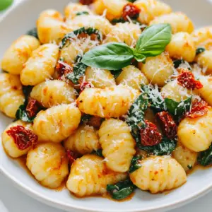 - 1 package (about 16 oz) potato gnocchi - 1 cup sun-dried tomatoes, packed in oil, drained and chopped - 1 cup heavy cream - 1 cup fresh spinach, chopped - 2 cloves garlic, minced - 1/2 cup grated Parmesan cheese - 2 tablespoons olive oil - Salt and black pepper to taste The star of this dish is the potato gnocchi. It gives a soft and fluffy texture that pairs well with the creamy sauce. Sun-dried tomatoes add a rich, tangy flavor. Heavy cream transforms the sauce into a smooth, velvety delight. Fresh spinach adds a pop of color and nutrients. Garlic brings warmth and depth. Parmesan cheese adds a salty finish. Olive oil helps to sauté the garlic and enhances the overall flavor. Don’t forget to season with salt and black pepper to balance everything. - Fresh basil - Additional cheese variants Fresh basil works as a bright and fragrant garnish. It adds a fresh twist to the dish. You can also use different types of cheese, like mozzarella or feta, for a unique taste. These garnishes can elevate your dish with vibrant flavors and textures. {{ingredient_image_1}} To cook the gnocchi, start with a large pot of salted water. Bring it to a rolling boil. Add the potato gnocchi carefully. Cook them according to the package instructions until they float to the top, which takes about 2-3 minutes. This floating means they are ready! Once they are done, drain the gnocchi in a colander. Be gentle to avoid breaking them. Set them aside for later. Next, let’s make the cream sauce. In a large skillet, add two tablespoons of olive oil and heat it over medium heat. Once hot, add two minced garlic cloves. Sauté the garlic for about one minute until it smells nice and fragrant. Then, add one cup of chopped sun-dried tomatoes. Stir them in and let them cook for another two minutes. This softens the tomatoes and brings out their flavor. Now it’s time to create the creamy base. Pour in one cup of heavy cream while stirring. Bring this mixture to a gentle simmer. Reduce the heat to low. Add one cup of chopped fresh spinach and half a cup of grated Parmesan cheese. Stir until the spinach wilts and the cheese melts into the sauce. This should take about three minutes. Taste and add salt and black pepper as needed. Now, let’s combine everything. Gently fold the cooked gnocchi into the creamy sauce. Stir until each piece of gnocchi is well coated and heated through. For serving, plate the creamy gnocchi in bowls. Top with fresh basil leaves for a pop of color and flavor. Enjoy the rich and tasty dish! To create the best sauce, use heavy cream. Heavy cream adds rich flavor and smooth texture. It coats the gnocchi beautifully. You should heat the cream gently. High heat can cause it to curdle. Keep the temperature low while stirring. This helps the sauce stay creamy and thick. Cooking gnocchi takes only a few minutes. Watch for them to float to the top of the water. This means they are done. If they cook too long, they can get mushy. To avoid this, set a timer. Once they float, drain them right away. This keeps them firm and ready for the sauce. To boost flavors, consider adding spices. A pinch of red pepper flakes adds heat. Dried oregano or thyme can enhance the taste, too. For a fresh twist, pair this dish with a green salad. A light vinaigrette complements the creamy sauce. You can also serve with crusty bread for dipping. Pro Tips Use Fresh Ingredients: Always opt for fresh spinach and high-quality sun-dried tomatoes for the best flavor and texture in your creamy sauce. Adjust the Creaminess: Feel free to adjust the amount of heavy cream based on your desired richness; for a lighter version, substitute half with vegetable broth. Perfectly Cooked Gnocchi: Make sure to only cook the gnocchi until they float; overcooking can result in a gummy texture. Garnish with Flair: Enhance the dish's presentation and flavor with a sprinkle of freshly cracked black pepper and additional Parmesan on top before serving. {{image_2}} You can add protein to your creamy sun-dried tomato gnocchi for more flavor. - Chicken or shrimp: Grilled chicken or sautéed shrimp works well. Just cook them in the skillet before adding the garlic. - Plant-based protein options: Try chickpeas or tofu for a tasty veggie twist. These add protein and keep the dish hearty. Switching up veggies can keep this dish fresh and fun. - Swapping spinach for other greens: You can use kale or arugula instead of spinach. Both add unique flavors and nutrients. - Incorporating seasonal vegetables: Fresh zucchini or bell peppers add color and crunch. Sauté them with the sun-dried tomatoes for the best taste. You can easily adapt this recipe for different diets. - Gluten-free options: Use gluten-free gnocchi made from rice or corn. This keeps the dish delicious and friendly for gluten-free eaters. - Vegan adaptations: Swap heavy cream for coconut cream and use nutritional yeast instead of cheese. This keeps the creamy texture while being plant-based. To keep your creamy sun-dried tomato gnocchi fresh, store it in an airtight container. Place the container in the fridge. It will last for about 3 days. When you want to enjoy it again, take it out and reheat it. - Reheating instructions: Use a skillet over medium heat. Add a splash of water or cream to keep it moist. Stir gently until heated through. You can also microwave it in a bowl. Cover it with a lid or a paper towel to avoid splatters. Heat it for 1-2 minutes, stirring halfway. If you want to save some gnocchi for later, freezing is a great option. - Freezing tips for gnocchi: Before freezing, let the dish cool completely. Portion it into smaller servings. This way, you can thaw only what you need. Use freezer-safe bags or containers to keep air out. - Storage duration and thawing methods: You can freeze the gnocchi for up to 2 months. When you're ready to eat, move it to the fridge overnight to thaw. For quick thawing, you can heat it directly from frozen in a skillet. Add a bit of cream or water to help it warm up evenly. The best way to cook gnocchi is to boil it. Fill a large pot with salted water. Bring it to a rolling boil. Add the gnocchi and cook until they float, about 2-3 minutes. This shows they are done. Drain them and set aside. Tips for cooking gnocchi perfectly: - Use plenty of water to prevent sticking. - Don’t overcrowd the pot; cook in batches if needed. - Taste one to check for doneness; it should be soft but firm. Yes, you can use different cheeses in this dish. Parmesan adds a nice sharp flavor. Cheese substitution advice: - Try Pecorino Romano for a saltier taste. - Use mozzarella for a creamy, stretchy texture. - Goat cheese can add a tangy twist. To make this recipe spicier, add red pepper flakes or chopped fresh chili peppers. Suggestions for adding heat: - Mix in a pinch of cayenne pepper when cooking the garlic. - Stir in diced jalapeños with the sun-dried tomatoes. - Serve with a drizzle of hot sauce on top. This blog post covered a delicious gnocchi dish, sharing key ingredients, cooking steps, and helpful tips. You learned how to make a creamy sauce with garlic, spinach, and cheese while ensuring your gnocchi is cooked perfectly. My final thoughts? Experiment with different veggies, proteins, and garnishes. Make this dish your own by exploring various flavors. Whether it's for a family meal or a cozy night in, enjoy every bite of your homemade gnocchi!