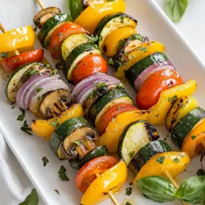 To make these herb grilled vegetable skewers, you need a mix of colorful veggies: - 1 zucchini, sliced into rounds - 1 bell pepper (red, yellow, or green), cut into chunks - 1 red onion, cut into wedges - 1 cup cherry tomatoes - 1 cup mushrooms, halved These veggies not only taste great but also look beautiful on the grill. The zucchini adds a nice softness, while the bell pepper brings a sweet crunch. The red onion provides a sharp contrast, and the cherry tomatoes add a burst of juicy flavor. Don't forget the mushrooms; they soak up the marinade and deliver a savory bite. To create a flavorful marinade, gather these simple ingredients: - 2 tablespoons olive oil - 2 cloves garlic, minced - 1 teaspoon dried oregano - 1 teaspoon dried thyme - 1 teaspoon dried basil - Salt and pepper, to taste This marinade is where the magic happens! The olive oil helps the veggies cook nicely while keeping them moist. Garlic adds a punch of flavor, and the herbs bring depth. You can adjust the salt and pepper to match your taste. Mixing these together creates a fragrant blend that will coat your veggies perfectly. You will also need the following to assemble your skewers: - Skewers (wooden or metal) - Fresh herbs for garnish If you use wooden skewers, make sure to soak them in water first. This prevents them from burning on the grill. Fresh herbs, like basil or parsley, make a lovely garnish. They not only look good but also add extra flavor. Now that you have your ingredients ready, you're set to create a tasty meal! {{ingredient_image_1}} First, if you use wooden skewers, soak them in water for 30 minutes. This helps prevent them from burning on the grill. While they soak, wash and cut your vegetables. Slice the zucchini into rounds. Cut the bell pepper into chunks and the red onion into wedges. Halve the cherry tomatoes and mushrooms. Make sure all pieces are about the same size. This helps them cook evenly. In a large bowl, mix 2 tablespoons of olive oil, 2 minced garlic cloves, 1 teaspoon of dried oregano, 1 teaspoon of dried thyme, and 1 teaspoon of dried basil. Add salt and pepper to taste. Stir well to combine. Add your chopped vegetables into the bowl. Toss everything together until the veggies are well coated with the marinade. Let them sit for 15 to 20 minutes. This allows the flavors to soak in. Preheat your grill to medium-high heat. While it heats, thread the marinated vegetables onto the skewers. Alternate the veggies for a colorful look. Once the grill is hot, place the skewers on it. Grill for 10 to 12 minutes. Turn them occasionally to get nice grill marks. The veggies should become tender and tasty. After grilling, take them off the heat and let them rest for a couple of minutes. You can sprinkle some fresh herbs on top before serving. To get the best taste from your herb grilled vegetable skewers, marinate the veggies for at least 15-20 minutes. This time helps the vegetables soak up the flavors from the marinade. You can adjust the seasoning based on your taste. If you like it spicy, add red pepper flakes. For a sweeter flavor, use more bell peppers or add a pinch of sugar. To prevent burning, soak wooden skewers in water for 30 minutes before grilling. This step keeps them from catching fire. When grilling, keep the heat at medium-high. Turn the skewers every few minutes for even cooking. This way, all sides get those lovely grill marks and stay tender. If you notice any veggies browning too fast, move them to a cooler part of the grill. For a stunning presentation, serve the skewers on a large platter. You can garnish them with fresh herbs like basil or parsley. Add a side of dipping sauce, like tzatziki or balsamic glaze, for extra flavor. This not only looks great but also invites your guests to enjoy the skewers in a fun way. Pro Tips Soak Wooden Skewers: Make sure to soak wooden skewers in water for at least 30 minutes prior to grilling to prevent them from burning on the grill. Marinate for Flavor: Allow the vegetables to marinate for 15-20 minutes to enhance their flavor and ensure they absorb the herbs and spices. Veggie Size Matters: Cut vegetables into uniform sizes to ensure even cooking and optimal grill marks. Rest Before Serving: Let the skewers rest for a couple of minutes after grilling to allow the juices to redistribute, enhancing the texture and flavor. {{image_2}} You can change up the veggies for fun flavors. Try seasonal vegetables for a fresh taste. Use asparagus, eggplant, or even sweet corn. Each season brings new options. Think about what veggies are at your local market. Different colors make your skewers pop. This not only looks good but tastes great too. Want to make your skewers heartier? Add proteins like chicken or shrimp. Cut them into small pieces for easy grilling. Tofu is a great choice for vegetarians. Simply marinate it with the same mix. This adds protein and keeps it filling. You can also try fish, like salmon, for a tasty twist. Want more heat? Add a pinch of red pepper flakes. This gives your skewers a spicy kick. You can mix in herbs like cilantro or dill for unique flavors. Experiment with different spices like cumin or smoked paprika. These can change the whole taste. Don't be afraid to get creative with your herbs! To keep your herb grilled vegetable skewers fresh, store them in the fridge. Place leftovers in an airtight container. They stay good for 3 to 5 days. Make sure the skewers cool first before sealing them. This helps avoid extra moisture which can make them soggy. When reheating, I suggest using an oven or a grill. Preheat your oven to 350°F (175°C). Place the skewers on a baking sheet. Heat them for about 10 minutes. If using a grill, reheat on medium heat for around 5 minutes. This keeps the veggies juicy and flavorful. You can freeze leftover vegetable skewers too. Wrap each skewer tightly in plastic wrap. Then place them in a freezer bag. They can last up to 3 months in the freezer. To thaw, simply leave them in the fridge overnight. You can also use the microwave for quick thawing. Just be careful not to cook them! For perfect herb grilled vegetable skewers, grill them for about 10-12 minutes. This time works well for most vegetables. You want them to be tender and have lovely grill marks. - Zucchini: 10-12 minutes - Bell peppers: 10-12 minutes - Red onion: 10-12 minutes - Cherry tomatoes: 6-8 minutes - Mushrooms: 8-10 minutes Make sure to turn the skewers occasionally. This helps all sides cook evenly. Yes! You can prep these skewers ahead of time. Here are some tips: - Marinate the vegetables: You can marinate them in the fridge for up to 24 hours. This makes the flavors even better. - Assemble and store: You can thread the veggies onto skewers and cover them. Keep them in the fridge for a few hours before grilling. - Soaking skewers: If using wooden skewers, soak them for at least 30 minutes. This helps prevent burning. These skewers pair well with many sides. Here are some tasty ideas: - Dipping sauces: Try tzatziki or a balsamic glaze for added flavor. - Salads: A fresh green salad or quinoa salad complements the skewers well. - Grains: Serve with rice or couscous for a hearty meal. Feel free to mix and match these ideas for a fun and flavorful meal! In this guide, we explored how to make delicious herb-grilled vegetable skewers. We covered ingredients, step-by-step instructions, and tips for the best flavor. You can now use fresh veggies, marinades, and cooking techniques to create tasty skewers. Remember to experiment with different vegetables and proteins. Make your skewers unique! With these tips, your meals will be colorful, flavorful, and fun to share. Enjoy your cooking and grilling adventures!