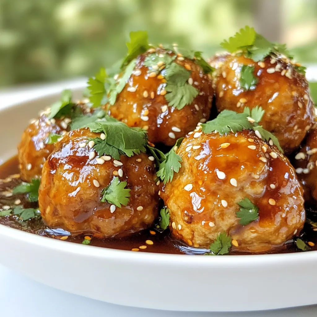 For these teriyaki turkey meatballs, you will need: - 1 lb ground turkey - 1/2 cup breadcrumbs - 1/4 cup green onions, finely chopped - 2 cloves garlic, minced - 1 tablespoon fresh ginger, grated - 1 egg, beaten - 1/4 cup soy sauce (low sodium if preferred) - 3 tablespoons honey - 1 tablespoon rice vinegar - 1 tablespoon sesame oil These ingredients create a juicy and flavorful base for the meatballs. Ground turkey keeps them moist, while garlic and ginger add a zesty kick. The soy sauce and honey bring that classic teriyaki taste. To make your meatballs even better, consider these garnishes: - Sesame seeds - Fresh cilantro These garnishes add a nice touch. The sesame seeds give a crunch, while cilantro adds freshness. If you need to make changes, here are some good swaps: - Ground chicken can replace turkey. - Panko breadcrumbs can be used instead of regular breadcrumbs. - Maple syrup can stand in for honey. - Coconut aminos can replace soy sauce for a soy-free option. These substitutions can keep your recipe flexible. Each change still keeps the great flavor and texture you want. {{ingredient_image_1}} First, set your oven to 400°F (200°C). This temperature helps the meatballs cook evenly. Next, grab a baking sheet and line it with parchment paper. This step makes clean-up easy and helps the meatballs not stick. In a big bowl, mix the ground turkey, breadcrumbs, and green onions. Add the minced garlic and grated ginger. Don’t forget the beaten egg! Use your hands or a spoon to blend everything well. The mixture should feel sticky but hold together. Shape this mixture into meatballs. Aim for about one inch in size. Place them on the lined baking sheet, leaving space between each one. Now it's time to create the teriyaki glaze. In a separate bowl, whisk together the soy sauce, honey, rice vinegar, and sesame oil. This mix brings a sweet and savory flavor. Brush half of this glaze onto the meatballs. Make sure to coat them well. Set aside the rest for later. Bake the meatballs in your preheated oven for 20 minutes. They should turn golden brown and be cooked through. After 20 minutes, take them out and toss them in the reserved teriyaki glaze. This adds extra flavor. Return them to the oven for another 5 minutes. This last step allows the glaze to caramelize a bit. When done, let them cool for a few minutes before serving. Enjoy your homemade teriyaki turkey meatballs! To keep your meatballs juicy, use 1 pound of ground turkey. Ground turkey can dry out easily. Mix in breadcrumbs and egg for moisture. The breadcrumbs absorb juices and help hold everything together. Don't overmix the meatball mixture; this can make them tough. Aim for a light hand when forming the meatballs. The teriyaki glaze is key to flavor. Brush half of it on the meatballs before baking. This helps the glaze caramelize and stick. After baking, toss the meatballs in the reserved glaze. This adds a fresh layer of flavor. Return them to the oven for 5 minutes to get that sticky finish. You can make these meatballs ahead of time. Prepare them and store them in the fridge for up to 24 hours. Just add the glaze right before baking. This saves time on busy nights. If you freeze them, thaw overnight in the fridge before cooking. Bake as directed when you're ready to enjoy! Pro Tips Use Fresh Ingredients: Always opt for fresh garlic and ginger for the best flavor in your meatballs. Don’t Overmix: When combining the ingredients for the meatballs, mix just until combined to keep them tender. Adjust Sweetness: Feel free to modify the amount of honey in the glaze based on your personal preference for sweetness. Serve with Sides: Pair these meatballs with steamed rice or vegetables for a complete meal experience. {{image_2}} If you want to mix things up, try different proteins. Ground chicken works well and gives a lighter taste. Beef is another good choice. It adds a rich flavor that many love. If you prefer plant-based options, use lentils or chickpeas. Just mash them well and adjust the spices for taste. Each protein brings a new twist to your meatballs. The teriyaki glaze is key to the taste. You can play with it! Add some garlic or chili flakes for a kick. If you like sweet flavors, try brown sugar instead of honey. For a tangy twist, add orange juice or zest. You can even use pineapple juice for a fruity touch. Each change will make your meatballs unique. These meatballs are great on their own, but you can serve them in many ways. Try them on a bed of rice or noodles. They also pair well with steamed veggies or a fresh salad. If you're hosting, serve them as appetizers with toothpicks. Don't forget to provide extra glaze for dipping. These options make meals fun and tasty! After cooking, let the teriyaki turkey meatballs cool. Place them in an airtight container. They can stay fresh in the fridge for up to three days. Make sure to store the meatballs with some glaze to keep them moist. You can freeze the meatballs if you want to store them longer. First, let them cool completely. Then, place them in a single layer on a baking sheet. Freeze them for about one hour. Once frozen, transfer the meatballs to a freezer-safe bag. They can last up to three months in the freezer. To reheat, you can use the oven or the microwave. For the oven, preheat it to 350°F (175°C). Place the meatballs on a baking sheet and heat for about 10 minutes. If using a microwave, heat in 30-second intervals until warm. Always check that the meatballs are hot all the way through before serving. Yes, you can make Teriyaki Turkey Meatballs ahead of time. Prepare the meatballs and store them in the fridge for up to 24 hours. You can also freeze them for up to three months. Just thaw them in the fridge overnight before cooking. This makes meal prep easy and saves time. To check if the meatballs are cooked, use a meat thermometer. The internal temperature should reach 165°F (74°C). If you don’t have a thermometer, cut one meatball in half. It should be no longer pink inside and the juices should run clear. You can serve Teriyaki Turkey Meatballs with many sides. Here are some ideas: - Steamed rice or quinoa - Stir-fried vegetables - Noodles tossed in sesame oil - A fresh green salad These sides balance the flavors nicely and add healthy options. Yes, you can use other meats for this recipe. Ground chicken or pork work well as substitutes. Beef can also be used, but it will change the flavor. Just adjust the cooking time if using a different meat. Each option gives a unique taste to the dish. In this blog post, we explored tasty teriyaki turkey meatballs. We covered main ingredients and optional garnishes. You learned how to combine and bake them perfectly. I shared tips for keeping meatballs moist and glazing well. We also discussed fun variations and storage ideas. In the end, teriyaki turkey meatballs are fun to make and enjoy. Try different flavors and share with friends.