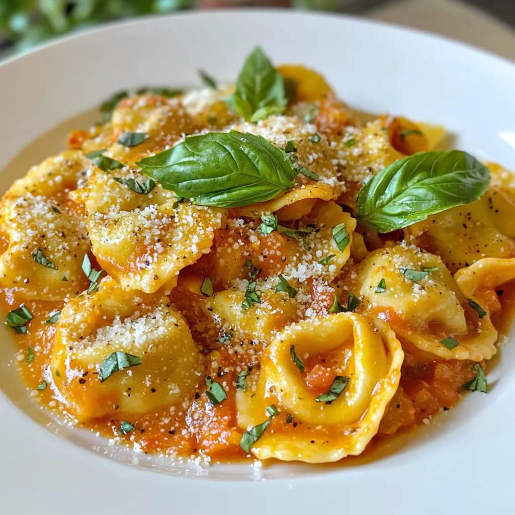 To make creamy tomato basil tortellini, gather these key ingredients: - 12 oz cheese tortellini - 2 tablespoons olive oil - 3 cloves garlic, minced - 1 can (15 oz) crushed tomatoes - 1 teaspoon sugar - 1 teaspoon dried oregano - Salt and pepper to taste - 1 cup heavy cream - 1 cup fresh basil, chopped - 1/2 cup grated Parmesan cheese - Optional: extra basil leaves for garnish You can swap some ingredients if needed. If you want a lighter dish, use half-and-half instead of heavy cream. For a dairy-free version, try using coconut cream. If you don't have cheese tortellini, any pasta shape works well. Use canned diced tomatoes if crushed tomatoes are not available. Fresh herbs are best, but dried basil can work in a pinch. This recipe contains dairy and gluten. For gluten-free options, choose gluten-free tortellini. If you’re lactose intolerant, use dairy-free cheese and cream. Always check labels for allergens. This dish can also be made vegan by using plant-based tortellini and omitting cheese. {{ingredient_image_1}} Start by boiling salted water in a large pot. Once boiling, add 12 oz of cheese tortellini. Cook them according to the package instructions until they are al dente. This usually takes about 3 to 5 minutes. After they are cooked, drain the tortellini and set them aside. Make sure not to rinse them. This keeps the flavor intact. In the same pot, heat 2 tablespoons of olive oil over medium heat. Add 3 cloves of minced garlic and sauté for about 1 minute. Watch closely to avoid burning the garlic. Once fragrant, add 1 can of crushed tomatoes, 1 teaspoon of sugar, and 1 teaspoon of dried oregano. Stir well to mix everything. Let the sauce simmer for 5 to 7 minutes. Season it with salt and pepper to your taste. Lower the heat and pour in 1 cup of heavy cream. Stir until the sauce becomes creamy. Now, mix in 1 cup of fresh chopped basil and 1/2 cup of grated Parmesan cheese. Stir until the cheese melts and the sauce thickens slightly. Gently fold the cooked tortellini into the sauce, ensuring they are well coated. Let it simmer for another 2 to 3 minutes to heat through. Adjust seasoning if needed. Serve hot, garnished with extra basil leaves and a sprinkle of Parmesan cheese if you like. To get the sauce just right, focus on the cream. Start with medium heat to avoid burning. Stir in the heavy cream slowly. This helps the sauce thicken smoothly. If it's too thick, add a splash of pasta water. This water has starch and will help blend the sauce better. Fresh herbs make a big difference. I love using fresh basil in this dish. It adds a bright taste. You can also add a pinch of red pepper flakes for heat or more oregano for depth. Don't forget to taste as you go. Adjust the salt and pepper for the best flavor. Cook the tortellini in boiling salted water. This adds flavor to the pasta. Follow package instructions for timing. Drain the tortellini but save some cooking water. This water helps the sauce stick to the pasta. Mix the tortellini gently into the sauce for even coating. Enjoy every bite! Pro Tips Use Fresh Ingredients: Opt for fresh basil instead of dried for a more vibrant flavor in your creamy sauce. Adjust the Thickness: If the sauce is too thick, add a splash of pasta water to reach your desired consistency. Enhance the Flavor: Add a pinch of red pepper flakes for a spicy kick that complements the creaminess. Perfect Cheese Combination: Mix different types of cheese like mozzarella or Gruyère with Parmesan for a deeper flavor profile. {{image_2}} You can make creamy tomato basil tortellini vegetarian by skipping the meat. This dish shines with its creamy tomato sauce and fresh basil. You can add extra veggies for texture and flavor. Consider adding spinach, zucchini, or bell peppers. These choices boost nutrition and add color. They blend well with the sauce and tortellini. If you want to add protein, chicken or shrimp works great. For chicken, use cooked, shredded meat. Stir it into the sauce just before adding the tortellini. If you like shrimp, sauté them in olive oil until pink. Then, add them to the sauce. The protein makes the dish heartier and more filling. To make this dish gluten-free, you can swap regular tortellini for gluten-free pasta. Many brands offer tasty gluten-free options. Just follow cooking instructions on the package. Ensure all other ingredients, like sauces and seasonings, are gluten-free too. This way, you can enjoy creamy tomato basil tortellini without worry. To keep your creamy tomato basil tortellini fresh, store it in an airtight container. Make sure it cools down before sealing. Place it in the fridge if you plan to eat it within three days. The cream sauce can thicken, but it will still taste great. When you want to enjoy the leftovers, reheat them gently. Use a pot on low heat. Add a splash of water or more cream to loosen the sauce. Stir often until it’s hot. You can also use the microwave. Heat in short bursts, stirring in between to prevent hot spots. You can freeze this dish if you want to save some for later. First, let it cool completely. Then, place it in a freezer-safe container. It can last up to three months in the freezer. When ready to eat, thaw it in the fridge overnight. Reheat as described earlier for the best taste. Yes, you can use fresh tortellini. Fresh tortellini cooks faster than frozen. Check the package for cooking time. Generally, fresh tortellini takes about 3-5 minutes to cook. Just keep an eye on it to avoid overcooking. Toss it gently with the creamy sauce when ready. Absolutely! You can use half-and-half or whole milk. Both will create a lighter sauce. Keep in mind the sauce may not be as thick or rich. You can also add a bit of cream cheese for creaminess. This way, you maintain that lovely texture without too many calories. To spice it up, try adding red pepper flakes. Start with a pinch and taste. Adjust it to your heat preference. You can also use a spicy tomato sauce. Another option is to add diced jalapeños during cooking for a fresh kick. These tweaks will add flavor and heat to your dish. This article covered how to make a delicious tortellini dish. We explored key ingredients and great substitutions for diets. I shared step-by-step instructions for cooking and blending flavors. You learned tips to perfect the sauce and enhance taste. I also gave you variations for different diets and protein options. Lastly, I discussed the best ways to store and reheat. Remember, cooking is fun and can be adjusted for your taste. Enjoy your culinary journey with tortellini!