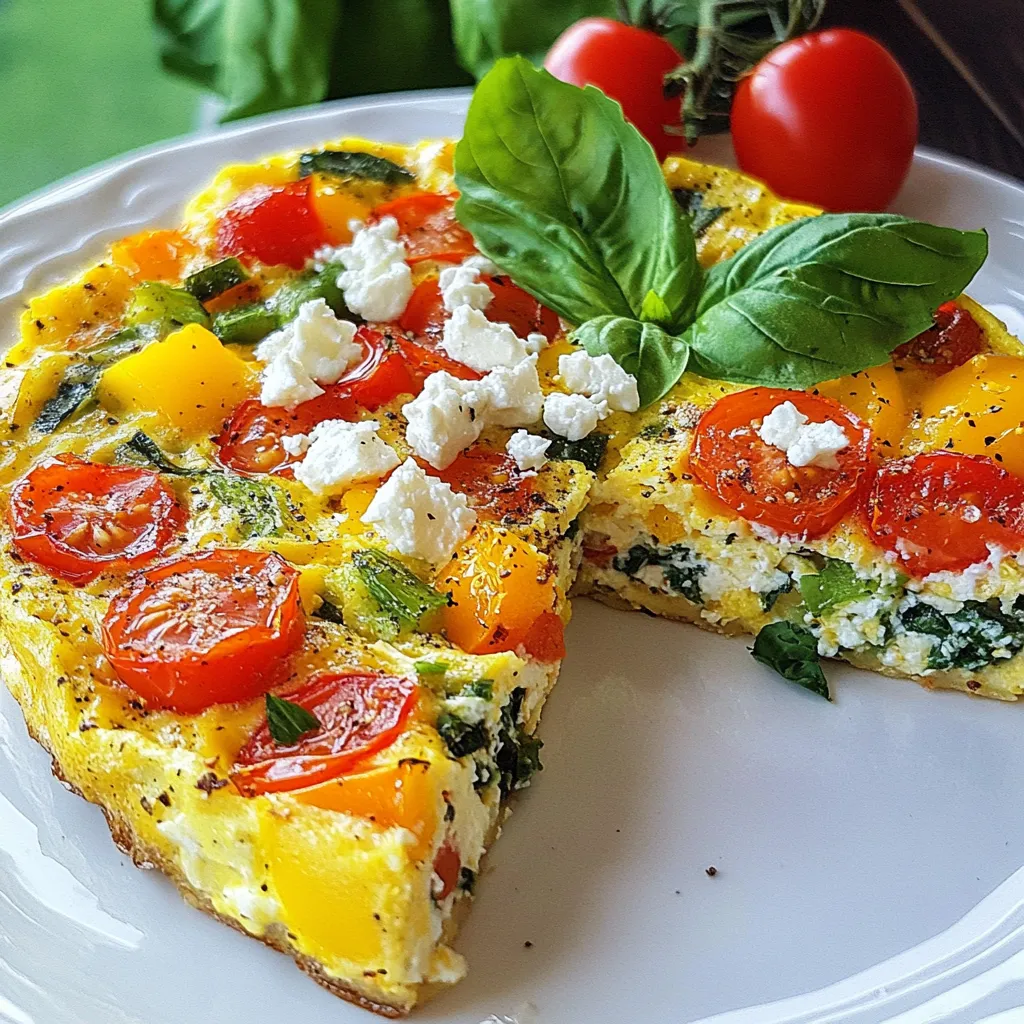 To make a tasty garden veggie frittata, gather these items: - 6 large eggs - 1/4 cup milk - 1 cup cherry tomatoes, halved - 1 cup fresh spinach, roughly chopped - 1/2 cup bell peppers (red and yellow), diced - 1 small zucchini, diced - 1/4 cup red onion, finely chopped - 1/2 cup feta cheese, crumbled - 2 tablespoons olive oil - Salt and pepper to taste - Fresh basil leaves for garnish (optional) This frittata is not just delicious; it's also good for you. Each serving has about 220 calories. You get protein from the eggs and feta. The veggies add fiber and vitamins. In terms of macros, you get roughly: - Protein: 14g - Carbohydrates: 8g - Fat: 15g These values can change based on how many servings you cut. Using fresh veggies gives the best taste. They also keep their nutrients well. I love using fresh spinach and cherry tomatoes in my frittata. They add color and flavor. You can use frozen veggies if fresh ones aren't available. Just remember to thaw and drain them first. Excess water can make your frittata soggy. Fresh veggies are always best for this recipe. {{ingredient_image_1}} To make this frittata, start by gathering your ingredients. Here’s what you need: - 6 large eggs - 1/4 cup milk - 1 cup cherry tomatoes, halved - 1 cup fresh spinach, roughly chopped - 1/2 cup bell peppers (red and yellow), diced - 1 small zucchini, diced - 1/4 cup red onion, finely chopped - 1/2 cup feta cheese, crumbled - 2 tablespoons olive oil - Salt and pepper to taste - Fresh basil leaves for garnish (optional) Next, wash and chop the vegetables. Halve the cherry tomatoes, dice the zucchini and bell peppers, and chop the spinach. Also, finely chop the red onion. This prep makes cooking easy and fun. Now, let’s cook the veggies. First, heat 2 tablespoons of olive oil in an oven-safe skillet over medium heat. Once hot, add the chopped red onion. Sauté for about 3-4 minutes. You want the onion to become soft and slightly clear. Next, add the diced bell peppers and zucchini. Cook these for about 4-5 minutes. Stir often until they soften. Then, add the halved cherry tomatoes and chopped spinach. Cook for another 2-3 minutes. You’ll see the spinach wilts and brightens up. This mix smells amazing! After cooking the veggies, it’s time to add the eggs. In a large bowl, whisk together the eggs and milk. Add salt and pepper to taste. Pour this egg mixture evenly over the vegetable mix in the skillet. Sprinkle crumbled feta cheese on top. Let the frittata cook on the stovetop for 3-4 minutes. You’ll see the edges begin to set. After that, transfer the skillet to a preheated oven at 375°F (190°C). Bake for 12-15 minutes. The frittata will puff up and set completely. Once done, remove the skillet from the oven. Let it cool for a few minutes, then slice into wedges. If you like, garnish with fresh basil leaves before serving. Enjoy your delicious garden veggie frittata warm! To make the best frittata, focus on the eggs. Use fresh eggs for great taste. Whisk them well with milk. This adds creaminess. Season your egg mix with salt and pepper. Use a good oven-safe skillet. A cast iron skillet works great. Heat the skillet before adding your veggies. This helps them cook evenly. Pour in the egg mix when the veggies are soft. Let it cook on the stove first. This helps the edges set nicely. One common mistake is overcooking the frittata. Keep an eye on it in the oven. Remove it once it’s slightly puffed. Another mistake is not using enough fat. Olive oil adds flavor and helps the frittata slide out easily. Don’t skip the salt and pepper. They bring out the flavors of the veggies and cheese. Lastly, avoid overcrowding the pan with too many veggies. This can make the frittata soggy. For this frittata, use a sturdy oven-safe skillet. A cast iron or non-stick skillet works best. You will need a whisk for mixing the eggs. A spatula helps to move the frittata while cooking. An oven mitt is essential when moving the hot skillet. If you want to slice your frittata neatly, a sharp knife is key. This way, each slice looks great on the plate. Pro Tips Use Fresh Ingredients: Opt for the freshest vegetables and herbs you can find for the best flavor and nutrition in your frittata. Don’t Overcook: Keep an eye on your frittata while it’s baking to prevent it from becoming dry. It should be set but still moist in the center. Customize Your Veggies: Feel free to substitute or add any seasonal vegetables you have on hand, such as asparagus or mushrooms, to enhance the frittata. Perfect Presentation: For a beautiful presentation, slice the frittata into wedges and serve with a sprinkle of fresh herbs and a side salad. {{image_2}} You can change the veggies in your frittata to match your taste. Try using broccoli, kale, or mushrooms. These add color and flavor. You can also add asparagus or artichoke hearts for a twist. Mix and match to keep it fun. Seasonal veggies work great, too. You may find that fresh corn or peas brighten your dish. The key is to use what you love and what’s in season. Feta cheese adds a nice tang, but other cheeses work well, too. You can use goat cheese for a creamier texture. Cheddar or mozzarella also melt beautifully. If you want a lighter option, try cottage cheese. Simply crumbled or shredded, each cheese gives its own flavor. Mix different cheeses to create your own blend. This keeps your frittata exciting. Adding protein can make your frittata more filling. Diced ham or crispy bacon are popular choices. They add a savory punch. You can also use cooked sausage or turkey for a leaner option. If you want a vegetarian protein, try adding beans or lentils. They will keep you full and satisfied. Just remember to adjust your cooking time based on what you choose. You can store your Garden Veggie Frittata in the fridge. Place it in an airtight container. It will stay fresh for about 3 to 4 days. Make sure it cools to room temperature before sealing. This helps keep moisture out. If you want to save it for later, freezing is a great option. Cut the frittata into slices. Wrap each slice in plastic wrap. Then place them in a freezer-safe bag. This keeps them fresh for up to 2 months. Label the bag with the date to keep track. To reheat, take out a slice and let it thaw in the fridge overnight. If you’re in a hurry, use the microwave. Heat it on medium power for about 1 to 2 minutes. You can also reheat it in the oven at 350°F (175°C) for 10 to 15 minutes. This will keep the frittata nice and fluffy. Enjoy your meal! Yes, you can prepare a Garden Veggie Frittata ahead of time. This dish keeps well in the fridge. I often make it the night before a brunch. Just store it in an airtight container. When you're ready to serve it, warm it up in the oven or microwave. It tastes great warm or at room temperature. You can tell when the frittata is done by looking at it closely. The edges will be set, while the center may still jiggle slightly. Once you take it out of the oven, let it sit for a few minutes. It will continue to set as it cools. A toothpick inserted in the center should come out clean when it's fully cooked. Many herbs work great in a veggie frittata. Fresh basil adds a sweet, fragrant touch. Chives give a mild onion flavor. You can also try parsley for a fresh bite. Thyme and oregano add a warm depth. Feel free to mix and match to find your favorite blend. These herbs will enhance the flavors of your frittata. In this blog post, I covered how to make a delicious veggie frittata. We discussed the key ingredients, nutritional facts, and the best ways to prepare fresh or frozen vegetables. I shared step-by-step cooking instructions and offered tips to avoid common mistakes. We explored different variations, from veggie combos to protein add-ins. Finally, I provided storage tips for leftovers. A frittata is simple to make and full of flavor. With these guidelines, you can enjoy a tasty meal any time.
