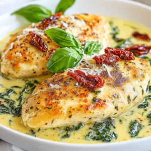 To make creamy spinach sun-dried tomato chicken, gather these ingredients: - 4 boneless, skinless chicken breasts - 2 tablespoons olive oil - Salt and pepper, to taste - 3 cloves garlic, minced - 1 cup fresh spinach, chopped - 1/2 cup sun-dried tomatoes, sliced - 1 cup heavy cream - 1/2 cup grated Parmesan cheese - 1 teaspoon Italian seasoning - 1 tablespoon fresh basil, chopped (for garnish) If you need to change some ingredients, here are some great options: - Chicken breasts can be swapped with thighs for extra flavor. - Use coconut milk instead of heavy cream for a lighter sauce. - Fresh spinach can be replaced with frozen spinach; just thaw and drain it first. - Instead of sun-dried tomatoes, try roasted red peppers for a different taste. - Nutritional yeast can replace Parmesan cheese for a vegan option. This dish serves four and offers a balance of protein and fat. Each serving has approximately: - Calories: 480 - Protein: 38g - Carbohydrates: 7g - Fat: 35g - Fiber: 1g This meal is rich in calcium from the cheese and vitamins from the spinach. Enjoy this hearty dish while knowing it fuels your body well! {{ingredient_image_1}} Start by seasoning both sides of the chicken breasts. Use salt and pepper to taste. This simple step adds flavor to the chicken. Make sure you cover all areas of the chicken. This will help every bite taste great. Next, heat two tablespoons of olive oil in a large skillet. Use medium-high heat for this step. Once the oil is hot, add the seasoned chicken breasts. Cook them for about 5-6 minutes on each side. Look for a nice golden brown color. This means they are cooking well. After cooking, remove the chicken from the skillet and set it aside. In the same skillet, add three cloves of minced garlic. Sauté the garlic for about 30 seconds. You want it to be fragrant but not burnt. Then, stir in one cup of chopped fresh spinach and half a cup of sliced sun-dried tomatoes. Cook this for 2-3 minutes. You will know it's ready when the spinach wilts. Lower the heat to medium next. Pour in one cup of heavy cream and stir to mix it well. Let the cream warm up a bit. Then, mix in half a cup of grated Parmesan cheese and one teaspoon of Italian seasoning. Stir until the cheese melts and the sauce thickens slightly, which should take about 3-4 minutes. Finally, return the cooked chicken to the skillet. Spoon some of the creamy sauce on top of the chicken. Let it simmer for an additional 2-3 minutes to heat through. Your dish is now ready to serve! To get the best flavor, start with fresh chicken breasts. Season them well with salt and pepper. Use medium-high heat to cook the chicken. This gives it a nice golden crust. After cooking, let the chicken rest for a few minutes. This helps keep it juicy. When you sauté garlic, do it quickly. Garlic burns fast, so watch it closely. For the sauce, add cream slowly. Stir well to mix everything together. Don’t skip the resting time for the chicken. If you cut it right away, juices will run out. Be careful not to overcook the garlic. It should smell good, not burnt. If the sauce is too thick, add a bit of water or broth. Taste the sauce before serving. You might need more salt or seasoning. Lastly, don’t forget to garnish with fresh basil. It adds color and flavor. This dish pairs well with rice or pasta. You can also serve it with crusty bread. For a fresh touch, add a side salad. A simple green salad works great. If you want more color, try roasted vegetables. They add a nice crunch and taste. Enjoy your meal hot for the best flavor. Pro Tips Use Fresh Ingredients: Fresh spinach and quality sun-dried tomatoes will enhance the flavor of the dish significantly. Don’t Overcook the Chicken: To keep the chicken moist and tender, ensure you cook it just until it reaches an internal temperature of 165°F (75°C). Adjust Creaminess: You can substitute half-and-half for a lighter version of the sauce without losing too much creaminess. Serve with a Side: Pair this dish with a side of pasta or a fresh salad to balance the richness of the cream sauce. {{image_2}} You can make a tasty twist by adding pasta. Cook your favorite pasta. I like penne or fettuccine. After making the creamy sauce, toss in the cooked pasta. Mix well, so the pasta absorbs all the flavors. This makes a filling meal. Top with extra Parmesan for a nice finish. To make this dish dairy-free, swap the heavy cream. Use coconut cream or cashew cream instead. These options keep the sauce rich. Replace Parmesan cheese with nutritional yeast. This adds a cheesy flavor without dairy. You will still enjoy a creamy and tasty dish. If you want a low-carb meal, skip the pasta. Instead, serve the chicken over steamed veggies. Zucchini noodles work great too. They soak up the sauce well. You can also add cauliflower rice for texture. This keeps the meal light and healthy while still being delicious. To keep your creamy spinach sun-dried tomato chicken fresh, place it in an airtight container. Make sure to let it cool before sealing it. Store it in the fridge for up to three days. This way, you can enjoy the rich flavors later. When you are ready to eat your leftovers, use a skillet or microwave. For the skillet, heat on low. Add a splash of cream or water to keep the sauce moist. Stir until heated through. If using a microwave, cover the bowl with a lid. Heat for 1-2 minutes, stopping to stir halfway. If you want to save this dish for later, freezing is a great option. Allow the chicken to cool completely. Then, place it in a freezer-safe container. It can last up to three months in the freezer. When ready to eat, thaw it in the fridge overnight, then reheat as mentioned above. Yes, you can use frozen spinach. Just thaw and drain it well. Frozen spinach is less watery than fresh. This makes it easier to mix into your dish. Cook it for a minute or two until heated. You can replace heavy cream with half-and-half or coconut milk. Both options give creaminess. They also cut down on calories. For a lighter option, use Greek yogurt mixed with milk. It adds a nice tangy flavor, too. This dish lasts about three to four days in the fridge. Store it in an airtight container. Reheat gently to keep the chicken moist. If you want to keep it longer, you can freeze it. Just remember to thaw it before reheating. This blog post covered key points to make a tasty chicken dish. We listed ingredients and looked at swaps if you need them. You learned how to prepare and cook the chicken, plus make a rich cream sauce. Tips on cooking best practices and common mistakes help you succeed. Variations let you explore different flavors or diets. Finally, we discussed how to store leftovers for later. Follow these steps and tips, and you’ll enjoy a delicious meal every time!