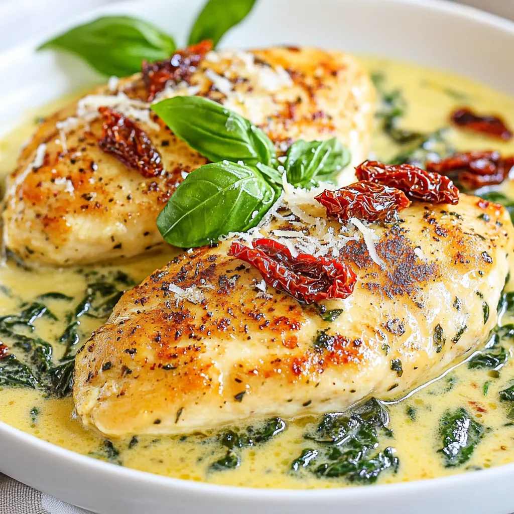 To make creamy spinach sun-dried tomato chicken, gather these ingredients: - 4 boneless, skinless chicken breasts - 2 tablespoons olive oil - Salt and pepper, to taste - 3 cloves garlic, minced - 1 cup fresh spinach, chopped - 1/2 cup sun-dried tomatoes, sliced - 1 cup heavy cream - 1/2 cup grated Parmesan cheese - 1 teaspoon Italian seasoning - 1 tablespoon fresh basil, chopped (for garnish) If you need to change some ingredients, here are some great options: - Chicken breasts can be swapped with thighs for extra flavor. - Use coconut milk instead of heavy cream for a lighter sauce. - Fresh spinach can be replaced with frozen spinach; just thaw and drain it first. - Instead of sun-dried tomatoes, try roasted red peppers for a different taste. - Nutritional yeast can replace Parmesan cheese for a vegan option. This dish serves four and offers a balance of protein and fat. Each serving has approximately: - Calories: 480 - Protein: 38g - Carbohydrates: 7g - Fat: 35g - Fiber: 1g This meal is rich in calcium from the cheese and vitamins from the spinach. Enjoy this hearty dish while knowing it fuels your body well! {{ingredient_image_1}} Start by seasoning both sides of the chicken breasts. Use salt and pepper to taste. This simple step adds flavor to the chicken. Make sure you cover all areas of the chicken. This will help every bite taste great. Next, heat two tablespoons of olive oil in a large skillet. Use medium-high heat for this step. Once the oil is hot, add the seasoned chicken breasts. Cook them for about 5-6 minutes on each side. Look for a nice golden brown color. This means they are cooking well. After cooking, remove the chicken from the skillet and set it aside. In the same skillet, add three cloves of minced garlic. Sauté the garlic for about 30 seconds. You want it to be fragrant but not burnt. Then, stir in one cup of chopped fresh spinach and half a cup of sliced sun-dried tomatoes. Cook this for 2-3 minutes. You will know it's ready when the spinach wilts. Lower the heat to medium next. Pour in one cup of heavy cream and stir to mix it well. Let the cream warm up a bit. Then, mix in half a cup of grated Parmesan cheese and one teaspoon of Italian seasoning. Stir until the cheese melts and the sauce thickens slightly, which should take about 3-4 minutes. Finally, return the cooked chicken to the skillet. Spoon some of the creamy sauce on top of the chicken. Let it simmer for an additional 2-3 minutes to heat through. Your dish is now ready to serve! To get the best flavor, start with fresh chicken breasts. Season them well with salt and pepper. Use medium-high heat to cook the chicken. This gives it a nice golden crust. After cooking, let the chicken rest for a few minutes. This helps keep it juicy. When you sauté garlic, do it quickly. Garlic burns fast, so watch it closely. For the sauce, add cream slowly. Stir well to mix everything together. Don’t skip the resting time for the chicken. If you cut it right away, juices will run out. Be careful not to overcook the garlic. It should smell good, not burnt. If the sauce is too thick, add a bit of water or broth. Taste the sauce before serving. You might need more salt or seasoning. Lastly, don’t forget to garnish with fresh basil. It adds color and flavor. This dish pairs well with rice or pasta. You can also serve it with crusty bread. For a fresh touch, add a side salad. A simple green salad works great. If you want more color, try roasted vegetables. They add a nice crunch and taste. Enjoy your meal hot for the best flavor. Pro Tips Use Fresh Ingredients: Fresh spinach and quality sun-dried tomatoes will enhance the flavor of the dish significantly. Don’t Overcook the Chicken: To keep the chicken moist and tender, ensure you cook it just until it reaches an internal temperature of 165°F (75°C). Adjust Creaminess: You can substitute half-and-half for a lighter version of the sauce without losing too much creaminess. Serve with a Side: Pair this dish with a side of pasta or a fresh salad to balance the richness of the cream sauce. {{image_2}} You can make a tasty twist by adding pasta. Cook your favorite pasta. I like penne or fettuccine. After making the creamy sauce, toss in the cooked pasta. Mix well, so the pasta absorbs all the flavors. This makes a filling meal. Top with extra Parmesan for a nice finish. To make this dish dairy-free, swap the heavy cream. Use coconut cream or cashew cream instead. These options keep the sauce rich. Replace Parmesan cheese with nutritional yeast. This adds a cheesy flavor without dairy. You will still enjoy a creamy and tasty dish. If you want a low-carb meal, skip the pasta. Instead, serve the chicken over steamed veggies. Zucchini noodles work great too. They soak up the sauce well. You can also add cauliflower rice for texture. This keeps the meal light and healthy while still being delicious. To keep your creamy spinach sun-dried tomato chicken fresh, place it in an airtight container. Make sure to let it cool before sealing it. Store it in the fridge for up to three days. This way, you can enjoy the rich flavors later. When you are ready to eat your leftovers, use a skillet or microwave. For the skillet, heat on low. Add a splash of cream or water to keep the sauce moist. Stir until heated through. If using a microwave, cover the bowl with a lid. Heat for 1-2 minutes, stopping to stir halfway. If you want to save this dish for later, freezing is a great option. Allow the chicken to cool completely. Then, place it in a freezer-safe container. It can last up to three months in the freezer. When ready to eat, thaw it in the fridge overnight, then reheat as mentioned above. Yes, you can use frozen spinach. Just thaw and drain it well. Frozen spinach is less watery than fresh. This makes it easier to mix into your dish. Cook it for a minute or two until heated. You can replace heavy cream with half-and-half or coconut milk. Both options give creaminess. They also cut down on calories. For a lighter option, use Greek yogurt mixed with milk. It adds a nice tangy flavor, too. This dish lasts about three to four days in the fridge. Store it in an airtight container. Reheat gently to keep the chicken moist. If you want to keep it longer, you can freeze it. Just remember to thaw it before reheating. This blog post covered key points to make a tasty chicken dish. We listed ingredients and looked at swaps if you need them. You learned how to prepare and cook the chicken, plus make a rich cream sauce. Tips on cooking best practices and common mistakes help you succeed. Variations let you explore different flavors or diets. Finally, we discussed how to store leftovers for later. Follow these steps and tips, and you’ll enjoy a delicious meal every time!