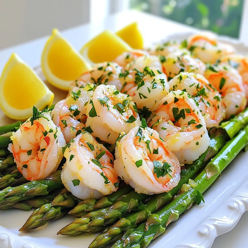 - 1 pound large shrimp, peeled and deveined - 1 bunch asparagus, trimmed - 4 cloves garlic, minced - 2 tablespoons olive oil - 1 lemon, zested and juiced - 1 teaspoon paprika - 1 teaspoon dried oregano - Salt and black pepper to taste - Fresh parsley, chopped (for garnish) - Lemon wedges (for serving) The main ingredients for this dish are shrimp and asparagus. The shrimp should be large, peeled, and deveined. This ensures they cook evenly and absorb the flavors well. Asparagus adds a nice crunch and color. Trim it to keep it uniform. Garlic is key for flavor. Minced garlic provides a strong taste that pairs well with shrimp. For spices, olive oil brings richness. Lemon zest and juice add brightness. Paprika gives a hint of smokiness, while oregano adds depth. Salt and black pepper round out the flavors. Garnish with fresh parsley for a pop of green. Lemon wedges serve as a zesty side that enhances the dish. - Preheat your oven to 400°F (200°C). - In a large bowl, combine the shrimp, asparagus, minced garlic, olive oil, lemon zest, lemon juice, paprika, oregano, salt, and pepper. Toss until all ingredients are well-coated. - Line a baking sheet with parchment paper. This helps with cleanup. - Spread the shrimp and asparagus mixture evenly on the sheet. Make sure they are not crowded. - Bake in the oven for 12-15 minutes. - Check the shrimp and asparagus to see if they are done. The shrimp should be pink and opaque, while asparagus should be tender yet crisp. - Watch for color change to determine doneness. - Perfect shrimp turn pink and opaque when done. - Avoid overcooking for better flavor. - Shrimp cooks fast, so stay close to the oven. - Use parchment paper or foil for easy cleanup. - Line your baking sheet to catch drips and spills. - Let the paper cool before discarding for less mess. - Offer lemon wedges for added flavor. - Squeeze fresh lemon juice right before eating. - Pair with a side dish or salad for a complete meal. - Think about rice, quinoa, or a light green salad. {{image_2}} You can make this dish even better by adding more veggies. Try incorporating bell peppers or cherry tomatoes for a burst of color and taste. These veggies bring sweetness and crunch, making your meal more fun. If you want to swap the asparagus, green beans work well too. They add a nice texture and flavor to the dish. If you enjoy heat, add crushed red pepper flakes or cayenne pepper to the mix. This simple step can turn your meal into a spicy delight. Just a pinch can add a kick that makes your taste buds dance. Adjust the amount to fit your spice preference. Not in the mood for shrimp? You can easily switch to chicken breast or tofu. Chicken will give you a hearty feel, while tofu is great for a plant-based option. Both will soak up the lemon and garlic flavors well. Just make sure to adjust the cooking time based on your choice of protein. Enjoy experimenting with these variations! Store any leftovers in an airtight container. This keeps the shrimp and asparagus fresh. You can hold them in the fridge for up to three days. For best taste, eat them sooner rather than later. To reheat, use a skillet over medium heat. This keeps the shrimp tender and the asparagus crisp. You can also use a microwave. Just be careful. Heat in short bursts to avoid overcooking. Enjoy your meal again with great texture! Yes, you can use frozen shrimp. Just thaw them first. Place the frozen shrimp in a bowl of cold water. Let them sit for about 15 minutes. Once thawed, peel and devein if needed. Adjust the cooking time slightly. They may need a few extra minutes in the oven to cook fully. Always check for that lovely pink color to know when they are done. If you don’t have asparagus, try green beans or broccoli. Both work well and add great flavor. You can also use bell peppers for a sweeter taste. Just chop them into bite-sized pieces. Each of these options will taste amazing with the lemon garlic mix. Yes, this recipe is gluten-free. All the ingredients, like shrimp, olive oil, and spices, are safe for a gluten-free diet. Just make sure to check any packaged items, like spices, for hidden gluten. Enjoy this dish worry-free! This dish features shrimp and asparagus, seasoned with garlic, lemon, and spices. You learned how to prepare it step-by-step in the oven. I shared tips for perfect texture and easy cleanup. Feel free to customize with extra veggies or different proteins. Remember, store leftovers properly and reheat them with care. Enjoy making this simple, tasty meal again and again!