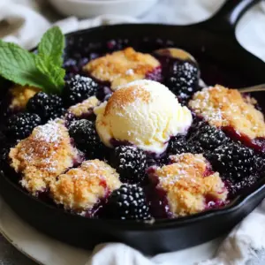 You need 4 cups of fresh blackberries. They should be ripe and sweet. Look for berries that are firm and plump. Fresh blackberries give the best taste. If you can’t find fresh ones, you can use frozen. Just let them thaw and drain the extra juice. You will use 1 cup of granulated sugar. Divide it into two parts: 1/2 cup for the fruit and 1/2 cup for the batter. The sugar helps to bring out the berries' natural flavor. You can adjust the sweetness by using less sugar if you like. A tablespoon of lemon juice adds a nice balance and brightens the taste. For the batter, you need a few key ingredients. Use 1 cup of all-purpose flour, 1 teaspoon of baking powder, and 1/2 teaspoon of salt. These help the cobbler rise and stay fluffy. Add 1 teaspoon of ground cinnamon for warmth and flavor. You’ll also need 1/2 cup of unsalted butter, melted, and 1 cup of milk. These ingredients create a rich, creamy batter. Optionally, you might add 1 tablespoon of cornstarch if you want a thicker berry filling. This gives the dish a nice, gooey texture. {{ingredient_image_1}} First, gather all your ingredients. You need four cups of fresh blackberries, one cup of sugar, lemon juice, and vanilla extract. You will also need flour, baking powder, salt, butter, milk, and cinnamon. 1. Preheat your oven to 375°F (190°C). This step is key for a nice bake. 2. In a large bowl, mix the blackberries with half a cup of sugar, lemon juice, and vanilla. If you want a thicker filling, add cornstarch. Let this sit for 10-15 minutes. This helps the blackberries release their juices. 1. In another bowl, whisk together the flour, the rest of the sugar, baking powder, salt, and cinnamon. Make sure they are mixed well. 2. Pour in the melted butter and the milk. Stir gently until combined. The batter should be a bit lumpy, so don’t overmix. 3. Take a large, oven-safe skillet. Pour the batter into the skillet, spreading it evenly. Spoon the blackberry mix over the top. Do not stir! The blackberries will sink while baking. 4. Place the skillet in the preheated oven. Bake for 35-40 minutes. The cobbler should turn golden brown. A toothpick inserted in the center should come out clean. Once the cobbler is done, remove it from the oven. Let it cool for about 10 minutes. This wait helps it set up a bit. Serve it warm from the skillet. Top it with vanilla ice cream or whipped cream for a treat. A sprig of mint adds a nice touch too! To get a great cobbler texture, follow these tips. First, do not overmix the batter. This keeps it light and fluffy. Aim for a slightly lumpy batter. It helps the cobbler rise well. Use a cast-iron skillet if you can. It gives a nice crust and holds heat well. If you want a thicker filling, always add cornstarch to the blackberries. This small change makes a big difference. To boost the flavor, try adding spices. A pinch of nutmeg works well with cinnamon. You can also add lemon zest for a fresh taste. If you love vanilla, add more extract to the batter. For a richer flavor, use brown sugar instead of white sugar. It adds depth and a hint of caramel. You can even mix in a splash of almond extract for a twist. Serve your cobbler warm right from the skillet. It looks great and tastes even better! Top each slice with a scoop of vanilla ice cream. This adds creaminess that contrasts with the warm cobbler. You can also use whipped cream for a lighter option. For a pop of color, add a sprig of mint on top. This makes your dessert look fancy and inviting. Pro Tips Use Fresh Blackberries: For the best flavor and texture, make sure to use fresh blackberries. Frozen berries can release excess moisture, affecting the consistency of the cobbler. Add a Splash of Lemon Zest: Enhance the flavor of the blackberries by adding some lemon zest along with the juice. It brightens the overall taste of the cobbler. Don't Overmix the Batter: When combining the wet and dry ingredients, mix until just combined. Overmixing can lead to a tough cobbler instead of a light and fluffy one. Serve with Ice Cream: For a delightful dessert experience, serve your blackberry cobbler warm with a generous scoop of vanilla ice cream on top. {{image_2}} You can switch out blackberries for other fruits. Raspberries work well for a tart flavor. Blueberries are sweet and juicy, perfect for cobbler. Sliced peaches add a summer vibe. Cherries give a nice balance of sweet and tart. Try mixing fruits for a fun twist! If you need a gluten-free option, swap all-purpose flour with a gluten-free blend. Many blends work well for baking. Check that your baking powder is gluten-free too. This way, everyone can enjoy the cobbler without worry. Toppings can change your cobbler game. A scoop of vanilla ice cream is classic and delicious. Whipped cream adds lightness and sweetness. For a crunchy twist, sprinkle some granola on top. Fresh mint leaves offer a nice color and taste contrast. You can also drizzle caramel or chocolate sauce for extra flavor. Store your blackberry cobbler in an airtight container. Let it cool completely. Cover it to keep it fresh. You can keep leftovers at room temperature for one day. If you want to save it longer, place it in the fridge. It will stay good for up to three days. Just make sure it is tightly sealed. This helps keep it from drying out. To reheat your cobbler, use the oven. Preheat the oven to 350°F (175°C). Place the cobbler in an oven-safe dish. Cover it with foil to keep it moist. Heat for about 15-20 minutes. You can also microwave it. Place a slice on a plate and heat for about 30 seconds. Check if it’s warm all the way through. If not, heat in 10-second bursts until warm. You can freeze blackberry cobbler for later use. First, let it cool completely. Cut it into slices for easy serving. Wrap each slice in plastic wrap. Then place them in a freezer-safe bag. Remove as much air as you can. The cobbler can freeze well for up to three months. When you are ready to eat, thaw it in the fridge overnight. Then reheat as mentioned earlier. Enjoy your tasty treat anytime! Yes, you can use frozen blackberries. Make sure to thaw them first. Drain excess juice to avoid a soggy cobbler. Frozen berries work well, but fresh berries give better flavor and texture. To cut the sweetness, reduce the sugar. Use 1/2 cup of sugar instead of 1 cup. You can also add a bit more lemon juice. This will balance flavors and keep the dish tasty. Absolutely! You can use a baking dish or a pie pan. Just ensure it’s oven-safe. The cooking time may vary slightly, so keep an eye on it. The goal is a golden brown top. Making a delicious blackberry cobbler is easy with fresh ingredients and simple steps. We covered how to prepare, bake, and serve this treat. I shared tips for the right texture and flavors, plus fun variations. You can even store leftovers to enjoy later. Remember, you can use frozen blackberries and adjust sweetness as needed. Baking should be fun and rewarding, so don’t hesitate to experiment. Enjoy your unique version of blackberry cobbler!