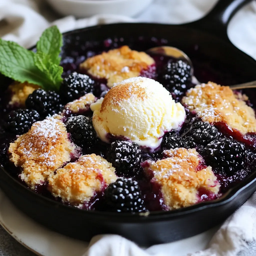 You need 4 cups of fresh blackberries. They should be ripe and sweet. Look for berries that are firm and plump. Fresh blackberries give the best taste. If you can’t find fresh ones, you can use frozen. Just let them thaw and drain the extra juice. You will use 1 cup of granulated sugar. Divide it into two parts: 1/2 cup for the fruit and 1/2 cup for the batter. The sugar helps to bring out the berries' natural flavor. You can adjust the sweetness by using less sugar if you like. A tablespoon of lemon juice adds a nice balance and brightens the taste. For the batter, you need a few key ingredients. Use 1 cup of all-purpose flour, 1 teaspoon of baking powder, and 1/2 teaspoon of salt. These help the cobbler rise and stay fluffy. Add 1 teaspoon of ground cinnamon for warmth and flavor. You’ll also need 1/2 cup of unsalted butter, melted, and 1 cup of milk. These ingredients create a rich, creamy batter. Optionally, you might add 1 tablespoon of cornstarch if you want a thicker berry filling. This gives the dish a nice, gooey texture. {{ingredient_image_1}} First, gather all your ingredients. You need four cups of fresh blackberries, one cup of sugar, lemon juice, and vanilla extract. You will also need flour, baking powder, salt, butter, milk, and cinnamon. 1. Preheat your oven to 375°F (190°C). This step is key for a nice bake. 2. In a large bowl, mix the blackberries with half a cup of sugar, lemon juice, and vanilla. If you want a thicker filling, add cornstarch. Let this sit for 10-15 minutes. This helps the blackberries release their juices. 1. In another bowl, whisk together the flour, the rest of the sugar, baking powder, salt, and cinnamon. Make sure they are mixed well. 2. Pour in the melted butter and the milk. Stir gently until combined. The batter should be a bit lumpy, so don’t overmix. 3. Take a large, oven-safe skillet. Pour the batter into the skillet, spreading it evenly. Spoon the blackberry mix over the top. Do not stir! The blackberries will sink while baking. 4. Place the skillet in the preheated oven. Bake for 35-40 minutes. The cobbler should turn golden brown. A toothpick inserted in the center should come out clean. Once the cobbler is done, remove it from the oven. Let it cool for about 10 minutes. This wait helps it set up a bit. Serve it warm from the skillet. Top it with vanilla ice cream or whipped cream for a treat. A sprig of mint adds a nice touch too! To get a great cobbler texture, follow these tips. First, do not overmix the batter. This keeps it light and fluffy. Aim for a slightly lumpy batter. It helps the cobbler rise well. Use a cast-iron skillet if you can. It gives a nice crust and holds heat well. If you want a thicker filling, always add cornstarch to the blackberries. This small change makes a big difference. To boost the flavor, try adding spices. A pinch of nutmeg works well with cinnamon. You can also add lemon zest for a fresh taste. If you love vanilla, add more extract to the batter. For a richer flavor, use brown sugar instead of white sugar. It adds depth and a hint of caramel. You can even mix in a splash of almond extract for a twist. Serve your cobbler warm right from the skillet. It looks great and tastes even better! Top each slice with a scoop of vanilla ice cream. This adds creaminess that contrasts with the warm cobbler. You can also use whipped cream for a lighter option. For a pop of color, add a sprig of mint on top. This makes your dessert look fancy and inviting. Pro Tips Use Fresh Blackberries: For the best flavor and texture, make sure to use fresh blackberries. Frozen berries can release excess moisture, affecting the consistency of the cobbler. Add a Splash of Lemon Zest: Enhance the flavor of the blackberries by adding some lemon zest along with the juice. It brightens the overall taste of the cobbler. Don't Overmix the Batter: When combining the wet and dry ingredients, mix until just combined. Overmixing can lead to a tough cobbler instead of a light and fluffy one. Serve with Ice Cream: For a delightful dessert experience, serve your blackberry cobbler warm with a generous scoop of vanilla ice cream on top. {{image_2}} You can switch out blackberries for other fruits. Raspberries work well for a tart flavor. Blueberries are sweet and juicy, perfect for cobbler. Sliced peaches add a summer vibe. Cherries give a nice balance of sweet and tart. Try mixing fruits for a fun twist! If you need a gluten-free option, swap all-purpose flour with a gluten-free blend. Many blends work well for baking. Check that your baking powder is gluten-free too. This way, everyone can enjoy the cobbler without worry. Toppings can change your cobbler game. A scoop of vanilla ice cream is classic and delicious. Whipped cream adds lightness and sweetness. For a crunchy twist, sprinkle some granola on top. Fresh mint leaves offer a nice color and taste contrast. You can also drizzle caramel or chocolate sauce for extra flavor. Store your blackberry cobbler in an airtight container. Let it cool completely. Cover it to keep it fresh. You can keep leftovers at room temperature for one day. If you want to save it longer, place it in the fridge. It will stay good for up to three days. Just make sure it is tightly sealed. This helps keep it from drying out. To reheat your cobbler, use the oven. Preheat the oven to 350°F (175°C). Place the cobbler in an oven-safe dish. Cover it with foil to keep it moist. Heat for about 15-20 minutes. You can also microwave it. Place a slice on a plate and heat for about 30 seconds. Check if it’s warm all the way through. If not, heat in 10-second bursts until warm. You can freeze blackberry cobbler for later use. First, let it cool completely. Cut it into slices for easy serving. Wrap each slice in plastic wrap. Then place them in a freezer-safe bag. Remove as much air as you can. The cobbler can freeze well for up to three months. When you are ready to eat, thaw it in the fridge overnight. Then reheat as mentioned earlier. Enjoy your tasty treat anytime! Yes, you can use frozen blackberries. Make sure to thaw them first. Drain excess juice to avoid a soggy cobbler. Frozen berries work well, but fresh berries give better flavor and texture. To cut the sweetness, reduce the sugar. Use 1/2 cup of sugar instead of 1 cup. You can also add a bit more lemon juice. This will balance flavors and keep the dish tasty. Absolutely! You can use a baking dish or a pie pan. Just ensure it’s oven-safe. The cooking time may vary slightly, so keep an eye on it. The goal is a golden brown top. Making a delicious blackberry cobbler is easy with fresh ingredients and simple steps. We covered how to prepare, bake, and serve this treat. I shared tips for the right texture and flavors, plus fun variations. You can even store leftovers to enjoy later. Remember, you can use frozen blackberries and adjust sweetness as needed. Baking should be fun and rewarding, so don’t hesitate to experiment. Enjoy your unique version of blackberry cobbler!