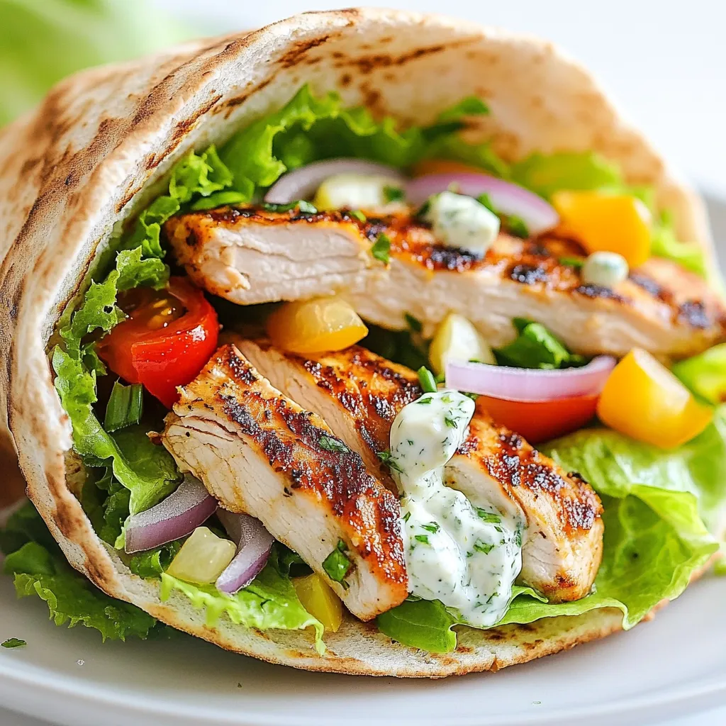 - 2 chicken breasts, grilled and sliced - 4 whole wheat pita pockets - 1 cup Greek yogurt - 2 tablespoons lemon juice - 1 clove garlic, minced - 1 cucumber, diced - 1 medium tomato, diced - ½ red onion, thinly sliced - 1 cup romaine lettuce, shredded - ½ teaspoon dried oregano - Salt and pepper to taste - 2 tablespoons olive oil I love this colorful mix! Each ingredient adds to the flavor and texture. The grilled chicken gives protein and a nice smoky taste. The Greek yogurt and lemon juice create a creamy tzatziki sauce that cools down the dish. Fresh veggies like cucumber, tomato, and red onion add crunch and brightness. Whole wheat pita pockets help hold everything together while adding fiber. When measuring ingredients, use dry measuring cups for solids and liquid measuring cups for liquids. If you don’t have whole wheat pita, regular pita works too. You can swap chicken for turkey or even use canned chickpeas for a vegetarian option. If you prefer a creamier sauce, add more Greek yogurt. Always choose fresh chicken breasts. Look for firm and pink pieces without dark spots. For the veggies, pick ones that are bright and firm. A fresh cucumber should have a smooth skin, and ripe tomatoes should feel slightly soft. For herbs, dried oregano should be fragrant and not clumpy. Fresh produce makes the dish taste better and more vibrant. {{ingredient_image_1}} Start by seasoning the chicken breasts. Use olive oil, salt, pepper, and dried oregano. Rub the seasoning all over the chicken. Heat your grill to medium-high. Grill the chicken for about 6-7 minutes on each side. Check that it is fully cooked. Let the chicken rest for a few minutes. Then slice it into thin strips. Grab a bowl and add one cup of Greek yogurt. Squeeze in two tablespoons of lemon juice. Next, add one minced garlic clove and one diced cucumber. Mix everything well. Add salt and pepper to taste. Cover the bowl and place it in the fridge. Let the sauce chill for at least 15 minutes. This helps the flavors blend together. Take your pita pockets and warm them up. Use a dry skillet over medium heat. Heat each pita pocket for 1-2 minutes on both sides. You want them soft and easy to open. This makes them perfect for filling. Slice each warm pita pocket open carefully. Start with a layer of shredded romaine lettuce inside. Then add your grilled chicken slices. Next, sprinkle in diced tomatoes and thinly sliced red onions. Finally, drizzle a generous amount of tzatziki sauce over the top. Enjoy your tasty Greek chicken pita pockets right away! Grilling chicken is simple with a few key steps. First, always choose good quality chicken breasts. Marinate them in olive oil, salt, pepper, and oregano for at least 30 minutes. This adds flavor and keeps them juicy. Preheat your grill on medium-high heat. Cook each side for 6-7 minutes. Use a meat thermometer; the chicken should reach 165°F. Let it rest before slicing. This keeps the juices inside. Tzatziki sauce is a key part of this dish. To make it pop, use fresh ingredients. Start with thick Greek yogurt for creaminess. Add fresh lemon juice for brightness. The garlic should be finely minced for even distribution. Dice the cucumber small to avoid excess water. Let the sauce chill for at least 15 minutes. This helps the flavors blend well. You can also add fresh dill or mint for a unique twist. Serving Greek chicken pita pockets is fun and easy. Warm the pita pockets in a skillet first. This makes them soft and easy to fill. Assemble the pockets just before serving. Start with lettuce, then add the chicken and toppings. Finish with a generous drizzle of tzatziki. Serve them warm for the best taste. You can also pack them for lunch, but keep the sauce separate to avoid sogginess. Enjoy every bite! Pro Tips Marinate for Extra Flavor: Consider marinating the chicken in olive oil, lemon juice, and oregano for at least an hour before grilling to enhance flavor. Use Fresh Ingredients: Fresh, ripe tomatoes and crisp cucumbers will elevate your pita pockets. Opt for seasonal produce for the best taste. Customize Your Fillings: Feel free to add other ingredients like olives, feta cheese, or bell peppers for a unique twist on your pita pockets. Keep It Warm: If you're packing these for lunch, wrap the pita pockets in foil to keep them warm until you're ready to eat. {{image_2}} You can switch up the chicken for other proteins. Some great options are turkey, shrimp, or even lamb. Turkey adds a lean twist while shrimp brings a nice seafood flavor. If you like lamb, try grilling it with the same spices. Each protein gives a unique taste to your pita pockets. For a vegetarian meal, use grilled veggies like bell peppers, zucchini, or eggplant. These veggies add great flavors and textures. You can also use chickpeas for protein. Just roast them with olive oil and spices. For a vegan option, swap the Greek yogurt for a plant-based alternative, like cashew yogurt. This keeps the meal tasty and satisfying. Feel free to get creative with toppings! Try adding sliced olives, feta cheese, or fresh herbs like parsley or dill. You can also use different sauces, like tahini or hummus, for a different flavor. Adding spicy peppers can give your pita pockets an extra kick. The key is to mix and match to find your favorite combination! To store leftover pita pockets, first let them cool down. Place them in a sealed plastic bag or airtight container. Keep them in the fridge. They will stay fresh for about three days. If you want to enjoy them later, try to keep the fillings separate. This helps the pita stay soft. For tzatziki sauce, use a clean, airtight container. Store it in the fridge right after making it. It stays good for about four days. If you notice any changes in smell or color, it’s best to toss it out. You can also freeze tzatziki sauce in ice cube trays. Just thaw it in the fridge before using. When reheating pita pockets, use a dry skillet over medium heat. This helps keep them soft. Heat for about 1-2 minutes on each side. For the tzatziki sauce, simply stir it before serving. If it’s too thick, add a tiny bit of water to thin it out. Enjoy your tasty meal! You can prepare the chicken and tzatziki sauce ahead of time. Grill the chicken and let it cool. Slice it and store it in the fridge. Make the tzatziki sauce and chill it too. When you're ready to eat, warm the pita pockets and assemble. It takes just a few minutes! If you don't have Greek yogurt, you can use regular yogurt. Sour cream works too. For a dairy-free option, try using coconut yogurt or cashew cream. The taste will change a bit, but they still work well in the recipe. Yes, you can freeze the cooked chicken. Place it in an airtight container or a freezer bag. Make sure to label it with the date. When you're ready to use it, thaw it in the fridge overnight. Reheat it gently before serving. Greek chicken pita pockets go well with many sides. Consider serving a Greek salad with cucumbers, tomatoes, and feta. You could also make roasted vegetables or a simple rice dish. Hummus and pita chips are great for a snack too! In this post, I covered how to make delicious Greek chicken pita pockets. We explored the right ingredients, their measurements, and tips for quality. You learned step-by-step how to prepare the chicken, make tzatziki sauce, and assemble your meal. I also shared tips for grilling and serving. Try out alternative proteins or toppings for a tasty twist. Finally, you now know how to store leftovers and answers to common questions. Enjoy creating this dish, and let your kitchen be the place of flavor and fun!
