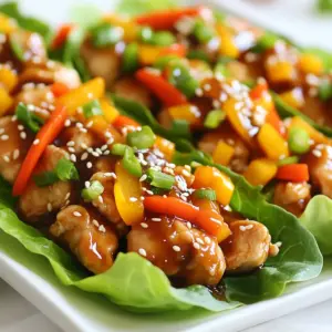 To make these wraps, you need a few key items. Here is the list: - 1 lb boneless, skinless chicken thighs, diced - 1/4 cup low-sodium soy sauce - 1/4 cup honey - 1 tablespoon sesame oil - 2 cloves garlic, minced - 1 tablespoon fresh ginger, grated - 1/2 cup bell peppers, finely chopped (any color) - 1/2 cup carrots, grated - 2 green onions, sliced - 1 tablespoon sesame seeds - 1 head of butter or iceberg lettuce, leaves separated These ingredients come together to create a sweet and savory flavor that makes these wraps so tasty. You can add fun toppings to make your wraps even better. Here are some suggestions: - Sriracha for heat - Chopped cilantro for freshness These options let you customize your wraps to fit your taste. If you have allergies or dietary needs, you have choices. Here are some easy swaps: - Use chicken breast instead of thighs for a leaner option. - Swap honey for maple syrup for a vegan choice. - Choose tamari instead of soy sauce for gluten-free wraps. These substitutions help everyone enjoy Teriyaki Chicken Lettuce Wraps. {{ingredient_image_1}} To start, grab a mixing bowl. Add 1/4 cup of low-sodium soy sauce. Then, add 1/4 cup of honey. Next, pour in 1 tablespoon of sesame oil. Now, mince 2 cloves of garlic and grate 1 tablespoon of fresh ginger. Toss these in the bowl too. Whisk all the ingredients together until they blend well. This sauce brings sweetness and depth to the dish. Heat a splash of sesame oil in a large skillet over medium heat. Once hot, add 1 pound of diced boneless, skinless chicken thighs. Cook the chicken for about 5 to 7 minutes. Look for a nice brown color and ensure it’s cooked through. Now, pour the teriyaki sauce you made earlier over the chicken. Let it simmer for 2 to 3 minutes. This step thickens the sauce and coats the chicken perfectly. Next, stir in 1/2 cup of finely chopped bell peppers and 1/2 cup of grated carrots. Cook for another 2 to 3 minutes to soften the veggies. Finally, turn off the heat and mix in 2 sliced green onions and 1 tablespoon of sesame seeds. Now, let’s put it all together! Take a leaf from a head of butter or iceberg lettuce. Spoon some of the teriyaki chicken mixture into the center. If you like it spicy, add a squirt of Sriracha on top. You can also sprinkle on some chopped cilantro for extra flavor. Finally, wrap the lettuce around the filling and enjoy every bite! To cook chicken thighs well, start with a hot skillet. I prefer using sesame oil for its rich flavor. When you add the chicken, don’t crowd the pan. This helps the chicken brown nicely. Cook it for about 5 to 7 minutes. The chicken should be golden and cooked through. Always cut the chicken into small pieces for even cooking. The sauce for teriyaki chicken should be thick, so use low-sodium soy sauce and honey. When you mix these, whisk them together well. Once the chicken is cooked, pour the sauce over it. Let it simmer for 2 to 3 minutes. This step helps the sauce coat the chicken evenly. If your sauce is too thin, cook it longer. If it’s too thick, add a splash of water. Serve your teriyaki chicken in crispy lettuce leaves. I like to use butter or iceberg lettuce. You can add fresh toppings like Sriracha for heat and cilantro for freshness. For sides, consider rice or quinoa. They balance the meal well and soak up extra sauce. Enjoy your wraps with a cool drink to enhance the flavors! Pro Tips Marinate for More Flavor: If you have time, marinate the diced chicken in the teriyaki sauce mixture for at least 30 minutes before cooking. This will enhance the flavor and juiciness of the chicken. Use Fresh Ingredients: Opt for fresh garlic and ginger rather than powdered versions for a more vibrant and authentic taste in your teriyaki sauce. Experiment with Veggies: Feel free to add or substitute other vegetables like zucchini, mushrooms, or snap peas to customize your wraps and add more nutrients. Choose the Right Lettuce: Butter lettuce is ideal for wraps due to its flexible leaves, but you can also use romaine or iceberg if you prefer a crunchier texture. {{image_2}} You can swap the chicken thighs for different proteins. Ground turkey or diced tofu works great. Both options soak up the teriyaki sauce well. For a vegan twist, try chickpeas. They add protein and a nice texture. You can also mix in other veggies. Try zucchini, mushrooms, or snap peas. These can complement the flavors and add more crunch. The goal is to make it your own, so feel free to experiment. If you need a gluten-free version, choose tamari instead of soy sauce. Tamari is a gluten-free soy sauce that tastes similar. It works well in this recipe. Make sure to check the labels on all your ingredients. Some sauces or toppings may contain gluten. With careful choices, you can enjoy these wraps without worry. Want to spice things up? Add Sriracha straight into the teriyaki sauce. Start with a teaspoon and adjust to your taste. You can also sprinkle some red pepper flakes for an extra kick. For more heat, top your wraps with sliced jalapeños or a drizzle of spicy mayo. These additions will make your wraps pop with flavor. Enjoy the heat while savoring the sweet teriyaki sauce! To keep your teriyaki chicken lettuce wraps fresh, start by cooling them down. Place any leftover chicken mixture in an airtight container. Make sure to separate the chicken from the lettuce leaves. Store them in the fridge for up to three days. This helps keep the lettuce crisp and the chicken tasty. When you’re ready to enjoy your leftovers, take out the chicken mixture. You can reheat it in a skillet over medium heat. Stir it gently for about five minutes until it’s hot. You can also use the microwave. Heat it in short bursts for about one minute, stirring in between. Always check that it’s heated through. If you want to freeze your teriyaki chicken mix, do it before adding the veggies. Store the chicken in an airtight container or freezer bag. It can last for up to three months in the freezer. When ready to eat, thaw it overnight in the fridge. Then, heat it up and add fresh veggies before serving. This way, you keep everything fresh and full of flavor! You can add heat in different ways. First, try Sriracha. Just a few drops can give your wraps a nice kick. You could also mix in some red pepper flakes. If you like fresh flavors, add sliced jalapeños. They bring both heat and crunch. For a unique twist, try spicy sesame oil instead of regular. This will make your wraps stand out! Yes, you can use chicken breast! Chicken breast is leaner and cooks faster. Just make sure to cut it into small pieces. This helps it cook evenly. Keep an eye on it as it cooks. It might need less time than thighs. The flavor will be different, but it will still taste great. Butter lettuce is my top choice. It is soft and easy to fold. Iceberg lettuce also works well. It is crunchy and holds up nicely. Both types create a perfect base for your filling. You can also use romaine, but it’s a bit tougher. Choose whatever you like best! In this post, we explored the tasty world of teriyaki chicken lettuce wraps. We covered the main ingredients, optional toppings, and dietary substitutions. I shared step-by-step instructions, tips for cooking, and various wrap variations. Don't forget about storage tips for leftovers and helpful FAQs. These wraps are fun to make and easy to customize. Enjoy your cooking and share these wraps with friends and family!