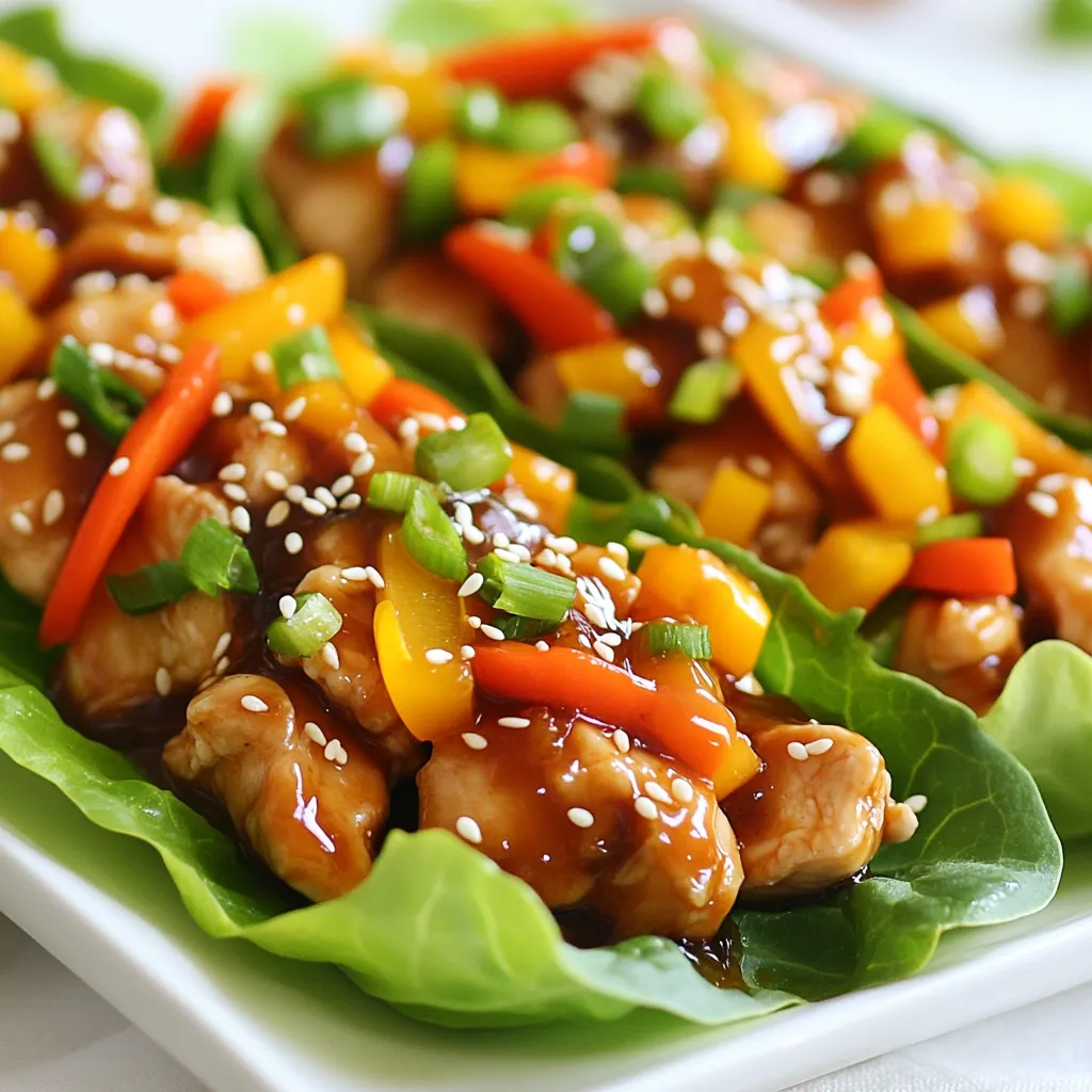 To make these wraps, you need a few key items. Here is the list: - 1 lb boneless, skinless chicken thighs, diced - 1/4 cup low-sodium soy sauce - 1/4 cup honey - 1 tablespoon sesame oil - 2 cloves garlic, minced - 1 tablespoon fresh ginger, grated - 1/2 cup bell peppers, finely chopped (any color) - 1/2 cup carrots, grated - 2 green onions, sliced - 1 tablespoon sesame seeds - 1 head of butter or iceberg lettuce, leaves separated These ingredients come together to create a sweet and savory flavor that makes these wraps so tasty. You can add fun toppings to make your wraps even better. Here are some suggestions: - Sriracha for heat - Chopped cilantro for freshness These options let you customize your wraps to fit your taste. If you have allergies or dietary needs, you have choices. Here are some easy swaps: - Use chicken breast instead of thighs for a leaner option. - Swap honey for maple syrup for a vegan choice. - Choose tamari instead of soy sauce for gluten-free wraps. These substitutions help everyone enjoy Teriyaki Chicken Lettuce Wraps. {{ingredient_image_1}} To start, grab a mixing bowl. Add 1/4 cup of low-sodium soy sauce. Then, add 1/4 cup of honey. Next, pour in 1 tablespoon of sesame oil. Now, mince 2 cloves of garlic and grate 1 tablespoon of fresh ginger. Toss these in the bowl too. Whisk all the ingredients together until they blend well. This sauce brings sweetness and depth to the dish. Heat a splash of sesame oil in a large skillet over medium heat. Once hot, add 1 pound of diced boneless, skinless chicken thighs. Cook the chicken for about 5 to 7 minutes. Look for a nice brown color and ensure it’s cooked through. Now, pour the teriyaki sauce you made earlier over the chicken. Let it simmer for 2 to 3 minutes. This step thickens the sauce and coats the chicken perfectly. Next, stir in 1/2 cup of finely chopped bell peppers and 1/2 cup of grated carrots. Cook for another 2 to 3 minutes to soften the veggies. Finally, turn off the heat and mix in 2 sliced green onions and 1 tablespoon of sesame seeds. Now, let’s put it all together! Take a leaf from a head of butter or iceberg lettuce. Spoon some of the teriyaki chicken mixture into the center. If you like it spicy, add a squirt of Sriracha on top. You can also sprinkle on some chopped cilantro for extra flavor. Finally, wrap the lettuce around the filling and enjoy every bite! To cook chicken thighs well, start with a hot skillet. I prefer using sesame oil for its rich flavor. When you add the chicken, don’t crowd the pan. This helps the chicken brown nicely. Cook it for about 5 to 7 minutes. The chicken should be golden and cooked through. Always cut the chicken into small pieces for even cooking. The sauce for teriyaki chicken should be thick, so use low-sodium soy sauce and honey. When you mix these, whisk them together well. Once the chicken is cooked, pour the sauce over it. Let it simmer for 2 to 3 minutes. This step helps the sauce coat the chicken evenly. If your sauce is too thin, cook it longer. If it’s too thick, add a splash of water. Serve your teriyaki chicken in crispy lettuce leaves. I like to use butter or iceberg lettuce. You can add fresh toppings like Sriracha for heat and cilantro for freshness. For sides, consider rice or quinoa. They balance the meal well and soak up extra sauce. Enjoy your wraps with a cool drink to enhance the flavors! Pro Tips Marinate for More Flavor: If you have time, marinate the diced chicken in the teriyaki sauce mixture for at least 30 minutes before cooking. This will enhance the flavor and juiciness of the chicken. Use Fresh Ingredients: Opt for fresh garlic and ginger rather than powdered versions for a more vibrant and authentic taste in your teriyaki sauce. Experiment with Veggies: Feel free to add or substitute other vegetables like zucchini, mushrooms, or snap peas to customize your wraps and add more nutrients. Choose the Right Lettuce: Butter lettuce is ideal for wraps due to its flexible leaves, but you can also use romaine or iceberg if you prefer a crunchier texture. {{image_2}} You can swap the chicken thighs for different proteins. Ground turkey or diced tofu works great. Both options soak up the teriyaki sauce well. For a vegan twist, try chickpeas. They add protein and a nice texture. You can also mix in other veggies. Try zucchini, mushrooms, or snap peas. These can complement the flavors and add more crunch. The goal is to make it your own, so feel free to experiment. If you need a gluten-free version, choose tamari instead of soy sauce. Tamari is a gluten-free soy sauce that tastes similar. It works well in this recipe. Make sure to check the labels on all your ingredients. Some sauces or toppings may contain gluten. With careful choices, you can enjoy these wraps without worry. Want to spice things up? Add Sriracha straight into the teriyaki sauce. Start with a teaspoon and adjust to your taste. You can also sprinkle some red pepper flakes for an extra kick. For more heat, top your wraps with sliced jalapeños or a drizzle of spicy mayo. These additions will make your wraps pop with flavor. Enjoy the heat while savoring the sweet teriyaki sauce! To keep your teriyaki chicken lettuce wraps fresh, start by cooling them down. Place any leftover chicken mixture in an airtight container. Make sure to separate the chicken from the lettuce leaves. Store them in the fridge for up to three days. This helps keep the lettuce crisp and the chicken tasty. When you’re ready to enjoy your leftovers, take out the chicken mixture. You can reheat it in a skillet over medium heat. Stir it gently for about five minutes until it’s hot. You can also use the microwave. Heat it in short bursts for about one minute, stirring in between. Always check that it’s heated through. If you want to freeze your teriyaki chicken mix, do it before adding the veggies. Store the chicken in an airtight container or freezer bag. It can last for up to three months in the freezer. When ready to eat, thaw it overnight in the fridge. Then, heat it up and add fresh veggies before serving. This way, you keep everything fresh and full of flavor! You can add heat in different ways. First, try Sriracha. Just a few drops can give your wraps a nice kick. You could also mix in some red pepper flakes. If you like fresh flavors, add sliced jalapeños. They bring both heat and crunch. For a unique twist, try spicy sesame oil instead of regular. This will make your wraps stand out! Yes, you can use chicken breast! Chicken breast is leaner and cooks faster. Just make sure to cut it into small pieces. This helps it cook evenly. Keep an eye on it as it cooks. It might need less time than thighs. The flavor will be different, but it will still taste great. Butter lettuce is my top choice. It is soft and easy to fold. Iceberg lettuce also works well. It is crunchy and holds up nicely. Both types create a perfect base for your filling. You can also use romaine, but it’s a bit tougher. Choose whatever you like best! In this post, we explored the tasty world of teriyaki chicken lettuce wraps. We covered the main ingredients, optional toppings, and dietary substitutions. I shared step-by-step instructions, tips for cooking, and various wrap variations. Don't forget about storage tips for leftovers and helpful FAQs. These wraps are fun to make and easy to customize. Enjoy your cooking and share these wraps with friends and family!