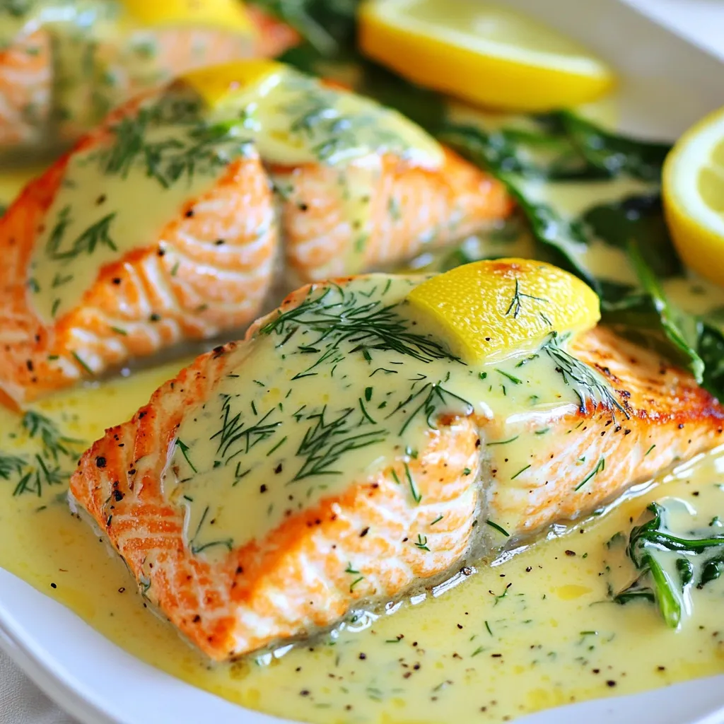 - 4 salmon fillets - 1 tablespoon olive oil - Salt and pepper to taste - 1 cup heavy cream - 2 tablespoons lemon juice (freshly squeezed) - Zest of 1 lemon - 2 teaspoons chopped fresh dill (or 1 teaspoon dried dill) - 2 cloves garlic, minced - 1 tablespoon Dijon mustard - 1 cup spinach (fresh) For this creamy lemon dill salmon, you need fresh, quality ingredients. The salmon fillets are the star of this dish. They provide rich flavor and healthy fats. Olive oil adds a nice touch when you sear the salmon. I always choose the best olive oil to enhance the taste. Heavy cream gives the sauce its rich and silky texture. Fresh lemon juice and zest brighten the dish. They bring a tangy flavor that pairs perfectly with salmon. Don't skip the dill; it adds a fresh herb taste. Garlic adds depth, making the sauce even more savory. Fresh spinach adds color and nutrients. It wilts quickly in the sauce, creating a lovely backdrop for the salmon. Finally, Dijon mustard gives a hint of spice and sharpness. These ingredients come together to make a dish that is both simple and packed with flavor. Enjoy the process as you gather these items to create a delightful meal. {{ingredient_image_1}} First, preheat your oven to 375°F (190°C). This helps cook the salmon evenly. In a large oven-safe skillet, heat 1 tablespoon of olive oil over medium-high heat. Season 4 salmon fillets with salt and pepper. Place the fillets skin-side down in the skillet. Sear them for 4-5 minutes. The skin should become crispy. You will see the salmon starting to cook through. Next, carefully flip the salmon fillets. Cook for an additional 2 minutes. Then, remove the salmon from the skillet and set it aside on a plate. Lower the heat to medium in the same skillet. Add 2 minced cloves of garlic. Sauté for about 1 minute until it smells nice. Make sure not to burn the garlic. Now, pour in 1 cup of heavy cream, 2 tablespoons of lemon juice, the zest of 1 lemon, 2 teaspoons of chopped fresh dill, and 1 tablespoon of Dijon mustard. Stir all the ingredients well. Let the sauce simmer for 2-3 minutes until it thickens a bit. Then, add 1 cup of fresh spinach to the sauce. Stir until the spinach wilts. Finally, return the salmon fillets to the skillet. Spoon some of the creamy sauce over the fillets. Now, transfer the skillet to the oven. Bake for about 10-12 minutes. This will cook the salmon to your liking. Check for doneness based on your preference. When done, remove the skillet from the oven. Let it rest for a couple of minutes. This step helps the flavors settle. To achieve crispy skin on your salmon, start by drying the fillets. Pat them with a paper towel to remove moisture. This step helps the skin crisp up nicely. Heat olive oil in your skillet until it shimmers. Place the salmon skin-side down and cook for 4-5 minutes. Don’t rush this step. The longer the skin cooks, the crispier it gets. When ready, carefully flip the fillets and cook for 2 more minutes. For the best doneness, aim for a medium cook. The salmon should be opaque but still moist inside. This usually takes about 10-12 minutes in the oven. Use a fork to check. If it flakes easily, it’s ready. For ingredient substitutions, consider using Greek yogurt instead of heavy cream. This will lower calories while still keeping a creamy texture. You can also swap fresh dill for fresh parsley or tarragon for a different flavor. If you want a little kick, add a pinch of red pepper flakes. When it comes to side dishes, roasted asparagus or garlic mashed potatoes pair perfectly with the salmon. You might also serve it with a light salad of mixed greens. These options balance the richness of the creamy sauce and add freshness to your meal. Pro Tips Choose Fresh Salmon: Always select fresh salmon fillets for the best flavor and texture. Look for bright, moist flesh with no discoloration. Don't Overcook: Keep an eye on the cooking time to prevent the salmon from drying out. It should be flaky yet moist when done. Customize the Sauce: Feel free to add other herbs or spices to the creamy sauce for a personalized touch. Basil or parsley can also complement the flavors! Serve with Sides: Pair this dish with a light salad or roasted vegetables to complete the meal and balance the richness of the sauce. {{image_2}} You can change the flavors by using different herbs. For a fresh twist, try basil or parsley instead of dill. Each herb adds a unique taste that brightens the dish. Adding vegetables can also boost the dish. Consider bell peppers, zucchini, or asparagus. These add color and nutrition. Simply sauté them in the pan before adding the creamy sauce. You can grill or bake salmon for a tasty meal. Grilling gives the salmon a smoky flavor. Use a grill pan or outdoor grill for best results. Just be mindful of the cooking time. Baking is easier and keeps the salmon moist. The oven method also allows the flavors to meld well. If you want a stovetop-only version, you can skip the oven. After making the sauce, simmer everything on low heat. This method works well for a quick meal. Just ensure the salmon cooks through. After enjoying your creamy lemon dill salmon, you may have some leftovers. To keep them fresh, store the salmon in an airtight container. Make sure the container seals well to prevent air from getting in. Refrigerate the salmon within two hours of cooking. This helps to keep it safe to eat. You can store the creamy salmon for up to three days in the fridge. The sauce may thicken as it cools. This is normal and helps the flavors meld together. If you have a lot of leftovers, consider freezing them. Place the salmon in a freezer-safe container. It can last up to three months in the freezer. When it's time to enjoy your leftovers, reheating them properly is key. The best way to reheat creamy salmon is in the oven. Preheat your oven to 350°F (175°C). Place the salmon in an oven-safe dish and cover it with foil. This helps to keep the creaminess intact. Heat the salmon for about 15-20 minutes. Check it often to avoid overcooking. If you prefer using the microwave, do so on a low setting. Place the salmon on a microwave-safe plate and cover it with a damp paper towel. Heat in short bursts of 30 seconds until warm. The salmon may lose some creaminess, but it will still taste great! The cooking time for salmon depends on its thickness. For a fillet that is 1 inch thick, cook it for about 10-12 minutes in the oven at 375°F (190°C). If your fillet is thicker, add 2-3 minutes for each extra half-inch. Salmon should reach an internal temperature of 145°F (63°C) to be safe to eat. Yes, you can use frozen salmon! Just make sure to thaw it first for even cooking. If you're in a hurry, you can cook it from frozen. Just increase the cooking time by about 50%. Make sure to check the internal temperature to ensure it's cooked through. You can pair this dish with several sides for a balanced meal. Here are some great ideas: - Steamed vegetables like broccoli or asparagus - Rice or quinoa for a hearty base - A fresh salad with lemon vinaigrette - Mashed potatoes or roasted potatoes for comfort These options will bring out the flavors of the creamy lemon dill salmon while adding nutrition to your meal. This blog post covered how to make creamy lemon dill salmon. You learned about each ingredient and step in the cooking process. We discussed tips for perfect texture and flavor, as well as variations to suit your taste. I shared ways to store leftovers and reheat them to keep their creaminess. Whether grilling or baking, you can enjoy this dish. Try new ingredients to make it your own. Cooking can be simple and fun. Enjoy your delicious culinary adventure!