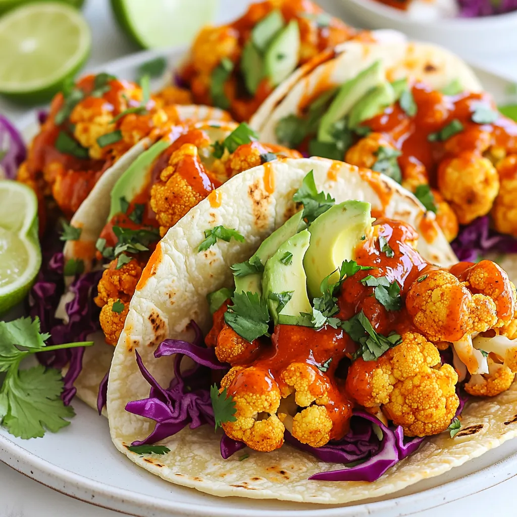 To make buffalo cauliflower tacos, you need the following ingredients: - 1 medium head of cauliflower, cut into florets - 1 cup all-purpose flour - 1 cup water - 1 teaspoon garlic powder - 1 teaspoon onion powder - 1 teaspoon smoked paprika - 1 cup buffalo sauce (your choice of heat level) - 8 small corn tortillas - 1 cup shredded cabbage (green or purple) - 1 avocado, sliced - Fresh cilantro, for garnish - Lime wedges, for serving These ingredients work together to create a tasty and satisfying meal. If you need to swap some items, here are a few ideas: - Use chickpea flour instead of all-purpose flour for a gluten-free option. - You can try almond milk in place of water for added flavor. - Swap buffalo sauce with barbecue sauce for a milder taste. - For added crunch, use coleslaw mix instead of shredded cabbage. - You can use any type of tortilla, like flour or whole wheat, if you prefer. These substitutions keep the tacos delicious and fun. Buffalo cauliflower tacos provide great nutrition. Here are some highlights: - Cauliflower is low in calories and high in fiber. - Avocado adds healthy fats and vitamins. - Cabbage is rich in vitamins C and K. - The dish can be low in carbs, especially if you use low-carb tortillas. - Using spices adds health benefits, like antioxidants, without extra calories. These tacos are not only tasty but also packed with nutrients. {{ingredient_image_1}} Start by preheating your oven to 450°F (230°C). This high heat helps the cauliflower get crispy. Next, line a baking sheet with parchment paper. This step makes cleaning up easier later. In a large mixing bowl, combine one cup of all-purpose flour and one cup of water. Add in one teaspoon each of garlic powder, onion powder, and smoked paprika. Whisk these ingredients together until the batter is smooth. It should not be too thick or too runny. The batter is key to getting a nice coating on your cauliflower. Cut one medium head of cauliflower into florets. Dip each floret into the batter until fully coated. Place the coated florets on the lined baking sheet. Bake them for 20-25 minutes. Flip them halfway through so they cook evenly. After they turn golden brown and crispy, take them out. Toss the baked cauliflower in one cup of buffalo sauce. Make sure every piece is well coated. Return them to the baking sheet and bake for another 10 minutes. This step helps set the sauce and adds more flavor. To get that crispy bite, follow these steps: - Use a good amount of batter. This helps stick to the cauliflower. - Bake at a high temperature. I recommend 450°F (230°C) for best results. - Flip the florets halfway. This ensures even browning on all sides. - Don’t crowd the pan. Leave space between each piece to allow air flow. Pick a buffalo sauce that matches your taste. Here are some tips: - For mild heat, choose a classic sauce with less spice. - For more kick, go for a hot sauce blend like Frank's RedHot. - If you want a twist, try a homemade sauce. Combine melted butter, hot sauce, and a dash of garlic powder. These tacos taste great with fresh toppings. Here are my favorites: - Shredded cabbage adds crunch and freshness. - Sliced avocado provides creaminess and balances the heat. - Fresh cilantro gives a pop of flavor. - Don’t forget lime wedges! A squeeze of lime brightens every bite. Pro Tips Choose Your Sauce Wisely: Select a buffalo sauce that matches your preferred spice level; you can also mix in some honey or maple syrup for a sweeter twist. Perfectly Crispy Cauliflower: Ensure the cauliflower is well-coated in batter and spread evenly on the baking sheet to achieve maximum crispiness. Fresh Ingredients Matter: Use fresh cabbage and ripe avocados for the best flavor and texture in your tacos. Prep Your Toppings Ahead: Chop and prepare your garnishes and toppings before starting on the cauliflower for a streamlined cooking process. {{image_2}} You can swap cauliflower for other proteins. Try chickpeas, tempeh, or jackfruit. Each option gives a unique taste and texture. Chickpeas add a nutty flavor. Tempeh offers a hearty bite. Jackfruit has a meaty quality that soaks up sauce well. These proteins are great for anyone looking for variety. Toppings can change your taco game. Instead of cabbage, use lettuce or radishes. You can sprinkle diced tomatoes for freshness. For a creamy touch, try vegan sour cream or yogurt. Pickled onions add a nice tang. Feel free to mix and match your favorites. Each topping brings new flavors to your tacos. Buffalo sauce can range from mild to super spicy. Choose your heat level based on your taste. If you like spice, go for a hotter sauce. For a milder option, pick a sauce labeled "mild" or mix it with some butter. You can even make a homemade sauce to control the heat. Adjusting the sauce keeps your tacos fun and exciting. To keep your buffalo cauliflower tacos fresh, store them in an airtight container. Let the tacos cool down before placing them in the container. You can keep them in the fridge for up to three days. The longer you wait, the less crispy the cauliflower will be. If you want to eat them later, store the cauliflower and tortillas separately. This will help keep everything fresh and tasty. When you are ready to enjoy your leftovers, preheat your oven to 350°F (175°C). Place the cauliflower on a baking sheet and cover it with foil. Heat for about 10-15 minutes until warm. You can also use a microwave, but the cauliflower won’t be as crispy. If you want, warm the tortillas in a pan for a few seconds before serving. This way, they will taste fresh again. You can freeze the buffalo cauliflower for later use. After baking, let it cool completely. Place the cooled cauliflower in a freezer-safe bag or container. Make sure to remove as much air as possible to avoid freezer burn. The cauliflower can stay good for up to three months in the freezer. When you’re ready to eat, thaw it in the fridge overnight and reheat as mentioned above. You can use flour tortillas if you prefer. They are soft and tasty. Lettuce wraps are another great option. They add crunch and freshness. You can also try whole wheat tortillas for a healthier choice. Each option adds its own flavor and texture to the tacos. The spice level depends on the buffalo sauce you choose. Some sauces are mild, while others pack heat. You can control the spice by picking a sauce you like. If you are worried about heat, start with a mild sauce. You can always add more spice later if you want. Yes, these tacos can easily be made vegan! All the ingredients are plant-based. Use a vegan buffalo sauce to keep it dairy-free. The batter is already vegan, using flour and water. You can still enjoy the same great flavor without any animal products. In this post, we covered the ingredients needed for delicious buffalo cauliflower tacos and their substitutes. I provided step-by-step instructions for making the dish, plus tips for a crisp texture. We also explored variations, storage tips, and answered common questions. Buffalo cauliflower tacos are easy and fun to make. You can adjust spice levels and toppings to fit your taste. Enjoy experimenting with flavors and sharing your tasty results!