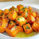 - 3 medium sweet potatoes, peeled and diced into 1-inch cubes - 4 tablespoons unsalted butter - 4 cloves garlic, minced - 1 teaspoon dried thyme - 1 teaspoon smoked paprika - Salt and pepper to taste - Fresh parsley, chopped for garnish Garlic butter roasted sweet potatoes need simple, fresh ingredients. Sweet potatoes are the star here. They offer a sweet, creamy taste. They are also packed with vitamins and fiber. I like to peel and chop them into cubes. This helps them cook evenly. Next, we have garlic. Fresh garlic adds a great aroma and flavor. You want to mince it well. This helps release its oils. Butter brings richness to the dish. Unsalted butter is best. It allows you to control the salt. Spices and seasonings play a key role. I use dried thyme and smoked paprika for depth. Thyme adds a nice earthiness. Smoked paprika gives a hint of smokiness. Salt and pepper enhance all the flavors. Lastly, we need fresh parsley. It’s not just for looks. Parsley adds brightness and freshness. It makes the dish pop. Together, these ingredients create a flavorful delight. They make your kitchen smell amazing as they roast. Enjoy the cooking process! Prepping the Sweet Potatoes Start by peeling 3 medium sweet potatoes. Dice them into 1-inch cubes. This size helps them cook evenly. If you want, rinse them in cold water. This step removes excess starch and makes them crispier. Melting the Garlic Butter Next, melt 4 tablespoons of unsalted butter in a small saucepan. Use low heat to keep it from burning. Add 4 cloves of minced garlic after the butter melts. Sauté for 1-2 minutes until it smells great. Avoid browning the garlic to keep its taste fresh. Mixing Ingredients and Coating Take a large mixing bowl. Combine the diced sweet potatoes with the melted garlic butter. Add 1 teaspoon of dried thyme, 1 teaspoon of smoked paprika, salt, and pepper to taste. Toss everything well. Ensure each piece is coated in the tasty mixture. Roasting Process Spread the sweet potatoes on a baking sheet lined with parchment paper. Make sure they are in a single layer for even cooking. Roast them in a preheated oven at 425°F (220°C) for 25-30 minutes. Flip them halfway through to get that golden brown color. They should be fork-tender when done. Presentation Tips Serve the roasted sweet potatoes in a rustic bowl. Drizzle any leftover garlic butter on top. Garnish with fresh chopped parsley for a bright pop of color. This small touch makes the dish look more inviting. Accompaniments These sweet potatoes pair well with grilled chicken or fish. You can also serve them alongside a fresh salad. They make a great side dish for any meal. Enjoy the mix of flavors and textures! Using Fresh Herbs Fresh herbs can boost flavor. Try adding fresh thyme or rosemary. Chop them finely and mix them in with the sweet potatoes. The fresh taste will stand out and make your dish pop. Adjusting Seasoning Levels Taste is key. Start with a pinch of salt and pepper. You can always add more later. If you like heat, add a dash of cayenne pepper. For a smoky flavor, increase the smoked paprika. Adjust until it fits your taste. Best Baking Sheets to Use Use a sturdy baking sheet. A heavy-duty sheet will help your sweet potatoes roast nicely. It keeps the heat even, ensuring they turn golden brown. If you want easy cleanup, go for non-stick options. Parchment Paper vs. Aluminum Foil I prefer parchment paper. It stops sticking and helps with browning. You can also use aluminum foil, but it may not give the same crispiness. If you choose foil, grease it lightly to prevent sticking. {{image_2}} Substituting Butter with Olive Oil If you want a dairy-free option, use olive oil instead of butter. Olive oil adds a nice flavor and keeps it healthy. Just swap out the butter for the same amount of olive oil. It works well with the garlic and spices, too. Adding Additional Vegetables You can mix in other veggies for more color and taste. Try adding bell peppers, carrots, or even Brussels sprouts. Just cut them to the same size as the sweet potatoes. This way, they cook evenly and blend well with the sweet potato flavor. Air Fryer Instructions For a quicker option, use an air fryer. Preheat it to 400°F (200°C). Toss the sweet potatoes in the garlic butter mix. Place them in the air fryer basket in a single layer. Cook for about 15-20 minutes, shaking the basket halfway through. This method gives you a crispy outside and soft inside. Grilling Sweet Potatoes Grilling adds a smoky flavor. Cut the sweet potatoes into thick slices or keep them in cubes. Toss them with garlic butter and spices. Place them on a grill pan or skewer them. Grill for about 10-15 minutes, turning often. This way, you get those nice grill marks and a delicious taste. Refrigeration Guidelines After you enjoy your garlic butter roasted sweet potatoes, save any leftovers. Place them in an airtight container. They will stay fresh in the fridge for up to five days. Make sure the sweet potatoes cool down before sealing the container. This helps keep the texture nice. Freezing Instructions If you want to store your sweet potatoes longer, freezing is a great option. Allow them to cool completely. Spread the sweet potatoes on a baking sheet in a single layer. Freeze them for about an hour. Once frozen, transfer them to a freezer-safe bag. Write the date on the bag so you remember when you froze them. They can last up to three months in the freezer. Best Methods for Reheating To reheat your sweet potatoes, use an oven or air fryer for the best results. Preheat your oven to 350°F (175°C). Spread the sweet potatoes on a baking sheet. Heat them for about 10-15 minutes until warm. If using an air fryer, set it to 350°F (175°C) and heat for about 5-7 minutes. Avoiding Soggy Sweet Potatoes To keep your sweet potatoes crispy, do not cover them while reheating. Covering them traps steam, making them soggy. Make sure they are in a single layer on the baking sheet. This helps them stay crispy and delicious. Enjoy your tasty leftovers just like fresh! Can I use other types of potatoes? Yes, you can use other potatoes like russet or Yukon gold. Each type has a different taste. Sweet potatoes give a sweeter flavor. Try the others if you like. How to make this dish ahead of time? To prepare in advance, chop sweet potatoes and store them in the fridge. You can mix the garlic butter and seasonings. Just combine everything when ready to cook. What to do if my sweet potatoes are mushy? If your sweet potatoes turn mushy, they might be overcooked. Check them often while roasting. If they do become soft, you can still mash them for a tasty side. Caloric Content and Macronutrients Each serving of garlic butter roasted sweet potatoes has about 180 calories. They contain 4 grams of protein, 5 grams of fat, and 33 grams of carbs. Health Benefits of Sweet Potatoes Sweet potatoes are rich in vitamins A and C, plus fiber. They help boost your immune system and improve digestion. Enjoying them adds nutrition to your meals! This blog post covered how to make a delicious sweet potato dish. We explored the key ingredients, from sweet potatoes to spices, and detailed each step for prep and cooking. I shared tips to enhance flavor and suggestions for serving. We also looked at variations and storage ideas. Remember, sweet potatoes are versatile and healthy. You can change the recipe to make it your own. Enjoy experimenting in the kitchen!