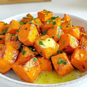 - 3 medium sweet potatoes, peeled and diced into 1-inch cubes - 4 tablespoons unsalted butter - 4 cloves garlic, minced - 1 teaspoon dried thyme - 1 teaspoon smoked paprika - Salt and pepper to taste - Fresh parsley, chopped for garnish Garlic butter roasted sweet potatoes need simple, fresh ingredients. Sweet potatoes are the star here. They offer a sweet, creamy taste. They are also packed with vitamins and fiber. I like to peel and chop them into cubes. This helps them cook evenly. Next, we have garlic. Fresh garlic adds a great aroma and flavor. You want to mince it well. This helps release its oils. Butter brings richness to the dish. Unsalted butter is best. It allows you to control the salt. Spices and seasonings play a key role. I use dried thyme and smoked paprika for depth. Thyme adds a nice earthiness. Smoked paprika gives a hint of smokiness. Salt and pepper enhance all the flavors. Lastly, we need fresh parsley. It’s not just for looks. Parsley adds brightness and freshness. It makes the dish pop. Together, these ingredients create a flavorful delight. They make your kitchen smell amazing as they roast. Enjoy the cooking process! Prepping the Sweet Potatoes Start by peeling 3 medium sweet potatoes. Dice them into 1-inch cubes. This size helps them cook evenly. If you want, rinse them in cold water. This step removes excess starch and makes them crispier. Melting the Garlic Butter Next, melt 4 tablespoons of unsalted butter in a small saucepan. Use low heat to keep it from burning. Add 4 cloves of minced garlic after the butter melts. Sauté for 1-2 minutes until it smells great. Avoid browning the garlic to keep its taste fresh. Mixing Ingredients and Coating Take a large mixing bowl. Combine the diced sweet potatoes with the melted garlic butter. Add 1 teaspoon of dried thyme, 1 teaspoon of smoked paprika, salt, and pepper to taste. Toss everything well. Ensure each piece is coated in the tasty mixture. Roasting Process Spread the sweet potatoes on a baking sheet lined with parchment paper. Make sure they are in a single layer for even cooking. Roast them in a preheated oven at 425°F (220°C) for 25-30 minutes. Flip them halfway through to get that golden brown color. They should be fork-tender when done. Presentation Tips Serve the roasted sweet potatoes in a rustic bowl. Drizzle any leftover garlic butter on top. Garnish with fresh chopped parsley for a bright pop of color. This small touch makes the dish look more inviting. Accompaniments These sweet potatoes pair well with grilled chicken or fish. You can also serve them alongside a fresh salad. They make a great side dish for any meal. Enjoy the mix of flavors and textures! Using Fresh Herbs Fresh herbs can boost flavor. Try adding fresh thyme or rosemary. Chop them finely and mix them in with the sweet potatoes. The fresh taste will stand out and make your dish pop. Adjusting Seasoning Levels Taste is key. Start with a pinch of salt and pepper. You can always add more later. If you like heat, add a dash of cayenne pepper. For a smoky flavor, increase the smoked paprika. Adjust until it fits your taste. Best Baking Sheets to Use Use a sturdy baking sheet. A heavy-duty sheet will help your sweet potatoes roast nicely. It keeps the heat even, ensuring they turn golden brown. If you want easy cleanup, go for non-stick options. Parchment Paper vs. Aluminum Foil I prefer parchment paper. It stops sticking and helps with browning. You can also use aluminum foil, but it may not give the same crispiness. If you choose foil, grease it lightly to prevent sticking. {{image_2}} Substituting Butter with Olive Oil If you want a dairy-free option, use olive oil instead of butter. Olive oil adds a nice flavor and keeps it healthy. Just swap out the butter for the same amount of olive oil. It works well with the garlic and spices, too. Adding Additional Vegetables You can mix in other veggies for more color and taste. Try adding bell peppers, carrots, or even Brussels sprouts. Just cut them to the same size as the sweet potatoes. This way, they cook evenly and blend well with the sweet potato flavor. Air Fryer Instructions For a quicker option, use an air fryer. Preheat it to 400°F (200°C). Toss the sweet potatoes in the garlic butter mix. Place them in the air fryer basket in a single layer. Cook for about 15-20 minutes, shaking the basket halfway through. This method gives you a crispy outside and soft inside. Grilling Sweet Potatoes Grilling adds a smoky flavor. Cut the sweet potatoes into thick slices or keep them in cubes. Toss them with garlic butter and spices. Place them on a grill pan or skewer them. Grill for about 10-15 minutes, turning often. This way, you get those nice grill marks and a delicious taste. Refrigeration Guidelines After you enjoy your garlic butter roasted sweet potatoes, save any leftovers. Place them in an airtight container. They will stay fresh in the fridge for up to five days. Make sure the sweet potatoes cool down before sealing the container. This helps keep the texture nice. Freezing Instructions If you want to store your sweet potatoes longer, freezing is a great option. Allow them to cool completely. Spread the sweet potatoes on a baking sheet in a single layer. Freeze them for about an hour. Once frozen, transfer them to a freezer-safe bag. Write the date on the bag so you remember when you froze them. They can last up to three months in the freezer. Best Methods for Reheating To reheat your sweet potatoes, use an oven or air fryer for the best results. Preheat your oven to 350°F (175°C). Spread the sweet potatoes on a baking sheet. Heat them for about 10-15 minutes until warm. If using an air fryer, set it to 350°F (175°C) and heat for about 5-7 minutes. Avoiding Soggy Sweet Potatoes To keep your sweet potatoes crispy, do not cover them while reheating. Covering them traps steam, making them soggy. Make sure they are in a single layer on the baking sheet. This helps them stay crispy and delicious. Enjoy your tasty leftovers just like fresh! Can I use other types of potatoes? Yes, you can use other potatoes like russet or Yukon gold. Each type has a different taste. Sweet potatoes give a sweeter flavor. Try the others if you like. How to make this dish ahead of time? To prepare in advance, chop sweet potatoes and store them in the fridge. You can mix the garlic butter and seasonings. Just combine everything when ready to cook. What to do if my sweet potatoes are mushy? If your sweet potatoes turn mushy, they might be overcooked. Check them often while roasting. If they do become soft, you can still mash them for a tasty side. Caloric Content and Macronutrients Each serving of garlic butter roasted sweet potatoes has about 180 calories. They contain 4 grams of protein, 5 grams of fat, and 33 grams of carbs. Health Benefits of Sweet Potatoes Sweet potatoes are rich in vitamins A and C, plus fiber. They help boost your immune system and improve digestion. Enjoying them adds nutrition to your meals! This blog post covered how to make a delicious sweet potato dish. We explored the key ingredients, from sweet potatoes to spices, and detailed each step for prep and cooking. I shared tips to enhance flavor and suggestions for serving. We also looked at variations and storage ideas. Remember, sweet potatoes are versatile and healthy. You can change the recipe to make it your own. Enjoy experimenting in the kitchen!