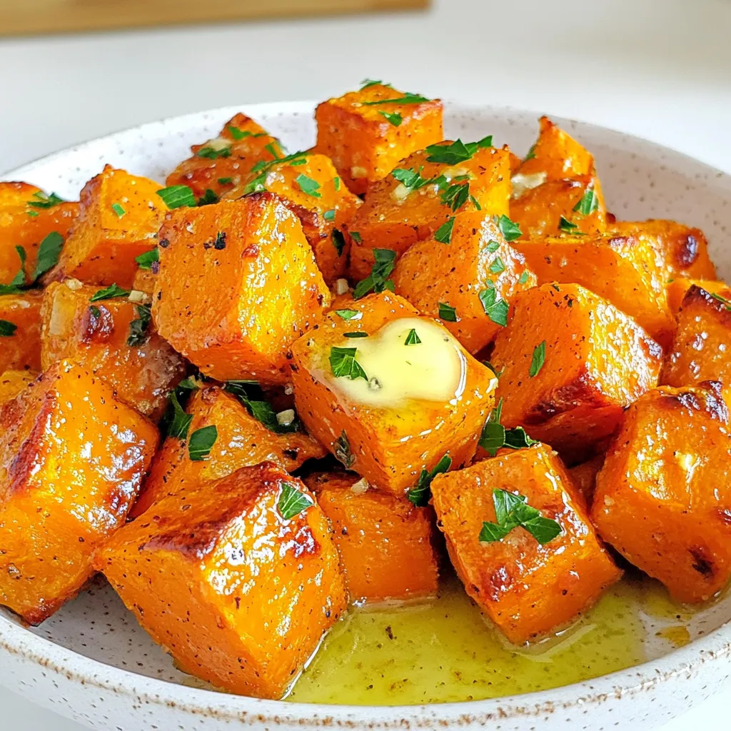 - 3 medium sweet potatoes, peeled and diced into 1-inch cubes - 4 tablespoons unsalted butter - 4 cloves garlic, minced - 1 teaspoon dried thyme - 1 teaspoon smoked paprika - Salt and pepper to taste - Fresh parsley, chopped for garnish Garlic butter roasted sweet potatoes need simple, fresh ingredients. Sweet potatoes are the star here. They offer a sweet, creamy taste. They are also packed with vitamins and fiber. I like to peel and chop them into cubes. This helps them cook evenly. Next, we have garlic. Fresh garlic adds a great aroma and flavor. You want to mince it well. This helps release its oils. Butter brings richness to the dish. Unsalted butter is best. It allows you to control the salt. Spices and seasonings play a key role. I use dried thyme and smoked paprika for depth. Thyme adds a nice earthiness. Smoked paprika gives a hint of smokiness. Salt and pepper enhance all the flavors. Lastly, we need fresh parsley. It’s not just for looks. Parsley adds brightness and freshness. It makes the dish pop. Together, these ingredients create a flavorful delight. They make your kitchen smell amazing as they roast. Enjoy the cooking process! Prepping the Sweet Potatoes Start by peeling 3 medium sweet potatoes. Dice them into 1-inch cubes. This size helps them cook evenly. If you want, rinse them in cold water. This step removes excess starch and makes them crispier. Melting the Garlic Butter Next, melt 4 tablespoons of unsalted butter in a small saucepan. Use low heat to keep it from burning. Add 4 cloves of minced garlic after the butter melts. Sauté for 1-2 minutes until it smells great. Avoid browning the garlic to keep its taste fresh. Mixing Ingredients and Coating Take a large mixing bowl. Combine the diced sweet potatoes with the melted garlic butter. Add 1 teaspoon of dried thyme, 1 teaspoon of smoked paprika, salt, and pepper to taste. Toss everything well. Ensure each piece is coated in the tasty mixture. Roasting Process Spread the sweet potatoes on a baking sheet lined with parchment paper. Make sure they are in a single layer for even cooking. Roast them in a preheated oven at 425°F (220°C) for 25-30 minutes. Flip them halfway through to get that golden brown color. They should be fork-tender when done. Presentation Tips Serve the roasted sweet potatoes in a rustic bowl. Drizzle any leftover garlic butter on top. Garnish with fresh chopped parsley for a bright pop of color. This small touch makes the dish look more inviting. Accompaniments These sweet potatoes pair well with grilled chicken or fish. You can also serve them alongside a fresh salad. They make a great side dish for any meal. Enjoy the mix of flavors and textures! Using Fresh Herbs Fresh herbs can boost flavor. Try adding fresh thyme or rosemary. Chop them finely and mix them in with the sweet potatoes. The fresh taste will stand out and make your dish pop. Adjusting Seasoning Levels Taste is key. Start with a pinch of salt and pepper. You can always add more later. If you like heat, add a dash of cayenne pepper. For a smoky flavor, increase the smoked paprika. Adjust until it fits your taste. Best Baking Sheets to Use Use a sturdy baking sheet. A heavy-duty sheet will help your sweet potatoes roast nicely. It keeps the heat even, ensuring they turn golden brown. If you want easy cleanup, go for non-stick options. Parchment Paper vs. Aluminum Foil I prefer parchment paper. It stops sticking and helps with browning. You can also use aluminum foil, but it may not give the same crispiness. If you choose foil, grease it lightly to prevent sticking. {{image_2}} Substituting Butter with Olive Oil If you want a dairy-free option, use olive oil instead of butter. Olive oil adds a nice flavor and keeps it healthy. Just swap out the butter for the same amount of olive oil. It works well with the garlic and spices, too. Adding Additional Vegetables You can mix in other veggies for more color and taste. Try adding bell peppers, carrots, or even Brussels sprouts. Just cut them to the same size as the sweet potatoes. This way, they cook evenly and blend well with the sweet potato flavor. Air Fryer Instructions For a quicker option, use an air fryer. Preheat it to 400°F (200°C). Toss the sweet potatoes in the garlic butter mix. Place them in the air fryer basket in a single layer. Cook for about 15-20 minutes, shaking the basket halfway through. This method gives you a crispy outside and soft inside. Grilling Sweet Potatoes Grilling adds a smoky flavor. Cut the sweet potatoes into thick slices or keep them in cubes. Toss them with garlic butter and spices. Place them on a grill pan or skewer them. Grill for about 10-15 minutes, turning often. This way, you get those nice grill marks and a delicious taste. Refrigeration Guidelines After you enjoy your garlic butter roasted sweet potatoes, save any leftovers. Place them in an airtight container. They will stay fresh in the fridge for up to five days. Make sure the sweet potatoes cool down before sealing the container. This helps keep the texture nice. Freezing Instructions If you want to store your sweet potatoes longer, freezing is a great option. Allow them to cool completely. Spread the sweet potatoes on a baking sheet in a single layer. Freeze them for about an hour. Once frozen, transfer them to a freezer-safe bag. Write the date on the bag so you remember when you froze them. They can last up to three months in the freezer. Best Methods for Reheating To reheat your sweet potatoes, use an oven or air fryer for the best results. Preheat your oven to 350°F (175°C). Spread the sweet potatoes on a baking sheet. Heat them for about 10-15 minutes until warm. If using an air fryer, set it to 350°F (175°C) and heat for about 5-7 minutes. Avoiding Soggy Sweet Potatoes To keep your sweet potatoes crispy, do not cover them while reheating. Covering them traps steam, making them soggy. Make sure they are in a single layer on the baking sheet. This helps them stay crispy and delicious. Enjoy your tasty leftovers just like fresh! Can I use other types of potatoes? Yes, you can use other potatoes like russet or Yukon gold. Each type has a different taste. Sweet potatoes give a sweeter flavor. Try the others if you like. How to make this dish ahead of time? To prepare in advance, chop sweet potatoes and store them in the fridge. You can mix the garlic butter and seasonings. Just combine everything when ready to cook. What to do if my sweet potatoes are mushy? If your sweet potatoes turn mushy, they might be overcooked. Check them often while roasting. If they do become soft, you can still mash them for a tasty side. Caloric Content and Macronutrients Each serving of garlic butter roasted sweet potatoes has about 180 calories. They contain 4 grams of protein, 5 grams of fat, and 33 grams of carbs. Health Benefits of Sweet Potatoes Sweet potatoes are rich in vitamins A and C, plus fiber. They help boost your immune system and improve digestion. Enjoying them adds nutrition to your meals! This blog post covered how to make a delicious sweet potato dish. We explored the key ingredients, from sweet potatoes to spices, and detailed each step for prep and cooking. I shared tips to enhance flavor and suggestions for serving. We also looked at variations and storage ideas. Remember, sweet potatoes are versatile and healthy. You can change the recipe to make it your own. Enjoy experimenting in the kitchen!