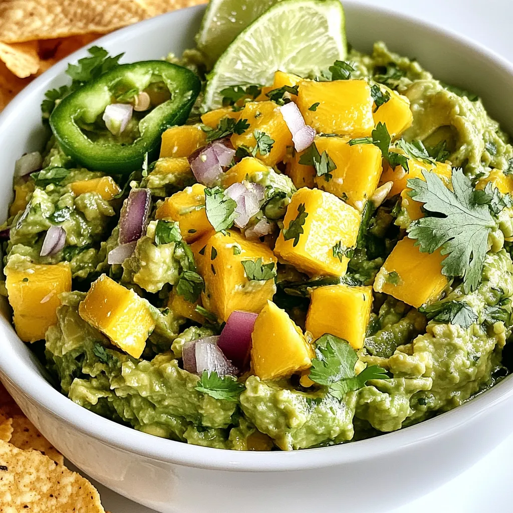 To make Spicy Mango Guacamole, you need just a few fresh ingredients. Here’s what you’ll need: - 2 ripe avocados - 1 ripe mango, diced - 1 small red onion, finely chopped - 1 jalapeño, seeded and minced - 2 tablespoons fresh lime juice - 1/4 cup fresh cilantro, chopped - Salt and pepper, to taste - 1/2 teaspoon ground cumin (optional) - Tortilla chips, for serving Each ingredient adds a unique flavor. The creamy avocado forms the base. The sweet mango adds a fruity twist. Red onion gives a nice crunch. Jalapeño adds heat, so adjust it to your taste. Lime juice keeps everything fresh and zesty. Fresh cilantro brightens the dish. Seasoning with salt, pepper, and cumin enhances the flavor. Using fresh ingredients is key for the best taste. Choose ripe avocados and mangoes for creaminess and sweetness. This guacamole pairs perfectly with crispy tortilla chips. It’s simple to make and sure to impress your guests! {{ingredient_image_1}} - Halving and Pitting the Avocados Start by cutting the avocados in half. Use a sharp knife. Carefully twist the halves to separate them. Take out the pit using a spoon or knife. This step is key to get to the creamy flesh. - Mashing the Avocado Scoop the avocado flesh into a medium mixing bowl. Grab a fork and mash it gently. You want some smoothness but also some chunks. This gives your guacamole a perfect texture. - Adding Additional Ingredients Now, add the diced mango, finely chopped red onion, and minced jalapeño to the bowl. Each of these adds a unique flavor. The sweetness from the mango balances the heat from the jalapeño. - Incorporating Seasonings Drizzle the fresh lime juice over the mixture. Season with salt and pepper to taste. If you like, add ground cumin for a warm flavor. Mix everything gently. This ensures all ingredients blend well but stay chunky. - Serving Recommendations Serve your guacamole right away with crispy tortilla chips. For a pop of color, use a bright bowl. Garnish with cilantro leaves and lime slices. Enjoy your tasty, flavor-packed guacamole! - Choosing Ripe Avocados and Mango Look for avocados that feel soft but not mushy. Gently press the skin to check ripeness. For mangoes, choose ones that have a slight give when squeezed. The color should be vibrant, indicating ripeness. - Customizing Spice Levels If you love heat, add more jalapeño or use a spicier pepper. For milder guacamole, use less jalapeño or remove the seeds. You can also add a pinch of cayenne pepper for extra kick. - Adjusting for Creaminess and Texture Mash the avocado to your liking. For a chunkier texture, leave some pieces intact. If you prefer smooth guacamole, mash it well. Adding a bit more lime juice can help with creaminess too. - Serving Bowls and Garnishing Serve your guacamole in a bright, colorful bowl. Top it with cilantro leaves and lime slices. This adds visual appeal and freshness. You can even use a hollowed-out mango shell for a fun twist. - Creative Ways to Serve with Chips Pair your guacamole with homemade tortilla chips. You can cut corn tortillas into triangles and bake them for a healthier option. For a fun touch, try serving with different types of chips like sweet potato or beet chips. Pro Tips Choose Ripe Avocados: Ensure the avocados are perfectly ripe; they should yield slightly to gentle pressure for the best flavor and creaminess. Fresh Ingredients Matter: Use fresh lime juice and cilantro for the best taste; bottled juices can alter the flavor profile. Adjust Spice Level: Modify the amount of jalapeño based on your heat preference; you can also use other peppers for different heat levels. Prevent Browning: To keep the guacamole fresh and green, press plastic wrap directly onto the surface before refrigerating. {{image_2}} You can change up your guacamole by using different fruits. Pineapple adds a sweet twist. Just chop it small like you do with mango. Kiwi gives a tangy flavor too. Try it for a fun taste change! You can also swap spices to fit your taste. If you don’t have jalapeño, try a milder pepper like green bell pepper. You can add garlic powder for a new flavor. Cumin is nice but not a must. This recipe is vegan and gluten-free. All the ingredients come from plants. So, anyone can enjoy it without worry. If you're watching calories, you can adjust the amount of avocado. Use one avocado instead of two. You can also skip the salt or use less. This way, you cut calories but keep the taste. You can make it fit your needs and still enjoy every bite! To keep your guacamole fresh, you need to store it right. First, place leftovers in a bowl. Press plastic wrap directly against the guacamole’s surface. This helps keep air out. Less air means less browning. If you have a tight lid, that can work too. Just make sure it seals well. How long will it last in the fridge? Normally, guacamole stays fresh for 1 to 2 days. After that, it may start to brown and lose flavor. Signs of spoilage include a dark color or off smell. If it looks or smells bad, toss it out. Enjoy your guacamole while it’s fresh! Can I make this guacamole ahead of time? Yes, you can make this guacamole ahead of time. However, it tastes best fresh. If you need to prepare it early, store it in the fridge. Use a tight lid or cover it with plastic wrap. Press the wrap against the surface to limit air exposure. What dishes pair well with Spicy Mango Guacamole? Spicy Mango Guacamole pairs well with many dishes. Try it with tacos, burritos, or nachos. It also complements grilled meats and fish. Serve it as a dip for fresh veggies or tortilla chips for a tasty snack. How do I prevent browning after making guacamole? To prevent browning, use fresh lime juice. Lime juice slows down the oxidation process. Another tip is to cover the guacamole tightly with plastic wrap. Press it directly onto the surface of the guacamole. You can also add extra avocado on top before sealing. This guide explains how to make tasty Spicy Mango Guacamole. You learned about key ingredients and steps for perfect flavor. I shared tips on selecting ripe fruits and personalizing spice levels. You can even store leftovers properly to enjoy later. Remember, guacamole is versatile. You can switch up ingredients to fit your needs. Experiment with fruits and spices for new tastes. Enjoy your fresh dips, and let your creativity shine!