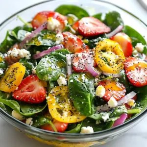 - Spinach: Use 4 cups of fresh spinach, washed and dried. Spinach adds a crisp texture and vibrant color. - Strawberries: You need 1 cup of strawberries, hulled and sliced. Strawberries bring sweetness and a pop of flavor. - Red onion: Use 1/4 cup of thinly sliced red onion. It adds a nice bite and balances the sweetness. - Feta cheese: You’ll need 1/2 cup of crumbled feta cheese. Feta adds creaminess and a salty kick. - Sunflower seeds: Add 1/4 cup of sunflower seeds. They give a crunchy texture and nutty flavor. - Poppy seeds: You also need 1/4 cup of poppy seeds. They add a delicate crunch and visual appeal. - Olive oil: Use 1/2 cup of olive oil. It acts as the base for your dressing and adds richness. - Apple cider vinegar: You’ll need 1/4 cup of apple cider vinegar. It gives a tangy contrast to the sweet elements. - Honey: Add 2 tablespoons of honey for sweetness. It helps balance the vinegar's tartness. - Salt and pepper: Use salt and pepper to taste. They enhance all the flavors in the salad. These ingredients come together to create a fresh and tasty salad. Enjoy the bright colors and flavors! {{ingredient_image_1}} First, you need to make the dressing. In a small bowl, add the olive oil, apple cider vinegar, honey, salt, and pepper. Use a whisk to mix the ingredients well. Whisking blends the flavors and keeps the dressing smooth. After mixing, set it aside. Letting it sit allows the flavors to blend for a better taste. Next, grab a large mixing bowl. Add the fresh spinach, sliced strawberries, crumbled feta cheese, and thinly sliced red onion. These ingredients work together to create a fresh and tasty salad. Drizzle the prepared dressing over the salad mix. Gently toss everything together. This step coats all the ingredients evenly with dressing. For the final touches, sprinkle the sunflower seeds and poppy seeds over the top. These seeds add a nice crunch to your salad. Toss lightly again to mix in the seeds. Serve the salad right away for the best taste. Enjoy the fresh flavors and vibrant colors! To make your salad shine, serve it in a large glass bowl. This lets the bright colors pop. You can add a few whole strawberries on top for a nice touch. This makes the dish look fresh and inviting. For added elegance, consider using a platter instead of a bowl. If you want to swap the spinach, try kale or arugula. Both add a different taste, yet still taste great. For those avoiding feta, you can use goat cheese or omit cheese entirely. If you need a vegan dressing, mix olive oil, lemon juice, and maple syrup. This keeps it light and tasty without dairy. Add fresh herbs like basil or mint for a burst of flavor. These herbs pair well with strawberries and add depth. You can also sprinkle in some cracked pepper for a bit of heat. If you want protein, try adding grilled chicken or chickpeas. These options make your salad more filling and satisfying. Pro Tips Use Fresh Ingredients: For the best flavor and texture, make sure to use the freshest spinach and strawberries available. Fresh produce not only enhances the taste but also adds vibrant color to your salad. Make Ahead Dressing: Prepare the dressing in advance and store it in the refrigerator. This allows the flavors to meld beautifully. Just give it a good shake before drizzling it on the salad. Customize Your Nuts: Feel free to swap the sunflower seeds with your favorite nuts like almonds or walnuts for a different crunch and flavor profile. This customization can make the salad more unique to your taste. Chill Before Serving: For a refreshing experience, chill the salad in the refrigerator for about 10 minutes before serving. This enhances the flavors and ensures a crisp bite! {{image_2}} You can change this salad with seasonal fruits. In summer, try adding blueberries or peaches. These fruits add a sweet touch. In fall, consider using sliced apples or pears. Both options keep the salad fresh and tasty. You can also mix in different nuts or seeds. For crunch, walnuts or almonds work well. They add flavor and texture. To turn this salad into a meal, add grilled chicken. It gives protein and makes it filling. You can also pair the salad with a whole grain. Quinoa or brown rice makes a great choice. This adds fiber and keeps you full longer. You can serve it as a main dish or a side. Try different vinegars or sweeteners in your dressing. Balsamic vinegar adds a rich taste. Maple syrup is a nice swap for honey if you prefer. You can also experiment with creamy poppy seed dressings. These can bring a smooth, rich flavor to the salad. Mix and match to find your perfect dressing! To keep your salad fresh, store it in an airtight container. This helps prevent wilting. I recommend using glass or plastic containers with tight lids. They work well for keeping air out. If you can, add the toppings just before serving. This keeps everything crispy and crunchy. The salad lasts about 3 days in the fridge. If you see any signs of spoilage, like brown spinach or mushy strawberries, toss it out. Always check for an off smell too. Freshness is key for the best taste. You can make parts of this salad ahead of time. Chop the spinach and slice the strawberries the night before. Store them in separate containers. Keep the dressing in a small jar in the fridge. This way, you can mix everything just before serving. It saves time and keeps the flavors bright. Yes, you can! To make a salad in advance, follow these tips: - Prep the ingredients: Wash and slice your spinach and strawberries. - Keep the dressing separate: Store the dressing in a jar. This keeps the salad fresh. - Assemble just before serving: Combine everything only when you are ready to eat. - Add crunchy toppings last: Sprinkle sunflower and poppy seeds right before serving for best texture. This way, your salad stays crisp and tasty! You can make this salad a complete meal easily! Here are some ideas: - Grilled chicken: Add sliced grilled chicken for protein. - Chickpeas: Toss in canned chickpeas for a plant-based option. - Quinoa: Stir in cooked quinoa for carbs and protein. - Avocado: Add avocado slices for healthy fats and creaminess. These additions will help fill you up while keeping the salad fresh and vibrant. Yes, this salad is gluten-free! Here’s what you need to check: - Ingredients: All ingredients like spinach, strawberries, and feta cheese are gluten-free. - Dressing components: Olive oil, apple cider vinegar, honey, salt, and pepper do not contain gluten. Always read labels if you use packaged products to ensure they are gluten-free. Enjoy this salad worry-free! This salad blends fresh produce with tasty ingredients for a satisfying meal. We started by discussing key components like spinach, strawberries, and feta cheese. You learned how to make a simple dressing and combine everything for a delightful dish. As you explore variations and tips, remember each ingredient adds its charm. Experiment with flavors and make it your own. This salad is not just a side—it's a chance to create something delicious. So, enjoy every bite and share your new favorite recipe!