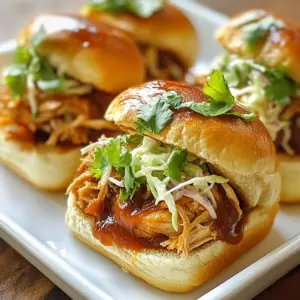 - 2 pounds boneless, skinless chicken thighs - 1 cup BBQ sauce (store-bought or homemade) - 12 slider buns - 1 tablespoon olive oil - 1 onion, finely chopped - 2 cloves garlic, minced - 1 teaspoon smoked paprika - 1 teaspoon onion powder - 1 teaspoon garlic powder - 1 teaspoon cumin - Salt and pepper to taste - 1 cup coleslaw (store-bought or homemade) - Fresh cilantro, for garnish To make BBQ pulled chicken sliders, start with quality ingredients. Chicken thighs give a juicy and tender texture. You can use your favorite BBQ sauce, whether it's homemade or store-bought. The sauce adds rich flavor and moisture. For seasoning, olive oil helps to sauté the onions and garlic. The onion gives sweetness, while garlic adds depth. Smoked paprika gives a touch of smokiness, while onion powder, garlic powder, and cumin round out the flavors. Salt and pepper are essential for taste. When it comes to toppings, coleslaw provides a crunchy contrast to the tender chicken. You can buy it or make your own. Fresh cilantro adds a pop of color and a fresh taste that brightens the sliders. These ingredients come together to create a delicious meal that’s perfect for gatherings or a cozy night in. Each bite is a mix of flavors and textures that you and your guests will love. {{ingredient_image_1}} To start, heat 1 tablespoon of olive oil in a large skillet over medium heat. Once hot, add 1 finely chopped onion. Cook the onion for about 5 minutes until it turns soft and clear. Now, stir in 2 minced garlic cloves and cook for another minute. This will create a nice base for your chicken. Next, add 2 pounds of boneless, skinless chicken thighs to the skillet. Season the chicken with 1 teaspoon of smoked paprika, 1 teaspoon of onion powder, 1 teaspoon of garlic powder, 1 teaspoon of cumin, and a pinch of salt and pepper. This mix of spices will give your chicken great flavor. Now, it's time to sear the chicken thighs. Cook each side for about 3-4 minutes until they get a nice brown color. After searing, pour in 1 cup of your favorite BBQ sauce. Make sure the chicken is well-coated. Lower the heat to a gentle simmer, cover the skillet, and let it cook for 30-35 minutes. This slow cooking will make the chicken tender and juicy. Once the chicken is cooked, take it out and place it on a cutting board. Use two forks to shred the chicken into bite-sized pieces. Return the shredded chicken to the skillet and mix well with the BBQ sauce. While the chicken simmers, preheat your oven to 350°F (175°C). Slice 12 slider buns in half and place them on a baking sheet. Toast them in the oven for about 5-7 minutes until they are golden brown. Now it’s time to assemble! Spread a good amount of pulled chicken on the bottom half of each slider bun. Top it with a spoonful of coleslaw and place the top half of the bun on each slider. Enjoy your delicious BBQ pulled chicken sliders! Choosing the best BBQ sauce Pick a BBQ sauce that matches your taste. A tangy sauce adds zest. A sweet sauce gives a rich flavor. You can even mix sauces for a unique taste. Recommended seasoning adjustments Feel free to tweak the spices. Add more smoked paprika for a deeper flavor. A pinch of cayenne can bring some heat. Experiment until you find what you love. Ensuring chicken tenderness To keep the chicken tender, cook it low and slow. This method helps break down the meat fibers. Always check that the internal temperature reaches 165°F. Recommended cooking methods You can use various methods to cook the chicken. Slow-cook in a crockpot for ease. Grill it for a smoky flavor. Each method brings a different taste. How to layer the sliders Start with the bottom bun. Add a generous scoop of pulled chicken. Next, add a spoonful of coleslaw for crunch. Finally, place the top bun gently on top. Ensuring less soggy buns To avoid soggy buns, toast them lightly. This creates a barrier against moisture. You can also serve the coleslaw on the side. This keeps the buns crisp longer. Pro Tips Choose the Right Chicken: Using boneless, skinless chicken thighs ensures that your pulled chicken remains juicy and flavorful. Avoid chicken breasts, which can dry out during cooking. Homemade BBQ Sauce: For a unique flavor, consider making your own BBQ sauce. This allows you to customize the sweetness and spiciness to your liking. Coleslaw Variations: Experiment with different types of coleslaw, like spicy or vinegar-based, to add a twist to your sliders. This can enhance the overall flavor profile. Keep it Warm: If serving at a gathering, keep the pulled chicken warm in a slow cooker to maintain its temperature and moisture until it's time to serve. {{image_2}} You can change up the meat in this recipe. Pulled pork works great, too. If you want a plant-based option, try jackfruit. It shreds like chicken and takes on flavors well. You can also switch up the coleslaw. A vinegar-based slaw brings a bright taste. Try adding apples or nuts for a twist. Customize to fit your taste! Want more heat? Make spicy BBQ pulled chicken! Add hot sauce or cayenne pepper to the BBQ sauce. You can also mix in some chopped chipotle peppers for a smoky kick. Don’t forget toppings! Cheese adds creaminess, and jalapeños bring heat. Choose your favorite toppings to make each slider unique. Buns are key for sliders. Try brioche for a sweet touch or whole wheat for a healthy option. You can also use lettuce leaves for a low-carb version. For sides, fries and chips are classic. You could also serve with a fresh salad or some crunchy pickles. These sides balance the rich flavors of the sliders perfectly. To store BBQ pulled chicken, let it cool first. Place it in a sealed container. You can keep it in the fridge for up to four days. This helps keep the chicken tender and tasty. Always check for any off smell before eating. To freeze leftover sliders, wrap them tightly in plastic wrap. Place them in a freezer bag to avoid freezer burn. You can freeze them for up to three months. When you're ready to eat, take them out and let them thaw in the fridge overnight. For reheating, preheat your oven to 350°F (175°C). Unwrap the sliders and place them on a baking sheet. Heat for about 15 minutes, or until warm. This keeps the buns nice and soft. To keep flavor and texture, store the chicken and buns separately. This way, the buns do not get soggy. You can also add fresh coleslaw just before serving. This adds crunch and freshness. You can use several options for pulled chicken. Here are some great choices: - Chicken breasts: They are lean but can dry out. Cook them gently for best results. - Pulled pork: Use slow-cooked pork for a richer flavor. - Turkey: Ground turkey works well too. It’s lean and tasty. - Jackfruit: This plant-based option is great for a vegan version. It shreds nicely like meat. Yes, you can prepare the chicken ahead of time. Here are some tips: - Cook and store: You can cook the pulled chicken and keep it in the fridge for up to 3 days. - Freezing: Freeze the shredded chicken in airtight bags. It lasts for up to 3 months. - Reheat: When ready, reheat in a skillet or microwave until hot. If you want to add heat, try these simple ideas: - Hot sauce: Mix your favorite hot sauce into the BBQ sauce. - Jalapeños: Add sliced jalapeños to the sliders for fresh heat. - Spicy seasoning: Use cayenne pepper or chili powder when cooking the chicken. - Pepper jack cheese: Add a slice for a creamy, spicy kick. These tips will help you make BBQ pulled chicken sliders that fit your taste! This blog post guides you through making delicious BBQ pulled chicken sliders. You learned about key ingredients, step-by-step cooking, and tasty toppings. I also shared tips for better flavor and variations to suit your taste. Don’t forget proper storage for any leftovers. Try these sliders at your next gathering. They are easy to make and sure to impress everyone. Enjoy the fun of cooking, and please share your results!