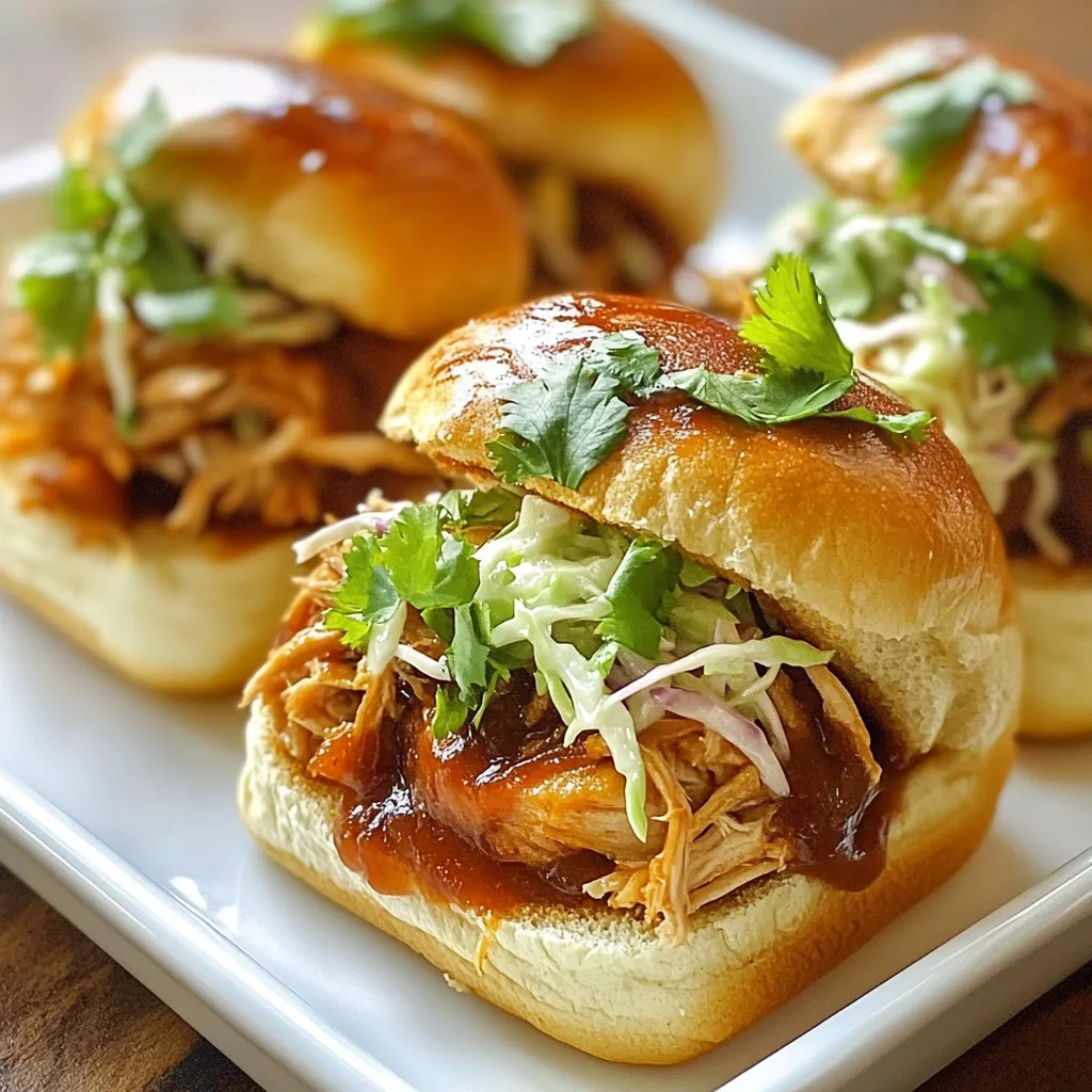 - 2 pounds boneless, skinless chicken thighs - 1 cup BBQ sauce (store-bought or homemade) - 12 slider buns - 1 tablespoon olive oil - 1 onion, finely chopped - 2 cloves garlic, minced - 1 teaspoon smoked paprika - 1 teaspoon onion powder - 1 teaspoon garlic powder - 1 teaspoon cumin - Salt and pepper to taste - 1 cup coleslaw (store-bought or homemade) - Fresh cilantro, for garnish To make BBQ pulled chicken sliders, start with quality ingredients. Chicken thighs give a juicy and tender texture. You can use your favorite BBQ sauce, whether it's homemade or store-bought. The sauce adds rich flavor and moisture. For seasoning, olive oil helps to sauté the onions and garlic. The onion gives sweetness, while garlic adds depth. Smoked paprika gives a touch of smokiness, while onion powder, garlic powder, and cumin round out the flavors. Salt and pepper are essential for taste. When it comes to toppings, coleslaw provides a crunchy contrast to the tender chicken. You can buy it or make your own. Fresh cilantro adds a pop of color and a fresh taste that brightens the sliders. These ingredients come together to create a delicious meal that’s perfect for gatherings or a cozy night in. Each bite is a mix of flavors and textures that you and your guests will love. {{ingredient_image_1}} To start, heat 1 tablespoon of olive oil in a large skillet over medium heat. Once hot, add 1 finely chopped onion. Cook the onion for about 5 minutes until it turns soft and clear. Now, stir in 2 minced garlic cloves and cook for another minute. This will create a nice base for your chicken. Next, add 2 pounds of boneless, skinless chicken thighs to the skillet. Season the chicken with 1 teaspoon of smoked paprika, 1 teaspoon of onion powder, 1 teaspoon of garlic powder, 1 teaspoon of cumin, and a pinch of salt and pepper. This mix of spices will give your chicken great flavor. Now, it's time to sear the chicken thighs. Cook each side for about 3-4 minutes until they get a nice brown color. After searing, pour in 1 cup of your favorite BBQ sauce. Make sure the chicken is well-coated. Lower the heat to a gentle simmer, cover the skillet, and let it cook for 30-35 minutes. This slow cooking will make the chicken tender and juicy. Once the chicken is cooked, take it out and place it on a cutting board. Use two forks to shred the chicken into bite-sized pieces. Return the shredded chicken to the skillet and mix well with the BBQ sauce. While the chicken simmers, preheat your oven to 350°F (175°C). Slice 12 slider buns in half and place them on a baking sheet. Toast them in the oven for about 5-7 minutes until they are golden brown. Now it’s time to assemble! Spread a good amount of pulled chicken on the bottom half of each slider bun. Top it with a spoonful of coleslaw and place the top half of the bun on each slider. Enjoy your delicious BBQ pulled chicken sliders! Choosing the best BBQ sauce Pick a BBQ sauce that matches your taste. A tangy sauce adds zest. A sweet sauce gives a rich flavor. You can even mix sauces for a unique taste. Recommended seasoning adjustments Feel free to tweak the spices. Add more smoked paprika for a deeper flavor. A pinch of cayenne can bring some heat. Experiment until you find what you love. Ensuring chicken tenderness To keep the chicken tender, cook it low and slow. This method helps break down the meat fibers. Always check that the internal temperature reaches 165°F. Recommended cooking methods You can use various methods to cook the chicken. Slow-cook in a crockpot for ease. Grill it for a smoky flavor. Each method brings a different taste. How to layer the sliders Start with the bottom bun. Add a generous scoop of pulled chicken. Next, add a spoonful of coleslaw for crunch. Finally, place the top bun gently on top. Ensuring less soggy buns To avoid soggy buns, toast them lightly. This creates a barrier against moisture. You can also serve the coleslaw on the side. This keeps the buns crisp longer. Pro Tips Choose the Right Chicken: Using boneless, skinless chicken thighs ensures that your pulled chicken remains juicy and flavorful. Avoid chicken breasts, which can dry out during cooking. Homemade BBQ Sauce: For a unique flavor, consider making your own BBQ sauce. This allows you to customize the sweetness and spiciness to your liking. Coleslaw Variations: Experiment with different types of coleslaw, like spicy or vinegar-based, to add a twist to your sliders. This can enhance the overall flavor profile. Keep it Warm: If serving at a gathering, keep the pulled chicken warm in a slow cooker to maintain its temperature and moisture until it's time to serve. {{image_2}} You can change up the meat in this recipe. Pulled pork works great, too. If you want a plant-based option, try jackfruit. It shreds like chicken and takes on flavors well. You can also switch up the coleslaw. A vinegar-based slaw brings a bright taste. Try adding apples or nuts for a twist. Customize to fit your taste! Want more heat? Make spicy BBQ pulled chicken! Add hot sauce or cayenne pepper to the BBQ sauce. You can also mix in some chopped chipotle peppers for a smoky kick. Don’t forget toppings! Cheese adds creaminess, and jalapeños bring heat. Choose your favorite toppings to make each slider unique. Buns are key for sliders. Try brioche for a sweet touch or whole wheat for a healthy option. You can also use lettuce leaves for a low-carb version. For sides, fries and chips are classic. You could also serve with a fresh salad or some crunchy pickles. These sides balance the rich flavors of the sliders perfectly. To store BBQ pulled chicken, let it cool first. Place it in a sealed container. You can keep it in the fridge for up to four days. This helps keep the chicken tender and tasty. Always check for any off smell before eating. To freeze leftover sliders, wrap them tightly in plastic wrap. Place them in a freezer bag to avoid freezer burn. You can freeze them for up to three months. When you're ready to eat, take them out and let them thaw in the fridge overnight. For reheating, preheat your oven to 350°F (175°C). Unwrap the sliders and place them on a baking sheet. Heat for about 15 minutes, or until warm. This keeps the buns nice and soft. To keep flavor and texture, store the chicken and buns separately. This way, the buns do not get soggy. You can also add fresh coleslaw just before serving. This adds crunch and freshness. You can use several options for pulled chicken. Here are some great choices: - Chicken breasts: They are lean but can dry out. Cook them gently for best results. - Pulled pork: Use slow-cooked pork for a richer flavor. - Turkey: Ground turkey works well too. It’s lean and tasty. - Jackfruit: This plant-based option is great for a vegan version. It shreds nicely like meat. Yes, you can prepare the chicken ahead of time. Here are some tips: - Cook and store: You can cook the pulled chicken and keep it in the fridge for up to 3 days. - Freezing: Freeze the shredded chicken in airtight bags. It lasts for up to 3 months. - Reheat: When ready, reheat in a skillet or microwave until hot. If you want to add heat, try these simple ideas: - Hot sauce: Mix your favorite hot sauce into the BBQ sauce. - Jalapeños: Add sliced jalapeños to the sliders for fresh heat. - Spicy seasoning: Use cayenne pepper or chili powder when cooking the chicken. - Pepper jack cheese: Add a slice for a creamy, spicy kick. These tips will help you make BBQ pulled chicken sliders that fit your taste! This blog post guides you through making delicious BBQ pulled chicken sliders. You learned about key ingredients, step-by-step cooking, and tasty toppings. I also shared tips for better flavor and variations to suit your taste. Don’t forget proper storage for any leftovers. Try these sliders at your next gathering. They are easy to make and sure to impress everyone. Enjoy the fun of cooking, and please share your results!