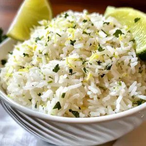 To make Coconut Lime Rice, gather these key ingredients: - 1 cup jasmine rice - 1 can (13.5 oz) coconut milk - 1 cup water - Zest of 1 lime - Juice of 1 lime - 1 tablespoon brown sugar - 1/2 teaspoon salt Each ingredient adds to the dish’s bright and creamy flavor. Jasmine rice gives a lovely aroma and texture. Coconut milk brings richness, while lime zest and juice add freshness. The brown sugar balances the tartness of the lime. Finally, salt enhances all the flavors. To make your Coconut Lime Rice even better, try these garnishes and serving ideas: - Fresh cilantro, chopped - Lime wedges Cilantro adds a pop of color and flavor. Lime wedges let diners squeeze fresh juice on top. For a fun twist, serve the rice in coconut shells. This adds a tropical vibe to your meal. If you have dietary needs, here are some easy swaps: - Use brown rice instead of jasmine rice for more fiber. - Swap coconut milk for almond milk or soy milk for a lighter option. - Omit brown sugar for a sugar-free version or use honey as a substitute. These changes keep the spirit of the dish while meeting your needs. Enjoy the flavors and textures that Coconut Lime Rice brings to your table. {{ingredient_image_1}} Start by rinsing the jasmine rice. Place it in a fine mesh strainer. Rinse the rice under cold water. Keep rinsing until the water runs clear. This step is key to a nice texture. It removes extra starch and helps the rice stay fluffy. Next, grab a medium saucepan. Add the rinsed rice, coconut milk, and water. Then, add lime zest, brown sugar, and salt. Stir the mixture well to mix everything. Bring this mix to a boil over medium-high heat. Once it boils, reduce the heat to low. Cover the saucepan with a lid. Let it simmer for about 15 to 18 minutes. Check the rice to make sure it is tender and has absorbed most of the liquid. After cooking, remove the saucepan from the heat. Let it sit covered for 5 more minutes. This step helps the rice finish cooking in steam. Now, fluff the rice gently with a fork. Stir in the lime juice carefully. You want to mix it in without smashing the rice grains. Taste the rice and adjust the seasoning if needed. Add more salt or lime juice to suit your taste. To serve, scoop the rice onto plates. Garnish with fresh cilantro and lime wedges. This adds a burst of color and flavor. Enjoy your coconut lime rice! To get fluffy coconut lime rice, rinse the jasmine rice well. Rinsing removes extra starch. This step makes sure the rice does not clump together. Use a medium saucepan for even cooking. Keep the heat low after boiling. Let it simmer gently. This helps the rice cook evenly. After cooking, let it sit covered. This step allows the rice to steam. Fluff it with a fork for the best texture. For a burst of flavor, add more lime zest. The zest gives a strong lime taste. You can also mix in a bit of coconut flake. This adds texture and more coconut flavor. If you like heat, try adding a pinch of chili flakes. This will give your rice a nice kick. Fresh herbs are great too! Add cilantro or mint right before serving to brighten the dish. If your rice is too wet, let it sit uncovered for a few minutes. This will help it dry out. You can also add a bit more lime juice for a fresh taste. If the rice is too dry, add a splash of coconut milk or water. Stir gently to combine. Always taste your rice before serving. This way, you can adjust the flavors to your liking. Pro Tips Rinse the Rice: Always rinse jasmine rice under cold water until the water runs clear. This removes excess starch and helps achieve a perfect texture. Adjust Coconut Milk: If you prefer a creamier rice, use more coconut milk and reduce the water slightly. This enhances the coconut flavor. Flavor Boost: For extra flavor, consider adding a pinch of ginger or a few kaffir lime leaves during cooking. Serving Style: Serve the rice in a coconut shell or colorful bowls to create a vibrant presentation that matches its tropical taste. {{image_2}} You can easily add vegetables to this dish. Try mixing in peas, bell peppers, or carrots. These add color and nutrition. To do this, chop the veggies and add them to the rice during cooking. They will steam nicely and soak up the coconut flavor. This twist makes your meal more colorful and tasty. Want to make it a main dish? Add protein! Grilled chicken, shrimp, or tofu work well. If using chicken or shrimp, cook them separately and add them at the end. For tofu, sauté until golden and mix in with the rice. This adds substance and keeps the meal balanced. You can change the taste by adding spices or herbs. Try a dash of cumin or coriander for warmth. Fresh herbs like basil or mint can bring a bright note. Mix in these flavors when you combine the rice and coconut milk. This small change creates a new and exciting dish each time. To store leftover coconut lime rice, first let it cool. Place the rice in an airtight container. This keeps it fresh and prevents odors. You can store it in the fridge for up to four days. Make sure to label it with the date. This way, you know when to use it. When reheating coconut lime rice, add a splash of water. This helps to keep it moist. Use a microwave or a stovetop. If using a microwave, cover the container with a lid or a damp paper towel. Heat in short bursts, stirring in between. On the stovetop, warm it over low heat. Stir gently until heated through. You can freeze coconut lime rice for later use. Spoon the cooled rice into freezer-safe bags. Press out air to avoid freezer burn. Label each bag with the date and contents. Frozen rice can last up to three months. To defrost, place the bag in the fridge overnight or use a microwave. Yes, you can use brown rice. It has a nutty taste and a chewier texture. However, it will take longer to cook. You should also adjust the water. Use 2 cups of water for 1 cup of brown rice. Cook it for about 40-45 minutes until tender. The flavor will change, but it will still be tasty. If you need a substitute for coconut milk, try using almond milk or soy milk. You can also mix regular milk with a bit of coconut extract. This gives you a coconut flavor without the milk. Keep in mind that the taste will differ. Adjust your sweeteners since some milk types are sweeter. Coconut Lime Rice stays fresh for about 3 to 5 days in the fridge. Be sure to store it in an airtight container to keep it from drying out. When you want to eat it again, just reheat it in the microwave or on the stove. Add a splash of water or extra lime juice for moisture. Coconut lime rice is easy and fun to make. We've covered the main ingredients, cooking steps, and tips to get it right. You can customize it with add-ins and serve it your way. Don't forget to store leftovers properly to enjoy later. Remember, cooking is about trying new things, so feel free to experiment. With practice, you'll master this dish and impress your family and friends. Enjoy your delicious coconut lime rice journey!