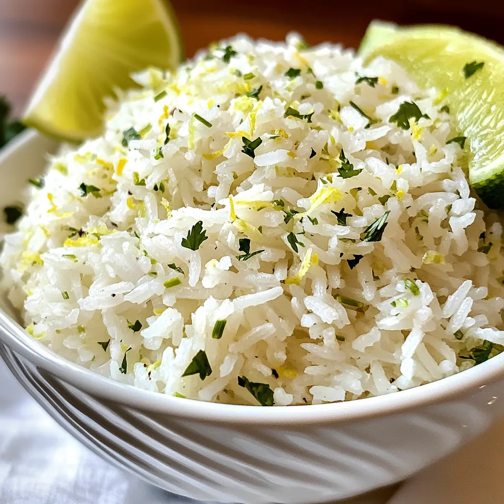 To make Coconut Lime Rice, gather these key ingredients: - 1 cup jasmine rice - 1 can (13.5 oz) coconut milk - 1 cup water - Zest of 1 lime - Juice of 1 lime - 1 tablespoon brown sugar - 1/2 teaspoon salt Each ingredient adds to the dish’s bright and creamy flavor. Jasmine rice gives a lovely aroma and texture. Coconut milk brings richness, while lime zest and juice add freshness. The brown sugar balances the tartness of the lime. Finally, salt enhances all the flavors. To make your Coconut Lime Rice even better, try these garnishes and serving ideas: - Fresh cilantro, chopped - Lime wedges Cilantro adds a pop of color and flavor. Lime wedges let diners squeeze fresh juice on top. For a fun twist, serve the rice in coconut shells. This adds a tropical vibe to your meal. If you have dietary needs, here are some easy swaps: - Use brown rice instead of jasmine rice for more fiber. - Swap coconut milk for almond milk or soy milk for a lighter option. - Omit brown sugar for a sugar-free version or use honey as a substitute. These changes keep the spirit of the dish while meeting your needs. Enjoy the flavors and textures that Coconut Lime Rice brings to your table. {{ingredient_image_1}} Start by rinsing the jasmine rice. Place it in a fine mesh strainer. Rinse the rice under cold water. Keep rinsing until the water runs clear. This step is key to a nice texture. It removes extra starch and helps the rice stay fluffy. Next, grab a medium saucepan. Add the rinsed rice, coconut milk, and water. Then, add lime zest, brown sugar, and salt. Stir the mixture well to mix everything. Bring this mix to a boil over medium-high heat. Once it boils, reduce the heat to low. Cover the saucepan with a lid. Let it simmer for about 15 to 18 minutes. Check the rice to make sure it is tender and has absorbed most of the liquid. After cooking, remove the saucepan from the heat. Let it sit covered for 5 more minutes. This step helps the rice finish cooking in steam. Now, fluff the rice gently with a fork. Stir in the lime juice carefully. You want to mix it in without smashing the rice grains. Taste the rice and adjust the seasoning if needed. Add more salt or lime juice to suit your taste. To serve, scoop the rice onto plates. Garnish with fresh cilantro and lime wedges. This adds a burst of color and flavor. Enjoy your coconut lime rice! To get fluffy coconut lime rice, rinse the jasmine rice well. Rinsing removes extra starch. This step makes sure the rice does not clump together. Use a medium saucepan for even cooking. Keep the heat low after boiling. Let it simmer gently. This helps the rice cook evenly. After cooking, let it sit covered. This step allows the rice to steam. Fluff it with a fork for the best texture. For a burst of flavor, add more lime zest. The zest gives a strong lime taste. You can also mix in a bit of coconut flake. This adds texture and more coconut flavor. If you like heat, try adding a pinch of chili flakes. This will give your rice a nice kick. Fresh herbs are great too! Add cilantro or mint right before serving to brighten the dish. If your rice is too wet, let it sit uncovered for a few minutes. This will help it dry out. You can also add a bit more lime juice for a fresh taste. If the rice is too dry, add a splash of coconut milk or water. Stir gently to combine. Always taste your rice before serving. This way, you can adjust the flavors to your liking. Pro Tips Rinse the Rice: Always rinse jasmine rice under cold water until the water runs clear. This removes excess starch and helps achieve a perfect texture. Adjust Coconut Milk: If you prefer a creamier rice, use more coconut milk and reduce the water slightly. This enhances the coconut flavor. Flavor Boost: For extra flavor, consider adding a pinch of ginger or a few kaffir lime leaves during cooking. Serving Style: Serve the rice in a coconut shell or colorful bowls to create a vibrant presentation that matches its tropical taste. {{image_2}} You can easily add vegetables to this dish. Try mixing in peas, bell peppers, or carrots. These add color and nutrition. To do this, chop the veggies and add them to the rice during cooking. They will steam nicely and soak up the coconut flavor. This twist makes your meal more colorful and tasty. Want to make it a main dish? Add protein! Grilled chicken, shrimp, or tofu work well. If using chicken or shrimp, cook them separately and add them at the end. For tofu, sauté until golden and mix in with the rice. This adds substance and keeps the meal balanced. You can change the taste by adding spices or herbs. Try a dash of cumin or coriander for warmth. Fresh herbs like basil or mint can bring a bright note. Mix in these flavors when you combine the rice and coconut milk. This small change creates a new and exciting dish each time. To store leftover coconut lime rice, first let it cool. Place the rice in an airtight container. This keeps it fresh and prevents odors. You can store it in the fridge for up to four days. Make sure to label it with the date. This way, you know when to use it. When reheating coconut lime rice, add a splash of water. This helps to keep it moist. Use a microwave or a stovetop. If using a microwave, cover the container with a lid or a damp paper towel. Heat in short bursts, stirring in between. On the stovetop, warm it over low heat. Stir gently until heated through. You can freeze coconut lime rice for later use. Spoon the cooled rice into freezer-safe bags. Press out air to avoid freezer burn. Label each bag with the date and contents. Frozen rice can last up to three months. To defrost, place the bag in the fridge overnight or use a microwave. Yes, you can use brown rice. It has a nutty taste and a chewier texture. However, it will take longer to cook. You should also adjust the water. Use 2 cups of water for 1 cup of brown rice. Cook it for about 40-45 minutes until tender. The flavor will change, but it will still be tasty. If you need a substitute for coconut milk, try using almond milk or soy milk. You can also mix regular milk with a bit of coconut extract. This gives you a coconut flavor without the milk. Keep in mind that the taste will differ. Adjust your sweeteners since some milk types are sweeter. Coconut Lime Rice stays fresh for about 3 to 5 days in the fridge. Be sure to store it in an airtight container to keep it from drying out. When you want to eat it again, just reheat it in the microwave or on the stove. Add a splash of water or extra lime juice for moisture. Coconut lime rice is easy and fun to make. We've covered the main ingredients, cooking steps, and tips to get it right. You can customize it with add-ins and serve it your way. Don't forget to store leftovers properly to enjoy later. Remember, cooking is about trying new things, so feel free to experiment. With practice, you'll master this dish and impress your family and friends. Enjoy your delicious coconut lime rice journey!