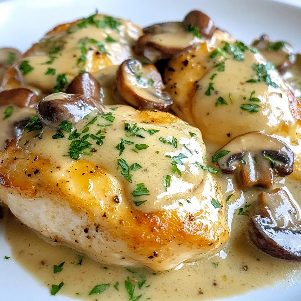 - 4 boneless, skinless chicken breasts - 2 cups sliced cremini or button mushrooms - 1 medium onion, finely chopped - 3 cloves garlic, minced - 1 cup chicken broth - 1 cup heavy cream - 2 tablespoons olive oil - 1 tablespoon balsamic vinegar - 1 teaspoon dried thyme - 1 teaspoon dried rosemary - Salt and pepper to taste - Fresh parsley for garnish - Suggested sides such as garlic mashed potatoes or steamed green beans Gathering the right ingredients is key. You want fresh chicken and mushrooms. I recommend using cremini mushrooms for a deep flavor. They pair well with the cream and herbs. A medium onion and garlic add a sweet aroma. For the sauce, chicken broth and heavy cream create a rich base. Olive oil helps cook the chicken to a golden brown. Balsamic vinegar adds a tangy touch that balances the dish. When it comes to seasoning, thyme and rosemary bring warmth and depth. Don’t forget salt and pepper to enhance all the flavors. A sprinkle of fresh parsley at the end adds a pop of color and freshness. If you're looking for sides, garlic mashed potatoes or steamed green beans work wonders. They complement the creamy sauce and make the meal feel complete. {{ingredient_image_1}} First, season the chicken breasts with salt and pepper. Make sure to coat both sides. Next, heat the olive oil in a large skillet over medium-high heat. Add the seasoned chicken breasts to the skillet. Cook them for about 5 to 7 minutes on each side. You want them golden brown and cooked through. Once done, remove the chicken from the skillet and set it aside. In the same skillet, add the chopped onion and minced garlic. Sauté these for about 2 to 3 minutes. You want the onion to be soft and fragrant. Then, add the sliced mushrooms to the skillet. Cook them for about 5 minutes, until they are soft and releasing their moisture. This step adds a deep, earthy flavor to your dish. Pour in the chicken broth and balsamic vinegar. Make sure to scrape up any brown bits stuck to the bottom of the skillet. This adds extra flavor. Bring the mixture to a simmer and let it reduce for about 3 to 5 minutes. After that, stir in the heavy cream, dried thyme, and rosemary. Allow the sauce to thicken slightly. This creamy sauce is what makes the dish special. Now, return the cooked chicken to the skillet. Make sure to coat it well in the creamy mushroom sauce. Let it simmer for an additional 3 to 4 minutes to warm through. Taste the sauce and adjust the seasoning with salt and pepper if needed. Finally, remove the skillet from heat and garnish with chopped fresh parsley. This adds a nice pop of color and flavor before serving. - Ensuring chicken is fully cooked: Cook the chicken until it reaches 165°F. Use a meat thermometer for precise results. This keeps your chicken safe and juicy. - Tips for achieving a creamy sauce: Stir the cream gently into the pan. Let it simmer to thicken. Avoid boiling to keep the sauce smooth and rich. - Serving suggestions for plating: Place the chicken on a large platter. Spoon sauce over the chicken for a nice look. Pair it with garlic mashed potatoes or green beans for color. - Importance of garnishing with parsley: Fresh parsley adds a pop of color. It also gives a fresh taste that brightens the dish. - Overcooking the chicken: Watch the cooking time closely. Overcooked chicken can become dry. Aim for a golden brown color on both sides. - Using too much salt: Season carefully. Taste as you cook to avoid a salty dish. You can always add more salt later, but it’s hard to fix if you add too much. Pro Tips Use Fresh Herbs: Fresh thyme and rosemary will enhance the flavor of the sauce compared to dried herbs. Deglaze the Pan: Scrape up the brown bits from the skillet after adding the chicken broth for added depth of flavor. Control the Creaminess: Adjust the amount of heavy cream to your preference for a lighter or richer sauce. Perfectly Cooked Chicken: Ensure the chicken is cooked to an internal temperature of 165°F (75°C) for safe consumption. {{image_2}} You can swap the chicken for turkey or pork, and it works well. Turkey breasts will give a leaner taste. Pork adds a nice sweetness to the dish. Both options cook similarly, so follow the same steps. If you want a vegetarian dish, use hearty mushrooms or tofu. Both can soak up the sauce well. For a tasty twist, try using tempeh or seitan as your base. Adding white wine boosts the flavor of the sauce. Choose a dry variety for best results. You can also mix in fresh herbs like basil or sage for a new twist. Experiment with veggies too! Spinach or asparagus can add color and nutrition. Just toss them in when you add the mushrooms. To make a low-fat version, use half-and-half instead of heavy cream. This keeps the dish creamy while cutting fat. For gluten-free options, ensure your broth and any added sauces are gluten-free. You can use cornstarch to thicken the sauce if needed. Adjust the cooking time as necessary to ensure a perfect dish. To keep your Creamy Mushroom Marsala Chicken fresh, place it in airtight containers. This helps prevent odors from mixing. Store it in the fridge within two hours of cooking. For best taste, eat leftovers within three days. If you want to keep it longer, freeze the chicken. Wrap it tightly in plastic wrap, then place it in a freezer-safe bag. This method prevents freezer burn and keeps the meal tasty. When reheating, aim for gentle heat to avoid dry chicken. The best way is to use a skillet over low heat. Add a splash of chicken broth or cream to keep it moist. Heat for about 5-10 minutes, stirring often. If you use a microwave, cover the dish and set it to medium power for 2-3 minutes. Check to ensure it’s warm throughout. Creamy Mushroom Marsala Chicken lasts about three days in the fridge. After that, the quality may decline. Look for signs of spoilage, like off smells or discoloration. If you see any mold, throw it away right away. Trust your senses; they are your best guide for food safety. You can use several lighter options. Some great choices include: - Half-and-half - Coconut milk - Greek yogurt - Silken tofu These options will create a creamy texture while cutting down on fat. For half-and-half, use the same amount as heavy cream. Coconut milk gives a nice flavor. If you use Greek yogurt, mix it with a bit of broth to avoid lumps. Silken tofu can be blended until smooth for a vegan option. To add heat, try these tips: - Add crushed red pepper flakes - Use a dash of cayenne pepper - Include chopped jalapeños Start with a small amount and taste as you go. Red pepper flakes add warmth and flavor without overwhelming the dish. Cayenne pepper is strong, so use it sparingly. If you want fresh heat, add jalapeños while cooking the onions and garlic. Yes, you can make the sauce ahead. Here’s how: 1. Follow the steps to make the sauce. 2. Let it cool completely. 3. Store it in an airtight container in the fridge. You can keep it for up to three days. When you’re ready to use it, just reheat in a pan. Add a splash of broth if it thickens too much. Then, return the chicken to the skillet, and enjoy! In this blog post, we explored how to make Creamy Mushroom Marsala Chicken. We discussed key ingredients, cooking steps, and tips for a perfect dish. Remember to avoid common mistakes like overcooking the chicken. This meal is versatile; you can swap proteins or adapt it for dietary needs. With easy storage tips, you can enjoy leftovers later. Cooking this dish will impress your family and friends every time. Enjoy your culinary adventure and create delicious moments!