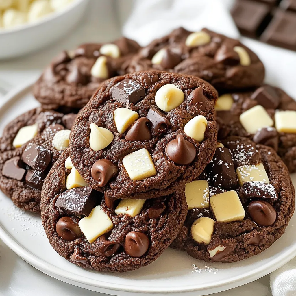 - 1 cup unsalted butter, softened - 1 cup brown sugar, packed - 1/2 cup granulated sugar - 2 large eggs - 2 teaspoons vanilla extract - 2 cups all-purpose flour - 1/2 cup cocoa powder - 1 teaspoon baking soda - 1/2 teaspoon salt - 1 cup semi-sweet chocolate chips - 1/2 cup white chocolate chips - 1/2 cup dark chocolate chunks Using quality chocolate makes a big difference. Good chocolate adds rich flavor. I recommend using semi-sweet, white, and dark chocolate for depth. For butter, make sure it's at room temperature. Softened butter mixes well with sugars. This creates a smooth base for your cookies. Cold butter will not blend properly, and your cookies may be dense. Always check your ingredients before starting. Fresh, quality ingredients lead to the best results. Use this list to gather everything you need. It will save you time and keep your baking smooth. {{ingredient_image_1}} 1. Preheat your oven to 350°F (175°C). This helps the cookies bake evenly. 2. Line two baking sheets with parchment paper. This will keep cookies from sticking. 3. In a large bowl, cream together 1 cup of softened butter, 1 cup of brown sugar, and 1/2 cup of granulated sugar. Mix until the mixture is light and fluffy. 4. Add 2 large eggs, one at a time. Mix well after each egg. Stir in 2 teaspoons of vanilla extract for flavor. 1. In a separate bowl, whisk together 2 cups of all-purpose flour, 1/2 cup of cocoa powder, 1 teaspoon of baking soda, and 1/2 teaspoon of salt. This will make sure all dry ingredients are mixed well. 1. Gradually add the dry ingredients to the wet mixture. Mix until just combined. Do not overmix. 2. Fold in 1 cup of semi-sweet chocolate chips, 1/2 cup of white chocolate chips, and 1/2 cup of dark chocolate chunks. Make sure the chocolate is evenly spread in the dough. 1. Use a cookie scoop or tablespoon to drop rounded balls of dough onto the prepared baking sheets. Space them about 2 inches apart. This gives them room to spread. 2. Bake for 10-12 minutes. The edges should be set while the centers remain soft. They will firm up as they cool. 3. Allow the cookies to cool on the baking sheets for 5 minutes. Then, transfer them to a wire rack to cool completely. To keep your cookies soft, don’t bake them too long. Bake them for 10 to 12 minutes. They should look set on the edges but still soft in the middle. They will continue to cook a bit after you take them out. Always let them cool on the baking sheet for at least five minutes. This helps them firm up without drying out. When measuring your ingredients, use the right tools. Use dry measuring cups for flour and cocoa powder. Avoid packing them down, as this adds too much. Also, don’t overmix the dough once you add the dry ingredients. This can make cookies tough. Mix just until combined for the best texture. To serve your cookies, arrange them on a nice plate. Dust them with powdered sugar for a beautiful look. This small touch adds charm. These cookies taste great with milk or coffee. Enjoy them warm for the best experience! Pro Tips Chill the Dough: For thicker cookies, chill the dough for at least 30 minutes before baking. This helps prevent spreading and enhances the flavor. Use Quality Chocolate: Opt for high-quality chocolate chips and chunks for a richer taste. The better the chocolate, the better the cookies! Don’t Overbake: To achieve a soft and chewy texture, remove the cookies from the oven when the edges are set but the centers are still slightly underbaked. Experiment with Mix-Ins: Feel free to add nuts, dried fruits, or even a sprinkle of sea salt on top for a unique twist on these cookies. {{image_2}} You can add nuts to give the cookies a nice crunch. I recommend using walnuts or pecans. They add great flavor and texture. Use about 1 cup of chopped nuts. Toasting them first can boost their taste. Simply bake them at 350°F for about 5-7 minutes. This step enhances the nuttiness and makes the cookies even better. You can change the chocolate types for unique flavors. Try using dark chocolate for a rich taste. Milk chocolate adds sweetness if you prefer that. You can mix semi-sweet, dark, and milk chocolates together. This creates a great blend of flavors and textures. Experiment to find your favorite combination! If you need gluten-free cookies, try using almond flour or oat flour instead of all-purpose flour. This keeps the cookies soft and chewy. For dairy-free options, use dairy-free chocolate chips. They melt well and taste great. These simple swaps let everyone enjoy this treat! To keep your cookies fresh, store them in an airtight container. This helps maintain their soft texture. You can also add a slice of bread to the container. The bread keeps the cookies moist. For the best taste, eat them within a week. If you have a lot, consider using a larger container. You can freeze both cookie dough and baked cookies. For dough, scoop it into balls and freeze on a baking sheet. Once frozen, transfer them to a zip-top bag. This way, you can bake fresh cookies anytime! For baked cookies, let them cool completely. Then, place them in an airtight container or a freezer bag. To thaw, leave the cookies out at room temperature for about 30 minutes. If you want a warm cookie, pop them in the oven for a few minutes. Enjoy the taste of fresh cookies even after freezing! Perfect cookies have a few signs. First, check the edges. They should look set and slightly firm. The centers will look soft and a bit shiny. If they are too dry, they may overbake. Take them out when they look slightly underdone, as they will continue to cook on the tray. Yes, you can use other sugars. Brown sugar gives cookies chewy texture and deep flavor. White sugar makes cookies crispier. You can mix both for balance. If you want to try alternatives, coconut sugar or maple sugar work well. Just keep the same amounts for the best results. If your cookies are too soft, there are a few fixes. First, check the baking time. If they are underbaked, give them a few more minutes. If they still stay soft, chill the dough for 30 minutes before baking. This helps the cookies hold their shape better while baking. In this post, we explored the magic of cookie making. We covered the key ingredients and why quality matters. You learned how to mix, bake, and achieve the perfect texture. We shared tips on avoiding common mistakes and enhancing your cookie's look. You can also try fun variations, store cookies for freshness, and tackle FAQs with confidence. Remember, great cookies need attention and care. Enjoy baking a batch, and don't forget to share them with friends!