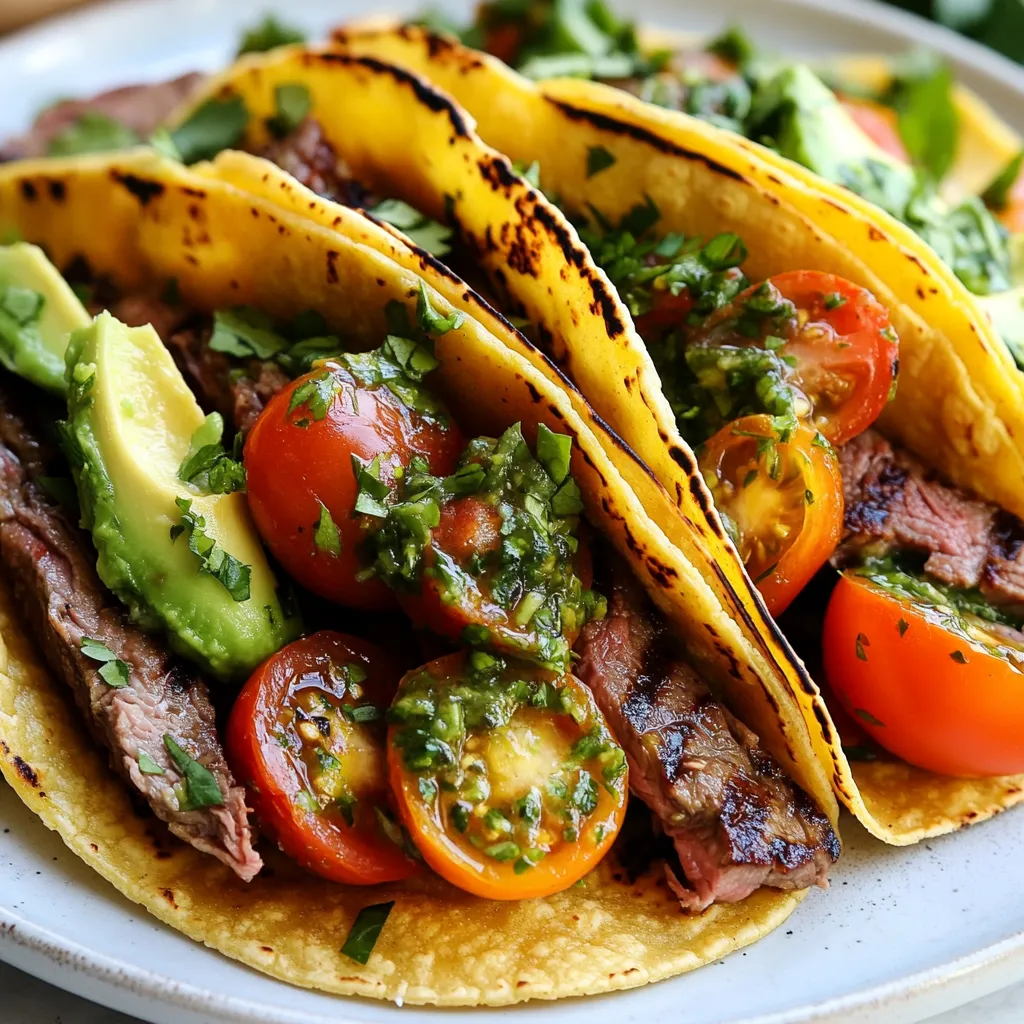 - 1 lb flank steak - 2 tablespoons olive oil - Salt and pepper to taste - 8 small corn or flour tortillas - 1 cup cherry tomatoes, halved - 1 avocado, sliced - 1 cup shredded lettuce (or baby spinach) - 1 cup fresh parsley, finely chopped - 4 cloves garlic, minced - 1/2 cup olive oil - 2 tablespoons red wine vinegar (or substitute with apple cider vinegar) - 1 teaspoon dried oregano - 1/2 teaspoon red pepper flakes (adjust for spiciness) - Salt and pepper to taste You can add extra flavor to your tacos. Here are my favorite suggestions: - Fresh lime wedges for zest - Extra chopped parsley for freshness - Sliced jalapeños for heat - Crumbled queso fresco for creaminess Each ingredient plays a role in making your tacos delicious. The flank steak offers rich flavor, while the chimichurri sauce adds a fresh kick. Use the toppings to customize each taco. These simple ingredients create a meal that feels gourmet. {{ingredient_image_1}} To make the chimichurri sauce, gather your ingredients. You need fresh parsley, garlic, olive oil, red wine vinegar, dried oregano, red pepper flakes, salt, and pepper. In a bowl, mix the chopped parsley and minced garlic together. Add in the olive oil and vinegar. Then, sprinkle in the oregano and red pepper flakes. Stir until everything blends well. Taste it and adjust the salt and pepper if needed. Let it sit for a bit. This allows the flavors to mix. Now, let's focus on the steak. Take your flank steak and rub it with olive oil, salt, and pepper. Use enough to coat it well. Place the steak in a resealable bag. Pour half of the chimichurri sauce over the steak. Make sure it covers the meat. Seal the bag and place it in the fridge. Let it marinate for at least 30 minutes, but two hours is even better. This step enhances the flavor. Next, we need to cook the steak. Preheat your grill or skillet to medium-high heat. Take the steak out of the marinade and place it on the grill. Cook for about 4-5 minutes on each side for medium-rare. If you like it more done, leave it a bit longer. Once cooked, remove it from the heat and let it rest for 5-10 minutes. This helps the juices settle. After resting, slice the steak against the grain into thin strips. While the steak rests, it’s time to warm the tortillas. Heat them on the grill or in a skillet for about 30 seconds on each side. This makes them soft and easy to fold. Now, to assemble the tacos, take a warm tortilla. Lay a few strips of steak on it. Top with halved cherry tomatoes, sliced avocado, and shredded lettuce. Drizzle with the reserved chimichurri sauce. Enjoy your tasty chimichurri steak tacos! Marinating steak is key for flavor. I like to use flank steak for this recipe. Start by rubbing the steak with olive oil, salt, and pepper. Next, place it in a bag with half of the chimichurri sauce. Seal the bag and let it sit in the fridge. Marinate for at least 30 minutes. If you have time, let it marinate for up to 2 hours. This helps the meat soak up all those tasty flavors. Getting those beautiful grill marks is easy with the right steps. First, preheat your grill or skillet on medium-high heat. Make sure it's hot before adding the steak. Place the steak on the grill and do not move it for about 4-5 minutes. This lets the grill do its magic. After that, flip it over to the other side for the same amount of time. Leave it alone for the best marks. To make this a complete meal, serve your tacos with fresh toppings. I love using halved cherry tomatoes, sliced avocado, and shredded lettuce. You can also add extra chimichurri sauce on top. Consider serving these tacos with a side of rice or black beans. This adds more nutrition and flavor. Don't forget to squeeze some lime juice over the tacos for a zesty kick! Pro Tips Let the Chimichurri Marinate: For the best flavor, prepare the chimichurri sauce at least an hour in advance. This allows the flavors to develop and intensify. Rest Your Steak: After grilling, let your steak rest for 5-10 minutes. This helps the juices redistribute, making for a more tender and flavorful bite. Choose the Right Cut: Flank steak is ideal for this recipe, but you can also use skirt steak or sirloin. Just ensure it's sliced against the grain for maximum tenderness. Warm Tortillas Properly: Warming the tortillas makes them pliable and enhances their flavor. Try wrapping them in a damp cloth and microwaving for 20-30 seconds for a quick method. {{image_2}} You can switch up the protein in your tacos. Try chicken, shrimp, or tofu. Each option brings its own fun flavor. Chicken cooks fast and takes on the chimichurri well. Shrimp adds a nice touch of sweetness. Tofu can be marinated just like steak. Each protein can shine with the right chimichurri sauce. Tortillas are key to good tacos. Corn tortillas are classic and gluten-free. They have a nice, slightly sweet taste that works well with chimichurri. Flour tortillas are softer and great for holding fillings. They also add a chewy texture. You can choose based on what you enjoy most. If you love heat, add more red pepper flakes to your chimichurri. You can also include fresh jalapeños for an extra kick. Blend in some chipotle peppers in adobo for a smoky flavor. These spicy twists will take your tacos to a new level. Adjust the heat to match your taste buds, but be careful! To store leftover tacos, place them in an airtight container. Keep the tacos separate from the toppings. This helps to keep the tortillas from getting soggy. Enjoy your tacos within three days for the best flavor. If you plan to eat the tacos soon, store them in the refrigerator. They stay fresh for up to three days. For longer storage, freeze the steak and tortillas separately. Wrap them well in plastic wrap and foil. Stored this way, they can last up to three months. To reheat the steak, use a skillet over medium heat. This keeps the meat tender. Warm the tortillas in a pan for about 30 seconds on each side. Avoid using the microwave, as it makes the tortillas tough. Make sure to add fresh toppings after reheating for the best taste. Chimichurri sauce is fresh and bright. It has simple ingredients, making it easy to prepare. The main components are: - 1 cup fresh parsley, finely chopped - 4 cloves garlic, minced - 1/2 cup olive oil - 2 tablespoons red wine vinegar - 1 teaspoon dried oregano - 1/2 teaspoon red pepper flakes - Salt and pepper to taste This mix creates a zesty sauce. The parsley adds freshness, while garlic gives it a punch. Olive oil makes it smooth. The vinegar adds a nice tang. Marinating the steak is key for flavor. I recommend marinating for at least 30 minutes. This lets the meat soak up the chimichurri flavors. If you have time, marinate for up to 2 hours. This will make the steak even tastier. Yes, you can make chimichurri in advance. It keeps well in the fridge for up to a week. Just store it in a sealed container. Letting it sit allows the flavors to blend better. You can also freeze it for longer storage. Just thaw it in the fridge before using. Chimichurri steak tacos are delicious on their own, but sides can enhance the meal. Here are some great options: - Mexican rice - Black beans - Grilled corn on the cob - Fresh salsa or pico de gallo - A simple green salad These sides add color and flavor. They also balance the richness of the tacos. Chimichurri tacos can be mild or spicy. The heat level depends on the red pepper flakes. You can adjust this to your taste. If you like spice, add more flakes. For a milder flavor, use less. The fresh herbs and garlic also help cool the heat. Chimichurri steak tacos are full of flavor. We discussed key ingredients, from the sauce to toppings. You learned how to prepare the sauce and marinate the steak for great taste. I shared tips for grilling and serving your tacos. You can even try different proteins or spice up the sauce. Use the storage tips to keep leftovers fresh. Enjoy making your chimichurri tacos, and don’t be afraid to get creative!