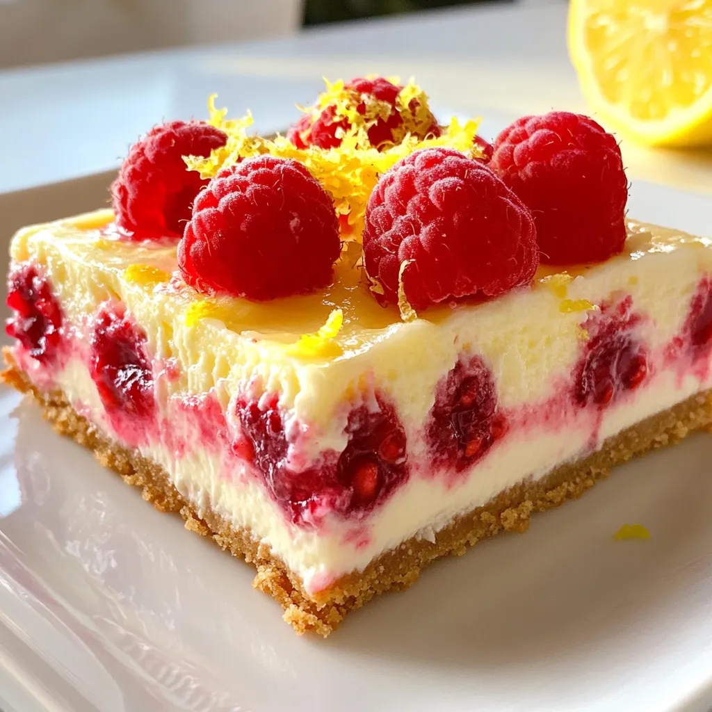 To make these tasty bars, you need the following ingredients: - 1 ½ cups graham cracker crumbs - ½ cup unsalted butter, melted - 2 tablespoons sugar - 16 oz cream cheese, softened - 1 cup sugar - 3 large eggs - 1 teaspoon vanilla extract - 1 cup sour cream - Zest of 2 lemons - ¼ cup fresh lemon juice - 1 cup raspberries (fresh or frozen) These ingredients create a creamy and tangy cheesecake with a sweet crust. You can swap some ingredients if you need to. For graham cracker crumbs, try crushed cookies or oats. Use coconut oil or margarine instead of butter for a dairy-free option. If you have no cream cheese, try Greek yogurt or a dairy-free cream cheese. You can also replace fresh raspberries with strawberries, blueberries, or blackberries for a different flavor. To make your bars look extra special, consider these garnishes: - A sprinkle of lemon zest on top - Extra fresh raspberries - Whipped cream or a dollop of yogurt - A drizzle of honey or chocolate sauce These add a nice touch and enhance the flavor. Enjoy making these raspberry lemon cheesecake bars! {{ingredient_image_1}} First, preheat your oven to 325°F (160°C). Take an 8x8-inch baking pan and line it with parchment paper. Leave some paper hanging over the sides for easy removal later. In a medium bowl, mix 1 ½ cups of graham cracker crumbs, ½ cup of melted butter, and 2 tablespoons of sugar. Stir until the mixture is well combined. Next, press this crumb mixture firmly into the bottom of your baking pan. This will be your crust. Bake it in the oven for 10 minutes, then remove it to cool slightly. Now, grab a large mixing bowl. Beat 16 ounces of softened cream cheese until it’s smooth and creamy. Gradually add in 1 cup of sugar, mixing well. Add 3 large eggs one at a time, mixing after each. Then stir in 1 teaspoon of vanilla extract, 1 cup of sour cream, the zest of 2 lemons, and ¼ cup of fresh lemon juice. Mix until everything is smooth. Very gently fold in 1 cup of raspberries. Be careful not to break them too much. Pour the cheesecake mixture over your cooled crust. Spread it evenly in the pan. Bake it in the oven for 30 to 35 minutes. You want the edges to be set but the center should still jiggle a little. After baking, take it out and let it cool at room temperature for about 1 hour. Then, refrigerate it for at least 4 hours or overnight. This helps it set better. When ready to serve, lift it out using the parchment paper and cut it into bars. Enjoy your delicious cheesecake bars! To get that creamy and smooth texture, use softened cream cheese. Cold cream cheese will not mix well. Beat it until it is fluffy. This helps it blend with the sugar easily. For a lighter feel, add sour cream. It adds moisture and tang. When baking, don’t overdo it. The center should jiggle a bit. This means it will set nicely as it cools. Cracks can happen, but you can avoid them. First, mix your ingredients gently. Overmixing can add too much air. This can cause cracks when baking. Bake at a lower temperature. High heat can make the top crack. Also, let the cheesecake cool slowly. After baking, leave it at room temp for an hour. Then chill it in the fridge. This helps it settle without cracking. Serve these bars chilled for the best taste. Top with fresh raspberries for a fun look. A sprinkle of lemon zest also makes them pop. You can pair them with a dollop of whipped cream for extra creaminess. For drinks, a nice cup of tea or lemonade works well. These bars are great for parties or a sweet treat at home! Pro Tips Chill for Perfect Texture: Allow the cheesecake bars to chill overnight in the refrigerator. This will help the flavors meld together and achieve a firmer, creamier texture. Use Room Temperature Ingredients: Ensure that your cream cheese and eggs are at room temperature before mixing. This helps create a smoother batter without lumps. Don’t Overmix: When folding in the raspberries, be gentle to avoid breaking them apart. This keeps your bars looking beautiful and adds bursts of flavor. Enhance Presentation: For an elegant touch, serve the bars with a dollop of whipped cream and a few extra raspberries on the plate. {{image_2}} You can switch out raspberries for other berries. Blueberries, strawberries, or blackberries work well. Each berry adds its own flavor and color. Just make sure the total amount stays the same. For instance, use 1 cup of blueberries instead of raspberries. This gives you a new twist on the classic recipe. If you need a gluten-free version, use gluten-free graham cracker crumbs. Many brands offer great options. You can also make your own crumbs from gluten-free cookies. This way, everyone can enjoy these tasty treats without worry. To make these bars vegan, replace cream cheese with a plant-based cream cheese. You can find many brands at stores. Use flax eggs instead of regular eggs. To make one flax egg, mix 1 tablespoon of ground flaxseed with 2.5 tablespoons of water. Let it sit for a few minutes until it thickens. This will help bind your cheesecake together without using eggs. These raspberry lemon cheesecake bars are best when fresh. They last in the fridge for about 5 days. For the best taste, store them in an airtight container. Keep them away from strong odors. This helps preserve their lovely lemon and raspberry flavors. You can freeze these cheesecake bars for up to 3 months. First, let the bars cool completely. Then, cut them into squares. Wrap each square in plastic wrap. Place the wrapped bars in a freezer bag. Be sure to remove as much air as possible. When you want to enjoy them, simply thaw them in the fridge overnight. These bars are best served chilled. If you prefer them slightly warm, you can reheat them gently. Place the bars on a baking sheet. Warm them in a 300°F (150°C) oven for about 10 minutes. Keep an eye on them to avoid overcooking. Enjoy the creamy texture and bright flavors! Yes, you can use frozen raspberries. They work well in this recipe. Just thaw them first and drain excess juice. This helps keep the cheesecake bars from getting too watery. The flavor remains fresh and bright. Frozen berries also blend nicely into the filling. You can tell the cheesecake bars are done by checking the edges. They should be set and firm. The center will have a slight jiggle. It will firm up more as it cools. Always avoid overbaking, as this can lead to cracks. To cut cheesecake bars, use a sharp knife. First, chill them well in the fridge. This makes cutting easier. Dip the knife in hot water before each cut. Wipe the knife clean between cuts for neat edges. For best results, cut them into small squares or rectangles. You learned how to make raspberry lemon cheesecake bars from start to finish. We covered must-have ingredients, proven tips, and all kinds of variations. This dessert is tasty and fun to make, no matter your skill. Remember to be patient with the cooling process to avoid cracks. Enjoy these bars fresh, and share them with friends or family. Storing them properly lets you keep the joy for later. Try these ideas, and let your creativity shine in the kitchen. You’ll impress everyone with your delicious results!