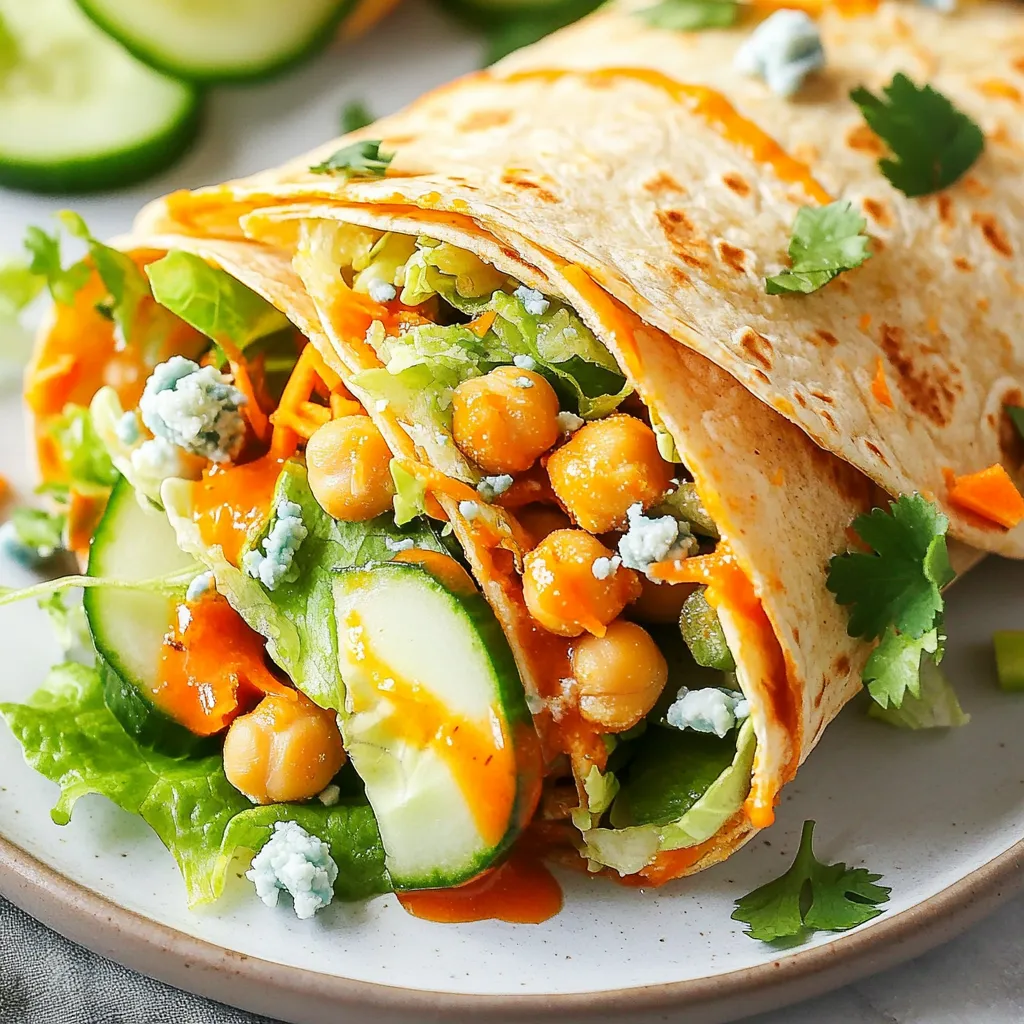 - Chickpeas and Variations You need one can of chickpeas, rinsed and drained. Chickpeas give a great texture. You can also use cooked dried chickpeas if you prefer. - Optional Ingredients for Flavor To enhance the taste, include: - 2 tablespoons olive oil - 3 tablespoons hot sauce (adjust to taste) - 1 tablespoon apple cider vinegar - 1 teaspoon garlic powder - 1 teaspoon onion powder - 1 teaspoon smoked paprika - Salt and pepper to taste You can add blue cheese crumbles and fresh cilantro for extra flavor. - Tortilla Options Choose four whole wheat tortillas for a healthier wrap. You can also use spinach or gluten-free tortillas for different options. This choice adds color and nutrition to your meal. {{ingredient_image_1}} First, we need to prepare the chickpeas. Take a medium bowl and rinse the chickpeas. Drain them well. Use a fork to mash the chickpeas lightly. Leave some whole for texture. This gives a nice bite to the wrap. Next, we mix the sauce. In a small bowl, combine olive oil, hot sauce, apple cider vinegar, garlic powder, onion powder, smoked paprika, salt, and pepper. Stir well until everything blends. Pour this sauce over the mashed chickpeas. Mix gently until every chickpea is coated with the sauce. Now it's time to cook the chickpeas. Heat a non-stick skillet over medium heat. Add the chickpea mixture to the skillet. Cook for about 5 to 7 minutes. Stir occasionally to avoid sticking. We want them heated through and slightly crispy. This adds a great texture. Make sure the flavor spreads evenly. Stir well during cooking. This helps every bite be full of flavor. If you need more spice, add more hot sauce to the mix. Now, let’s assemble the wraps. Start with a whole wheat tortilla on a plate. Lay it flat. Place a layer of chopped lettuce on the tortilla. Then add cucumber slices and shredded carrots. This adds crunch and freshness. Next, scoop a portion of the buffalo chickpea mixture on top. If you like, sprinkle blue cheese crumbles over it. They add a nice flavor contrast. Roll the tortilla tightly. Fold in the sides as you go. This keeps the filling secure. Once wrapped, slice the wrap in half at an angle. You can garnish with fresh cilantro if you want. Repeat these steps with the remaining tortillas and filling. Adjusting Heat Levels You can easily adjust the heat in your Buffalo Chickpea Wraps. To make it milder, use less hot sauce. You can also add a touch of honey or brown sugar to balance the heat. If you love spice, try a hotter sauce or add red pepper flakes for more kick. Adding More Veggie Options Feel free to add more veggies to your wraps. Sliced bell peppers, diced tomatoes, or avocado work great. You could also toss in some spinach or kale for extra nutrients. Get creative with your favorite veggies! Pairing with Side Dishes These wraps taste great with simple sides. Try serving them with carrot sticks, celery, or a fresh salad. A side of coleslaw adds crunch and balances the flavors nicely. Serving Suggestions for Gatherings For parties, cut the wraps into smaller pieces. Serve them on a platter with a dipping sauce. You can use ranch or more hot sauce for dipping. This makes them easy for guests to grab and enjoy! Recommended Seasonings To boost the flavor, try adding extra seasonings. A sprinkle of cumin or chili powder can add depth. You can also mix in a bit of lemon juice for brightness. Alternatives to Blue Cheese If you want to skip blue cheese, try feta or goat cheese. You can also use a creamy avocado dressing for a rich flavor. Yogurt can offer a nice tang as well. Pro Tips Adjust the Heat: Feel free to modify the amount of hot sauce based on your heat preference. Start with less and add more to achieve your desired spice level. Mix in Some Greens: For added nutrition, consider mixing in some chopped spinach or kale with the chickpeas for an extra boost of vitamins. Make It Ahead: You can prepare the chickpea mixture a day in advance to save time. Just store it in an airtight container in the fridge until you're ready to assemble the wraps. Experiment with Toppings: Customize your wraps by adding other toppings like avocado, diced tomatoes, or your favorite type of cheese for a unique twist. {{image_2}} You can change the protein in your wraps. Try tofu for a different texture. - Tofu Buffalo Wraps: Use firm tofu instead of chickpeas. Press and cube the tofu. Cook it in the same sauce until crispy. This gives a great flavor and is fun to eat. - Lentil Versions: Lentils are another great choice. Cook them until soft, then mix with the sauce. They add a nice, earthy taste. Making changes for diets is easy and fun. You can adapt these wraps to meet your needs. - Gluten-Free Options: Use gluten-free tortillas or lettuce leaves. This way, everyone can enjoy the wraps without worry. - Vegan Substitutions: Skip the blue cheese for a vegan wrap. You can use avocado or a vegan cheese instead. This keeps the dish tasty and plant-based. Sauce can change the flavor of your wraps. Explore spicy or mild options to find what you like. - Spicy vs. Mild: Adjust the hot sauce to suit your taste. More sauce means more heat! If you want it mild, use less hot sauce and add more vinegar. - Homemade vs. Store-Bought: Making your sauce is fun! You can mix ingredients to create a unique flavor. Use your favorite hot sauce or buy one you love. Store-bought options save time, but homemade can wow your guests. After enjoying your Buffalo Chickpea Wraps, you may have some left. To store them safely, place them in an airtight container. Keep them in the fridge. They will stay fresh for about three days. Make sure to keep the filling and the tortillas separate. This keeps the wraps from getting soggy. If you want to save them for longer, freezing is a great option. Wrap each assembled wrap tightly in plastic wrap. Then, place them in a freezer-safe bag. You can freeze them for up to three months. When you are ready to eat them, just thaw them in the fridge overnight. To enjoy your wraps again, reheating is key. The best way to reheat them is in a skillet. Heat the skillet on medium heat. Place the wrap in the skillet and cover it with a lid. Cook for about 3-4 minutes on each side. This method keeps the wrap crispy and warm. You can also use a microwave, but this may make the wrap soggy. If you use a microwave, heat it for about 30 seconds. Then, check and heat more if needed. Knowing how long your wraps last is important. In the fridge, your Buffalo Chickpea Wraps can last for about three days. If you freeze them, they will last up to three months. Just remember to label your containers. This way, you know when to use them. Enjoy your tasty wraps while they are at their best! Yes, you can prep these wraps ahead of time. To save time, make the chickpea mixture a day before. Store it in the fridge. This helps the flavors blend well. When you're ready to eat, just warm it up. Then, assemble your wraps with fresh veggies. This keeps everything crunchy and tasty. If you want a fun twist, try these alternatives: - Lettuce leaves: Great for a low-carb option. - Pita bread: Adds a nice pocket for filling. - Rice paper wraps: For a light, fresh taste. - Naan bread: For a heartier wrap. These options let you enjoy the flavors in different ways. Yes, these wraps can be very healthy! Here’s why: - Chickpeas provide protein and fiber. - Whole wheat tortillas add complex carbs. - Fresh veggies like lettuce and cucumber boost vitamins. - Olive oil offers healthy fats. This meal gives you energy and keeps you full. Plus, you can adjust the hot sauce for your spice level. Enjoy these wraps as a tasty and nutritious choice! In this article, we explored how to create delicious Buffalo Chickpea Wraps. We discussed key ingredients, from chickpeas to tortilla choices. I shared detailed steps, tips for flavor, and how to customize your wraps. You can use various proteins like tofu or lentils, and even tweak it to fit dietary needs. Remember to store your leftovers properly and consider how to reheat them for the best taste. These wraps are healthy and fun to make. Enjoy trying them out in your kitchen!