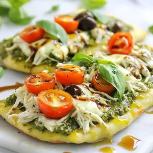 For a delicious Pesto Chicken Flatbread, gather the following items: - Flatbreads (store-bought or homemade) - Cooked chicken - Basil pesto - Fresh mozzarella cheese - Cherry tomatoes - Kalamata olives - Olive oil - Seasoning (salt and pepper) - Fresh basil leaves - Balsamic glaze (optional) These ingredients come together to create a tasty meal. Flatbreads serve as the base. You can buy them or make them from scratch. Cooked chicken adds protein and flavor. Use leftover chicken or rotisserie chicken to save time. Basil pesto gives a rich taste. Fresh mozzarella melts beautifully and adds creaminess. Cherry tomatoes bring sweetness and color. Kalamata olives add a nice salty touch. A drizzle of olive oil enhances the flavors. Seasoning, like salt and pepper, balances everything. Fresh basil leaves make it look pretty and fresh. If you like, add balsamic glaze for a sweet finish. Collecting these ingredients will set you up for success. Each item plays a role in making this flatbread a delight. Enjoy the process of preparing this simple yet savory meal! {{ingredient_image_1}} 1. Preheat your oven to 400°F (200°C). This step is key for a crispy flatbread. 2. Prepare the chicken and pesto mixture. In a bowl, mix the shredded chicken with basil pesto. Make sure the chicken gets a nice coat of pesto. Add salt and pepper to fit your taste. 3. Get the flatbreads ready. Place them on a baking sheet lined with parchment paper. This will help with easy cleanup later. 1. Spread the pesto chicken mixture. Evenly distribute this mix over each flatbread. Leave a little space around the edges for the crust. 2. Add the mozzarella and toppings. Sprinkle the shredded mozzarella cheese over the chicken. Then, place the halved cherry tomatoes and chopped Kalamata olives on top. 3. Drizzle olive oil. A little olive oil on top adds a great flavor boost. 1. Bake in the preheated oven. Keep an eye on them for about 10-12 minutes. You want the cheese to melt and bubble, and the edges to turn golden brown. 2. Let cool before serving. Once out of the oven, let the flatbreads cool for a couple of minutes. This will help the toppings set and make slicing easier. When making pesto chicken flatbread, start with the right flatbreads. I recommend using thin flatbreads for a crisp bite. You can choose store-bought options like naan or pita. If you want to make your own, use simple dough recipes with flour and water. For the pesto, homemade is best. Blend fresh basil, garlic, pine nuts, Parmesan, and olive oil. This gives you a bright and fresh flavor. If you’re short on time, a good store-bought basil pesto works well too. Just check for quality ingredients to get the best taste. To get that perfect cheese melt, set your oven to 400°F (200°C). Bake for 10-12 minutes. Keep an eye on it. You want the cheese bubbly and the edges golden. If the flatbread cooks too long, it can get hard. Prevent sogginess by not overloading with toppings. Spread a thin layer of pesto chicken first. This allows the flatbread to stay crisp. Drizzle olive oil lightly to add flavor without making it too wet. Pair your flatbread with a light salad. A simple arugula salad with lemon dressing works great. The freshness balances the rich flavors of the flatbread. For presentation, slice the flatbread into triangles. Add fresh basil leaves on top for color. If you like, drizzle balsamic glaze over the top. This adds a nice touch of sweetness and makes it look gourmet. Enjoy your beautiful creation! Pro Tips Use Fresh Ingredients: Fresh basil and high-quality mozzarella can elevate the flavor of your flatbread significantly. Opt for the freshest produce you can find. Customize Your Toppings: Feel free to add other toppings such as arugula, roasted red peppers, or even a sprinkle of red pepper flakes for extra heat. Keep an Eye on Baking: Since oven temperatures can vary, keep an eye on your flatbreads. Remove them when the cheese is bubbly and the edges are golden brown. Serve Immediately: For the best texture and flavor, serve your pesto chicken flatbreads right after baking while they’re still warm and the cheese is melty. {{image_2}} You can easily make a vegetarian pesto flatbread. Just swap the chicken for veggies. Good options include bell peppers, zucchini, or spinach. You can grill or roast these veggies first for more flavor. For toppings, consider adding artichoke hearts, sun-dried tomatoes, or roasted garlic. Each will add a unique taste to your flatbread. Don't forget to sprinkle some extra cheese on top for a creamy finish. Want to enhance the flavor? Try different types of cheese. Feta cheese brings a tangy kick, while goat cheese adds creaminess. You might also like sharp cheddar or pepper jack for a spicy twist. For sauces, consider using a balsamic reduction or a spicy aioli. These add a different layer of flavor that will surprise your taste buds. Mix and match to create your perfect flatbread. If you want variety in your base, use different types of flatbreads. You can try naan, pita, or even tortilla for a fun twist. Each type brings its own texture and flavor. For those who need gluten-free options, there are many choices. Look for gluten-free flatbreads or use cauliflower crust as a base. These options allow everyone to enjoy this tasty meal. To keep your pesto chicken flatbread fresh, store it properly. First, let the flatbreads cool down. Then, wrap them in plastic wrap or foil. You can also place them in an airtight container. This helps keep them from drying out. Stored flatbreads last for about 3 days in the fridge. If you want to keep them longer, you can freeze them. Just remember to wrap them well. Frozen flatbreads can stay good for up to 3 months. When you're ready to enjoy your leftovers, reheating is key. The best way to reheat flatbreads is in the oven. Set it to 350°F (175°C). Place the flatbread on a baking sheet. Heat for about 10 minutes until warm. If you're short on time, you can use a microwave. However, this may make the flatbread a bit soggy. To keep the texture, try covering it with a damp paper towel. This helps steam the bread without losing too much crispiness. You can use many options if you lack flatbread. Here are some alternatives: - Pita bread: This soft bread works well. It holds toppings nicely and adds flavor. - Naan: Naan is a great choice. It has a chewy texture that enhances each bite. - Tortillas: Flour or corn tortillas can serve as a base. They are easy to find and very flexible. For gluten-free options, try: - Rice paper wraps: These give a unique twist and are light. - Cauliflower crust: This is a healthy choice that is both gluten-free and tasty. - Chickpea flatbread: This is high in protein and has a nice flavor. You can prepare this meal in advance with some easy steps: - Prep the chicken and pesto: Shred the chicken and mix it with pesto. Store them in the fridge for up to two days. - Chop toppings: Slice cherry tomatoes and olives. Keep them in airtight containers to stay fresh. - Assemble flatbreads: You can assemble the flatbreads a few hours before baking. Cover them tightly with plastic wrap. When storing assembled flatbreads, place them in the fridge. They can last for one day. Just remember to bake them fresh when you're ready. Absolutely! Making your own pesto is easy and fun. Here’s how: - Ingredients: - 2 cups fresh basil leaves - ½ cup olive oil - ¼ cup pine nuts or walnuts - ½ cup grated Parmesan cheese - 2 garlic cloves - Salt to taste - Method: 1. In a food processor, add basil, nuts, and garlic. Blend until smooth. 2. With the machine running, slowly add olive oil until mixed well. 3. Stir in the cheese and salt. Taste and adjust as needed. For storage, keep the pesto in a jar in the fridge. It stays fresh for about a week. You can also freeze it in ice cube trays for up to six months. This way, you'll always have fresh pesto ready to go! This blog post detailed how to make tasty flatbreads using simple ingredients. You learned about prepping ingredients, assembling, and baking. We discussed tips for choosing the best items and avoiding common pitfalls. You can also try different flavors with variations or store leftovers correctly. Experimenting will make this dish even more fun. Enjoy crafting your flatbreads, and don’t hesitate to share your favorite twists!