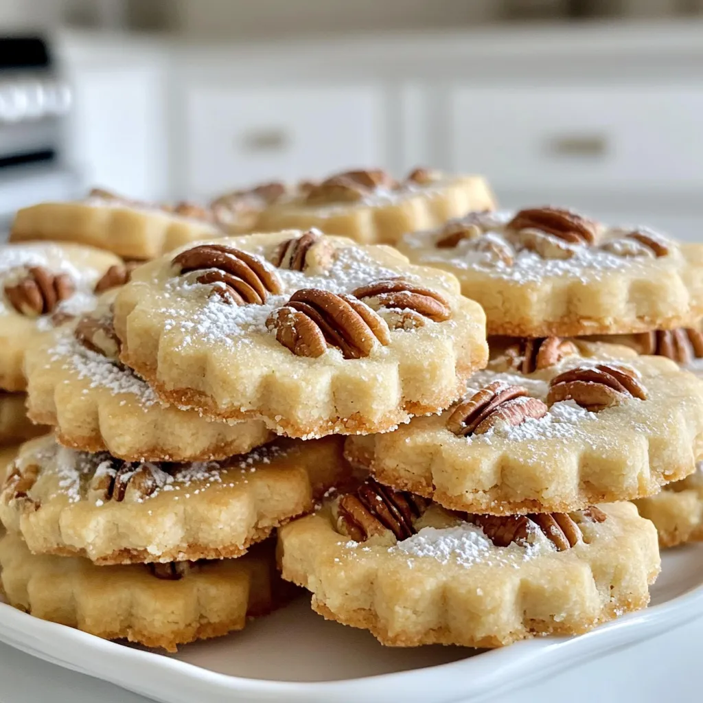 To make Maple Pecan Shortbread, gather these simple ingredients: - 1 cup unsalted butter, softened - 1/2 cup maple syrup - 2 cups all-purpose flour - 1/2 cup powdered sugar - 1/2 teaspoon salt - 1 cup pecans, finely chopped - 1 teaspoon vanilla extract - 1/2 teaspoon cinnamon These ingredients blend to create a rich, nutty flavor. If you need alternatives, consider these swaps: - Use salted butter instead of unsalted butter for added flavor. - Maple syrup can be replaced with agave syrup for a similar sweetness. - Almond flour works in place of all-purpose flour for a nutty taste. - For powdered sugar, you can blend granulated sugar until fine. These substitutions can change the taste and texture but still yield delicious cookies. Using high-quality ingredients makes a big difference. Fresh butter gives your cookies a rich taste. Pure maple syrup adds depth and a unique sweetness. When you use good pecans, they provide crunch and flavor. Always choose fresh spices, too. Fresh cinnamon enhances the cookie's warmth. Quality ingredients help you create a treat that's flaky and flavorful. 1. Start by preheating your oven to 350°F (175°C). Line a baking sheet with parchment paper. 2. In a large bowl, cream 1 cup of softened butter with 1/2 cup of powdered sugar. Mix until it feels light and fluffy. 3. Next, add 1/2 cup of maple syrup and 1 teaspoon of vanilla extract. Blend this mixture until it looks smooth. 4. In another bowl, whisk together 2 cups of all-purpose flour, 1/2 teaspoon of salt, and 1/2 teaspoon of cinnamon. 5. Gradually stir this dry mix into the butter mix. Combine until just blended. 6. Fold in 1 cup of finely chopped pecans. Make sure they spread evenly in the dough. 7. Place the dough on a floured surface. Shape it into a log, about 2 inches wide. Wrap it in plastic wrap and chill for at least 30 minutes. 8. After chilling, slice the log into 1/4-inch thick disks. Put them on the baking sheet, leaving space between each one. 9. Bake for 12-15 minutes. Watch for the edges to turn lightly golden. 10. Let the cookies cool on the sheet for a few minutes. Then, move them to a wire rack to cool completely. - Clear your counter space for easy movement. - Gather all your ingredients and tools before you start. - Use a sharp knife for slicing the dough. It helps to make clean cuts. - Keep flour nearby to dust your surface and rolling pin. - Do not skip chilling the dough. This keeps the cookies from spreading too much. - Avoid overmixing the dough. This can lead to tough cookies. - Make sure your butter is softened, not melted. It helps create a nice texture. - Be careful not to overcrowd the baking sheet. Space helps them bake evenly. To get that perfect texture, use room-temperature butter. It mixes well with sugar, making the dough light. When mixing, don’t overdo it. Stop as soon as you blend in the flour. This helps keep the shortbread tender. Chill the dough before slicing. This helps the cookies hold their shape while baking. Watch for a light golden edge. The center should look set but soft. If you press gently, it should feel slightly firm. Cookies will continue to cook as they cool on the pan. Don’t leave them in the oven too long. Overbaking can dry them out. To make your cookies even tastier, add more spices. Try nutmeg or ginger for a warm touch. A splash of almond extract brings out the maple flavor. If you love chocolate, fold in some mini chips. This makes each bite richer and more fun! {{image_2}} You can easily change the flavor of Maple Pecan Shortbread. Try adding orange zest for a bright twist. Lemon zest gives a fresh taste too. For a spicier option, mix in some nutmeg or ginger. These flavors work well with maple and pecans. If you love chocolate, consider adding chocolate chips. Dark chocolate pairs well with the maple flavor. You could also use milk chocolate for a sweeter taste. Want more crunch? Try walnuts or almonds instead of pecans. Each nut brings its own unique flavor and texture. To make this recipe gluten-free, swap all-purpose flour for a gluten-free blend. Check that your blend contains xanthan gum for the right texture. For a vegan version, replace the butter with coconut oil. Use maple syrup as your sweetener, which is already vegan. Both options keep the shortbread delicious while meeting different dietary needs. To keep your Maple Pecan Shortbread fresh, use an airtight container. Place a layer of parchment paper between layers of cookies to prevent sticking. Store the container in a cool, dry place. This method helps keep the cookies crisp and tasty. When stored properly, these cookies last up to one week. If you want to keep them longer, freezing is a great option. Wrap each cookie in plastic wrap, then place them in a freezer bag. They will stay fresh for up to three months in the freezer. To maintain freshness, only take out the cookies you plan to eat. Keep the rest stored in the airtight container. If the cookies lose some crispness, you can pop them in the oven at a low temperature for a few minutes. This will help restore their crunch. Yes, you can use other nuts. Walnuts or almonds work well. They add their own unique taste. If you choose almonds, slice them thin. This helps them mix better into the dough. Remember, the flavor will change a bit. Use what you like best for a personal touch. Making the dough ahead is easy. After mixing, shape it into a log. Wrap it tightly in plastic wrap. You can keep it in the fridge for up to three days. If you need longer, freeze it. Just remember to thaw it in the fridge before slicing. This way, you can enjoy fresh cookies anytime. These cookies pair well with tea or coffee. Try serving them with hot chocolate for a cozy treat. You can also add fresh fruit like berries. A scoop of vanilla ice cream on the side works too. These options enhance the flavors and make your snack special. Maple Pecan Shortbread offers rich flavor and a crunchy texture. We covered key ingredients, detailed steps, and handy tips to make this treat shine. Quality ingredients make a big difference in taste. Avoid common baking mistakes for the best results. Explore variations and storage tips to keep your cookies fresh. Remember, you can easily adapt this recipe to suit your taste. Enjoy making and sharing these delicious cookies with friends and family. Saving a batch for later is always a good idea.