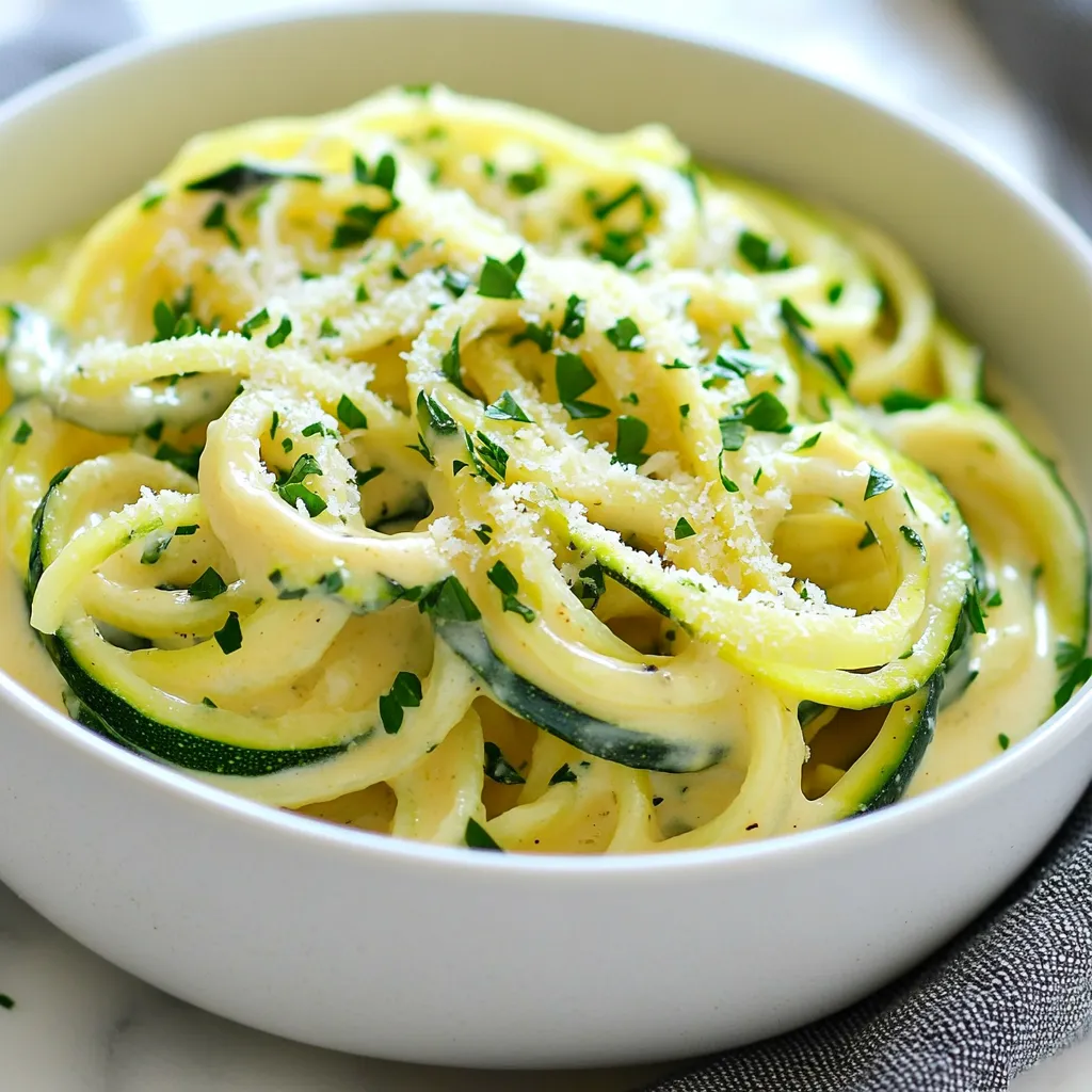 - 4 medium zucchinis (spiralized into noodles) - 3 tablespoons olive oil - 4 cloves garlic, minced - 1 cup heavy cream - 1 cup freshly grated Parmesan cheese - 1 teaspoon garlic powder - 1/2 teaspoon salt - 1/4 teaspoon black pepper - 1/4 teaspoon nutmeg (optional) - Fresh parsley, chopped (for garnish) To make Garlic Parmesan Zoodle Alfredo, you need fresh ingredients. Start with four zucchinis. Spiralize them into noodles, which we call zoodles. You can use a spiralizer or a veggie peeler. Set these zoodles aside for later. Next, you need three tablespoons of olive oil. This oil gives flavor and helps cook the garlic. Garlic is key in this dish. You will need four cloves, minced finely. Fresh garlic makes the sauce fragrant and tasty. For creaminess, use one cup of heavy cream. This is what makes the Alfredo sauce rich. You also need one cup of freshly grated Parmesan cheese. This cheese adds a salty and nutty flavor. Grating it fresh gives the best texture. Don't forget the spices! Add one teaspoon of garlic powder, half a teaspoon of salt, and a quarter teaspoon of black pepper. If you like, add a quarter teaspoon of nutmeg. Nutmeg gives a warm, subtle flavor. Lastly, chop some fresh parsley for garnish. It adds color and freshness to your dish. Gather these ingredients, and you're ready to create a creamy and simple Garlic Parmesan Zoodle Alfredo! {{ingredient_image_1}} To start, grab 4 medium zucchinis. Use a spiralizer to turn them into zoodles. This tool makes thin, noodle-like strips from the zucchini. Once you spiralize all the zucchinis, set the zoodles aside. Keep them out of the way while you cook. Next, heat 3 tablespoons of olive oil in a large skillet over medium heat. Add 4 cloves of minced garlic to the hot oil. Cook the garlic for about 1 to 2 minutes. You want it to smell great but not turn brown. This step adds a rich flavor to your dish. Now, reduce the heat to low. Pour in 1 cup of heavy cream. Stir it well to mix with the garlic. Gradually add 1 cup of freshly grated Parmesan cheese. Also, add 1 teaspoon of garlic powder, 1/2 teaspoon of salt, and 1/4 teaspoon of black pepper. If you like, sprinkle in 1/4 teaspoon of nutmeg. Keep stirring until the cheese melts into a smooth sauce. Next, raise the heat back to medium. Add the zoodles to the skillet with the Alfredo sauce. Toss the zoodles gently so they coat well. Cook them for about 3 to 5 minutes. You want them tender yet still a bit crunchy. Once done, remove the skillet from heat. Transfer the Garlic Parmesan Zoodle Alfredo to a serving dish. For a nice touch, garnish with freshly chopped parsley. You can also add a bit more grated Parmesan on top. Enjoy your creamy, simple dish! To make zoodles great, avoid overcooking them. Cook for just 3-5 minutes. This keeps them crunchy. If they cook too long, they become mushy and sad. Always test a piece before removing them from heat. To keep zoodles crunchy, use fresh zucchinis. Spiralize them just before cooking. This helps them stay firm and flavorful. Adding spices can take your dish to the next level. Try red pepper flakes for heat, or fresh basil for freshness. These little changes can make a big impact. Choosing the right Parmesan is key. Use freshly grated cheese. It melts better and tastes richer than pre-grated options. This will make your sauce smooth and creamy. For the best results, use a large skillet. A wider surface helps the zoodles cook evenly. It allows steam to escape, keeping them crisp. Managing heat levels is also important. Start with medium heat to sauté garlic. Lower the heat when adding cream. This prevents the sauce from burning and keeps it silky smooth. Pro Tips Choose Firm Zucchini: Select firm zucchinis for best results; they will hold their shape better and provide a satisfying texture for your zoodles. Don’t Overcook Zoodles: Zoodles should be cooked just until tender to prevent them from becoming mushy; aim for a slight crunch for optimal texture. Fresh Parmesan is Key: Use freshly grated Parmesan cheese rather than pre-grated for a creamier texture and richer flavor in your Alfredo sauce. Add Protein: For a heartier meal, consider adding grilled chicken, shrimp, or sautéed mushrooms to your zoodle dish for extra flavor and nutrition. {{image_2}} You can boost your Garlic Parmesan Zoodle Alfredo by adding protein. Grilled chicken works great. It gives a nice, savory flavor. Slice it thin and mix it in with the zoodles. Shrimp is another tasty option. Sauté the shrimp in olive oil until they turn pink. Then, toss them in with the zoodles for a seafood twist. If you want a plant-based option, try tofu. Cube it and sauté it with the garlic before adding the cream. Each choice brings a new taste to the dish. While Parmesan is classic, you can try Pecorino Romano for a sharper taste. It adds a nice kick that pairs well with the cream. Just grate it like you would Parmesan and stir it in. If you're looking for dairy-free options, there are great alternatives. Nutritional yeast gives a cheesy flavor without dairy. You can also find plant-based cheeses that melt well. Just make sure they fit your taste. Zoodles are fun, but you can add more vegetables too. Spinach or kale adds color and nutrients. Stir them in with the zoodles in the last few minutes of cooking. You can also spiralize other vegetables. Carrots work well and add a sweet crunch. Mix these in for a vibrant and healthy dish. Each vegetable adds its own flair, making the meal even more exciting. To keep your Garlic Parmesan Zoodle Alfredo fresh, use airtight containers. Glass or BPA-free plastic containers work well. Store the dish in the fridge within two hours of cooking. Leftovers can last for about 3 days. You can use the microwave or the stovetop to reheat. For the microwave, place the zoodles in a bowl and cover it. Heat in short bursts of 30 seconds, stirring in between. On the stovetop, use a skillet over low heat. Add a splash of cream to keep it moist. This method helps prevent sogginess. You can freeze this dish, but the texture may change. To freeze, let it cool completely. Place it in a freezer-safe container, leaving space for expansion. It can last for up to 3 months in the freezer. To enjoy later, thaw it overnight in the fridge. Reheat it on the stovetop, adding a little cream to restore its creaminess. Zoodles are zucchini noodles. They are a fun and healthy twist on pasta. Zoodles are low in carbs and calories. They offer vitamins A and C. They also have fiber, which is good for digestion. Plus, they add a fresh taste to any dish. Yes, you can. To make this dish vegan, swap the heavy cream for coconut milk. Use a vegan cheese instead of Parmesan. Nutritional yeast can also add a cheesy flavor. These changes keep the dish creamy and tasty. This recipe is already gluten-free with zoodles. Always check ingredient labels for hidden gluten. Ensure the cheese and spices are gluten-free. This way, you can enjoy it without worry. Zoodles can last about 2 to 3 days in the fridge. Store them in a sealed container. Keep them dry to avoid sogginess. It’s best to eat them fresh for the best taste. Yes, you can use store-bought zoodles. They save time and effort. Just check the package for freshness. Pre-packaged zoodles may have added preservatives. They can also be a bit softer in texture. Use them if you need a quick option. This blog post shared how to make zoodles with a rich Alfredo sauce, covering key ingredients, step-by-step instructions, and helpful tips. You learned how to keep your zoodles crunchy and enhance flavors with spices. I also suggested protein additions and alternative cheeses. Feel free to store leftovers and reheat them without losing quality. Lastly, remember that you can customize this dish to fit your needs—vegan or gluten-free options are available. Enjoy your zoodle journey with confidence and deliciousness!