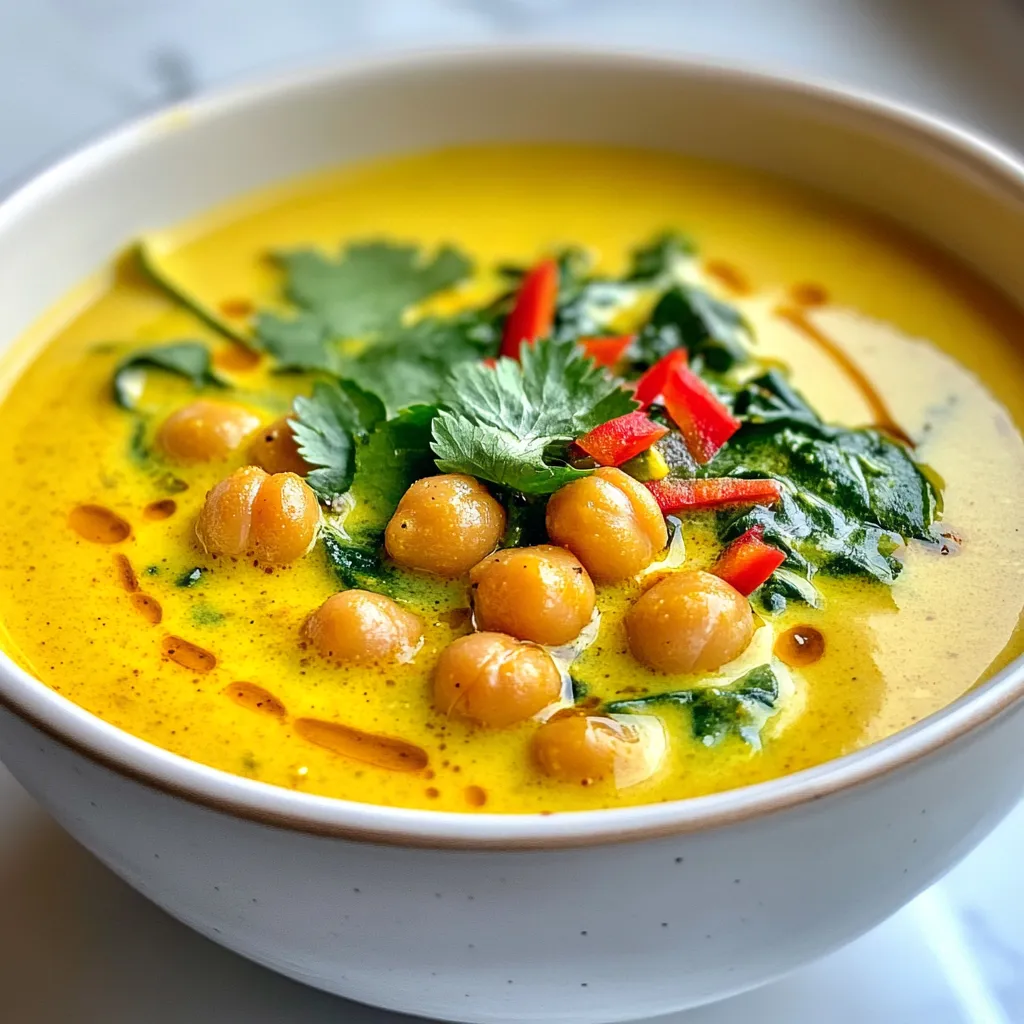 The key parts of Coconut Curry Chickpea Soup create a rich, warm dish. Here’s what you need: - 1 can (15 oz) chickpeas, drained and rinsed - 1 can (14 oz) coconut milk - 2 cups vegetable broth - 1 medium onion, chopped - 2 cloves garlic, minced - 1 tablespoon ginger, minced - 1 tablespoon curry powder - 1 teaspoon ground cumin - 1/2 teaspoon turmeric - 1 red bell pepper, chopped - 1 cup spinach, fresh or frozen - 2 tablespoons olive oil - Salt and pepper to taste - Juice of 1 lime - Fresh cilantro for garnish Using fresh ingredients can enhance flavor. Fresh garlic and ginger bring a bright taste. Canned ingredients, like chickpeas and coconut milk, help save time. They also give you a great base for your soup. Accurate measurements matter in cooking. They help achieve the right taste and texture. For example, if you add too much curry powder, it may overpower the dish. You might not have every ingredient on hand. Here are some common swaps: - Use vegetable stock instead of broth. - Swap lime juice with lemon juice for a similar tang. - If you don’t have fresh spinach, frozen works well. These easy changes keep your soup delicious and fun to make! {{ingredient_image_1}} To make Coconut Curry Chickpea Soup, you will follow a simple process. First, gather your ingredients and tools. Here’s what you need: - Large pot - Cutting board - Knife - Measuring spoons - Can opener You will start by cooking the base ingredients. Then, you will add the liquids and chickpeas. Finally, season and serve. This soup takes about 25 minutes from start to finish. 1. Sauté the Base Ingredients: In your large pot, heat 2 tablespoons of olive oil over medium heat. Add the chopped onion and sauté for about 5 minutes. The onion should look soft and translucent. Next, stir in 2 minced garlic cloves and 1 tablespoon of minced ginger. Cook for 1 more minute. This step makes the flavors pop. 2. Cook the Spices: Now add 1 tablespoon of curry powder, 1 teaspoon of ground cumin, and 1/2 teaspoon of turmeric to the pot. Stir these spices for about a minute. This toasting step enhances their flavor and aroma. 3. Add Vegetables: Toss in 1 chopped red bell pepper. Cook for 3 to 4 minutes until it softens. This adds sweetness and color to your soup. 4. Combine Liquids: Pour in 2 cups of vegetable broth and 14 oz of coconut milk. Bring the mixture to a simmer. This is where the magic begins! 5. Add Chickpeas and Spinach: Stir in 1 can of drained chickpeas and 1 cup of spinach. Cook for about 10 minutes. The spinach should wilt, and the soup will heat through. 6. Season and Brighten: Season with salt and pepper to taste. Squeeze in the juice from 1 lime for a fresh kick. 7. Let it Rest: Remove the pot from heat and let it sit for a couple of minutes. This helps all the flavors meld together. Serve the soup hot. I like to garnish it with fresh cilantro for a pop of color and flavor. This soup pairs well with: - Steamed rice - Crusty bread - Naan These accompaniments make the meal more filling and enjoyable. Enjoy your Coconut Curry Chickpea Soup! How to adjust spice levels To control the heat, start with less curry powder. As you cook, taste the soup. If you want more spice, add a bit more curry powder or some chili flakes. For a milder flavor, add more coconut milk. This will balance the spices while keeping the creamy texture. Enhancing the flavor balance Add lime juice right before serving. It brightens the flavors and brings a fresh taste. You can also mix in a pinch of sugar if the soup feels too tangy. Fresh cilantro on top adds a nice finish. It not only looks great but also brings a fresh herbal note. Preparing ingredients in advance Chop your onions, garlic, and red bell pepper ahead of time. Store them in the fridge for up to two days. You can also drain and rinse your chickpeas the night before. This way, you speed up your cooking time on soup day. Using a slow cooker or Instant Pot Use a slow cooker for a hands-off approach. Just toss in all the ingredients, set it, and forget it. For a quick method, the Instant Pot works wonders. Cook on high pressure for 10 minutes, and you’ll have a delicious soup in no time! Pro Tips Use Fresh Spices: Fresh spices have a stronger flavor compared to older ones. Consider buying whole spices and grinding them just before use for an extra flavor boost. Adjust the Heat: If you like it spicy, add some chopped chili peppers or a dash of cayenne pepper to the soup. Start with a little and adjust to your taste. Enhance with Garnishes: Fresh herbs like cilantro or basil add not just flavor but also a beautiful presentation. Don't skip the garnish for an inviting look! Make it a Meal: Serve this soup with a side of crusty bread or over cooked rice for a heartier meal. It pairs wonderfully with a side salad too! {{image_2}} You can switch up the chickpeas in this soup. Try using lentils or black beans instead. Both add great flavor and texture. For greens, kale or Swiss chard work well in place of spinach. They bring a nice crunch and taste. If you want more protein, add tofu or tempeh. Cube them and cook along with the onion. You can also toss in some cooked chicken or shrimp for a heartier meal. These options keep the soup filling and enjoyable. This soup is naturally vegan and gluten-free. You can enjoy it without worry. If you want a nut-free option, make sure your vegetable broth is nut-free. The coconut milk gives it a creamy texture, so stick to that. For low-calorie changes, use light coconut milk. You can also skip the oil and sauté the onion in broth instead. This will still give you a nice base without added fats. Enjoy the soup guilt-free! To store leftover coconut curry chickpea soup, let it cool first. Once cooled, transfer it to an airtight container. This helps keep the soup fresh and tasty. Store it in the fridge for up to 3 days. If you want to keep the flavors strong, eat it within 2 days. Freezing is a great way to save extra soup. To freeze, let the soup cool completely. Then, pour it into freezer-safe bags or containers. Leave some space at the top because soup expands when frozen. You can freeze it for up to 3 months. When you're ready to eat, take the soup out and thaw it in the fridge overnight. If you need it fast, you can also thaw it in the microwave. After thawing, heat it on the stove until it's hot. Stir often to make sure it heats evenly. Enjoy your delicious soup again! Can I use frozen chickpeas? Yes, you can use frozen chickpeas. Just remember to thaw them before cooking. This helps them cook evenly. Frozen chickpeas may take a little longer to heat up in the soup. What to do if the soup is too thick or too thin? If your soup is too thick, add more vegetable broth or water. Stir well and let it heat up. If it’s too thin, let it simmer longer. This will help the soup thicken. Health benefits of the ingredients Coconut milk adds healthy fats, while chickpeas are rich in protein and fiber. Spinach offers vitamins and minerals. Together, they create a soup that is both tasty and nutritious. Caloric breakdown and serving size One serving has about 250 calories. This includes protein from chickpeas and healthy fats from coconut milk. The soup is filling, making it a great meal choice. How to make it spicier or creamier To make it spicier, add more curry powder or a pinch of cayenne. For a creamier texture, stir in more coconut milk. This will enhance the soup's richness and flavor. What to do if it becomes bland If your soup tastes bland, add more salt or lime juice. Fresh herbs, like cilantro, also boost flavor. A dash of soy sauce can add depth without overpowering the dish. Coconut Curry Chickpea Soup is simple and tasty. We covered key ingredients, the cooking process, and serving suggestions. I shared tips to enhance flavor and save time. You can try variations for all diets and learn about proper storage. This soup is not just a meal; it's a warm hug on a chilly day. Experiment with flavors and enjoy your creation! Eating well is all about making it fun and easy.